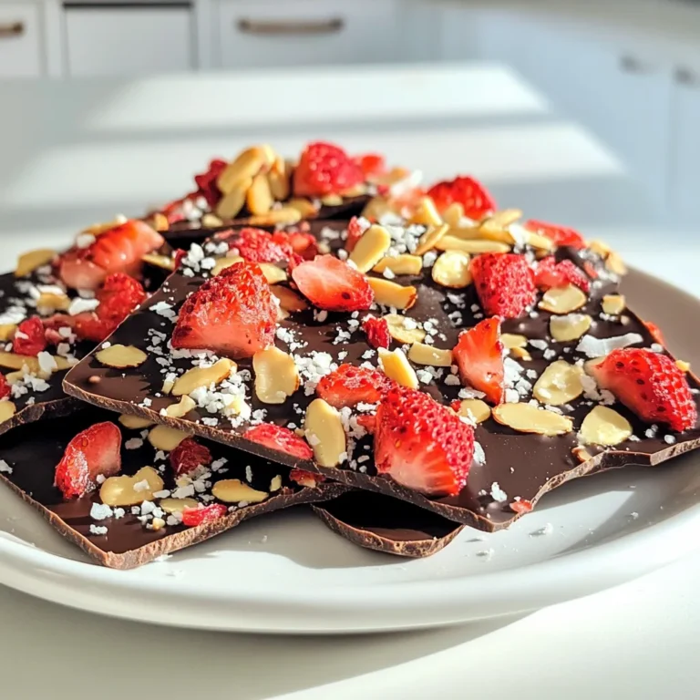 Für die Schokoladeüberzogene Erdbeeren-Bark brauchen wir einige einfache Zutaten. Hier sind die Hauptzutaten: - 340 g dunkle Schokoladenstückchen - 240 ml getrocknete oder gefriergetrocknete Erdbeeren - 80 g Mandelblättchen - 30 g ungesüßte Kokosflocken - Meersalz zum Bestreuen - Optional: 30 ml Kokosöl Diese Zutaten sorgen für einen tollen Geschmack und eine schöne Textur. Die dunkle Schokolade macht die Bark reichhaltig und süß. Die Erdbeeren bringen eine fruchtige Note. Ich empfehle, hochwertige dunkle Schokolade zu verwenden. Dunkle Schokolade hat einen hohen Kakaoanteil. Sie sorgt für einen tiefen und intensiven Geschmack. Marken wie Lindt oder Callebaut sind großartig. Wenn Sie etwas Süßeres wollen, können Sie auch Milchschokolade verwenden. Die Toppings sind wichtig für den Geschmack und das Aussehen. Hier sind einige tolle Alternativen: - Gehackte Nüsse wie Walnüsse oder Haselnüsse - Mini-Schokoladenstückchen für zusätzliche Süße - Trockenfrüchte wie Aprikosen oder Cranberries - Karamellstückchen für einen süßen Kick Diese Optionen geben Ihrer Bark eine persönliche Note. Experimentieren Sie mit verschiedenen Toppings, um Ihre Lieblingskombination zu finden. Zuerst legen Sie ein Backblech mit Backpapier aus. Das Papier hilft, die Bark später leicht zu lösen. Achten Sie darauf, dass das Backblech groß genug ist. Das macht das Verteilen der Schokolade einfacher. Nehmen Sie eine mikrowellenfeste Schüssel. Geben Sie die dunklen Schokoladenstückchen hinein. Wenn Sie Kokosöl verwenden, fügen Sie es ebenfalls hinzu. Erhitzen Sie die Mischung in der Mikrowelle. Machen Sie das in 30-Sekunden-Intervallen. Rühren Sie zwischendurch, bis die Schokolade cremig ist. Achten Sie darauf, die Schokolade nicht zu überhitzen. Gießen Sie die geschmolzene Schokolade auf das Backblech. Verbreiten Sie die Schokolade gleichmäßig mit einem Spatel. Sie sollte etwa 0,5 cm dick sein. Jetzt verteilen Sie die getrockneten Erdbeeren, Mandelblättchen und Kokosflocken. Drücken Sie die Toppings leicht in die Schokolade. So bleiben sie gut haften. Lassen Sie die Schokolade für 30 Minuten bei Zimmertemperatur abkühlen. Danach stellen Sie das Backblech in den Kühlschrank. Lassen Sie die Bark dort für etwa 1 Stunde. Sie sollte fest und hart sein. Sobald sie fertig ist, brechen Sie die Bark in Stücke. Genießen Sie die leckere Schokoladeüberzogene Erdbeeren-Bark! Um die Schokolade gut zu schmelzen, benutze eine mikrowellenfeste Schüssel. Mische die Schokoladenstückchen mit Kokosöl, wenn du es möchtest. Erhitze alles in 30-Sekunden-Intervallen. Rühre die Mischung nach jedem Intervall um. So stellt sich sicher, dass die Schokolade nicht anbrennt. Wenn sie schön cremig ist, bist du bereit, sie zu verwenden. Die Toppings machen die Bark spannend. Du kannst getrocknete Erdbeeren, Mandelblättchen und Kokosflocken verwenden. Aber probiere auch andere Toppings! Nüsse, getrocknete Früchte oder sogar Brezeln passen gut. Du kannst auch verschiedene Schokoladen verwenden. Weiße oder Milchschokolade geben einen anderen Geschmack. Lass deiner Kreativität freien Lauf! Die Präsentation macht einen großen Unterschied. Serviere die Bark auf einer schönen Platte. Füge frische Erdbeeren für Farbe hinzu. Das sieht toll aus und schmeckt auch frisch! Du kannst die Bark auch in kleine Stücke brechen und in Tüten verpacken. So hast du ein schönes Geschenk für Freunde oder Familie. {{image_4}} Für eine süße Variante verwenden Sie weiße Schokolade. Sie schmelzen die weiße Schokolade wie die dunkle. Gießen Sie die geschmolzene Schokolade auf das Backblech. Fügen Sie die getrockneten Erdbeeren und andere Toppings hinzu. Weiße Schokolade hat einen milderen Geschmack und passt gut zu Erdbeeren. Diese Bark wird hübsch und hell. Sie können auch ein wenig Lebensmittelfarbe hinzufügen, um die Bark bunter zu machen. Für eine nussige Note können Sie mehr Nüsse hinzufügen. Mandeln sind großartig, aber auch Walnüsse oder Haselnüsse sind lecker. Hacken Sie die Nüsse grob und streuen Sie sie gleichmäßig über die geschmolzene Schokolade. Die Nüsse geben der Bark einen schönen Crunch. Sie können die Schokolade auch mit Erdnussbutter mischen, um einen nussigen Geschmack zu erzielen. Diese Variante ist ideal für Nussliebhaber. Um eine vegane Bark zu machen, wählen Sie vegane Schokolade. Diese Schokolade enthält keine Milchprodukte. Sie können auch Kokosöl weglassen, wenn Sie möchten. Verwenden Sie einfach die dunklen Schokoladenstückchen. Es gibt viele gute vegane Schokoladenmarken. Achten Sie darauf, dass die Toppings auch vegan sind, wie getrocknete Erdbeeren und Nüsse. Diese vegane Bark schmeckt genauso gut und ist für jeden geeignet. Um die Schokoladeüberzogene Erdbeeren-Bark frisch zu halten, bewahren Sie sie in einem luftdichten Behälter auf. Legen Sie kleine Schichten von Backpapier zwischen die Stücke. So verhindern Sie, dass sie aneinander kleben. Stellen Sie den Behälter an einen kühlen, trockenen Ort, fern von Sonnenlicht. Vermeiden Sie Feuchtigkeit, da sie die Schokolade ruinieren kann. Im Kühlschrank bleibt die Bark etwa zwei Wochen frisch. Bewahren Sie sie in einem luftdichten Behälter auf. Prüfen Sie regelmäßig auf Anzeichen von Schimmel oder Veränderungen in der Textur. Wenn die Bark gut aussieht und riecht, ist sie sicher zu essen. Um die Bark einzufrieren, schneiden Sie sie in Stücke. Wickeln Sie jedes Stück in Frischhaltefolie oder legen Sie sie in einen Gefrierbeutel. Achten Sie darauf, die Luft herauszudrücken, bevor Sie sie verschließen. So bleibt die Bark bis zu drei Monate frisch. Zum Auftauen lassen Sie die Bark einfach bei Raumtemperatur stehen. Genießen Sie den frischen Geschmack, wann immer Sie möchten! Das Schmelzen von Schokolade dauert etwa 2 bis 3 Minuten in der Mikrowelle. Du solltest die Schokolade in 30-Sekunden-Intervallen erhitzen. Rühre die Schokolade nach jedem Intervall gut um. So vermeidest du, dass sie anbrennt. Achte darauf, dass die Schokolade schön cremig ist, wenn du sie herausnimmst. Ja, du kannst gefrorene Erdbeeren verwenden. Es ist wichtig, sie vorher gut abzutropfen. So vermeidest du, dass die Bark matschig wird. Gefrorene Erdbeeren können etwas weicher sein, aber sie schmecken auch sehr gut. Schokoladeüberzogene Erdbeeren-Bark findest du in vielen Süßwarenläden oder online. Viele Bäckereien bieten auch diese Leckerei an. Achte darauf, die Zutatenliste zu prüfen, um sicherzustellen, dass sie frisch sind. Du kannst die Bark ganz nach deinem Geschmack gestalten. Füge Nüsse, getrocknete Früchte oder sogar Gewürze hinzu. Du kannst auch weiße Schokolade oder Milchschokolade verwenden. Sei kreativ! Das macht die Bark besonders und einzigartig. Schokoladeüberzogene Erdbeeren-Bark ist einfach und lecker. Wir haben die besten Zutaten und eine Schritt-für-Schritt-Anleitung besprochen. Ich habe Tipps für perfekte Schokolade und tolle Toppings gegeben. Außerdem kannst du verschiedene Variationen ausprobieren. Vergiss nicht, die Bark gut aufzubewahren, damit sie frisch bleibt. Ob für einen besonderen Anlass oder einfach zum Genießen, diese Bark bringt Freude. Viel Spaß beim Zubereiten und Ausprobieren!