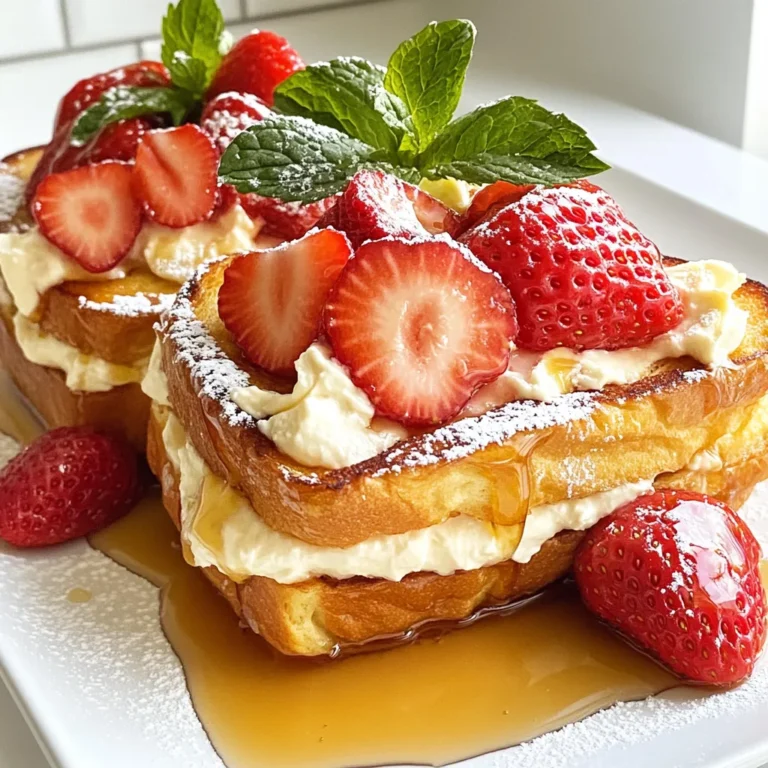 Um diesen köstlichen Erdbeer-Cheesecake-Toast zu machen, brauchst du: - 4 Scheiben dickes Briochebrot - 2 große Eier - 120 ml Milch - 1 Teelöffel Vanilleextrakt - 1/2 Teelöffel Zimt - 125 g Frischkäse, weich - 30 g Puderzucker - 250 g frische Erdbeeren, entstielt und in Scheiben geschnitten - 30 g Butter - Ahornsirup, zum Servieren - Frische Minzblätter, zur Garnitur (optional) Diese Zutaten machen den Toast besonders lecker und cremig. Das Briochebrot gibt dir die perfekte Basis, während die Erdbeeren für frische Süße sorgen. Wenn du etwas anderes ausprobieren möchtest, kannst du verschiedene Zutaten hinzufügen: - Eine Prise Muskatnuss für zusätzlichen Geschmack - Andere Beeren wie Himbeeren oder Blaubeeren - Schokoladensplitter für eine süßere Note - Eine Spritze Schlagsahne für mehr Cremigkeit Diese Optionen helfen dir, den Toast nach deinem Geschmack anzupassen. Wenn du die besten Zutaten auswählst, achte auf Folgendes: - Wähle frische Erdbeeren, die rot und fest sind. - Nutze hochwertiges Briochebrot für den besten Geschmack. - Kaufe Frischkäse, der cremig und ohne Zusatzstoffe ist. - Verwende frische Eier aus Freilandhaltung für mehr Geschmack. Gute Zutaten machen den Unterschied. Sie sorgen dafür, dass dein Erdbeer-Cheesecake-Toast wirklich lecker wird. {{ingredient_image_2}} Beginne mit einer mittelgroßen Schüssel. Schlage zwei große Eier hinein. Füge 120 ml Milch, 1 Teelöffel Vanilleextrakt und 1/2 Teelöffel Zimt hinzu. Nutze einen Schneebesen, um alles gut zu vermengen. Mische, bis die Mischung gleichmäßig aussieht. Dies gibt dem Toast eine schöne, süße Note. Nehme eine separate Schüssel für die Frischkäsemischung. Gib 125 g weichen Frischkäse hinein. Füge 30 g Puderzucker hinzu. Rühre die Mischung glatt und cremig. Diese Mischung wird die köstliche Füllung für dein Sandwich. Stelle die Mischung beiseite, während du das Brot vorbereitest. Nehme eine Scheibe dickes Briochebrot. Verteile eine großzügige Schicht der Frischkäsemischung auf einer Seite. Lege frische Erdbeeren darauf, die du zuvor in Scheiben geschnitten hast. Setze eine weitere Brotscheibe darauf, um ein Sandwich zu bilden. Wiederhole dies für die anderen zwei Scheiben. Erhitze eine große Pfanne oder Grillplatte bei mittlerer Hitze. Füge 30 g Butter hinzu, bis sie schmilzt. Tauche jedes Sandwich kurz in die Eiermischung. Achte darauf, dass beide Seiten gut durchtränkt sind. Lege die Sandwiches in die Pfanne. Brate sie etwa 3-4 Minuten, bis sie goldbraun sind. Nehme die Sandwiches aus der Pfanne und lasse sie kurz ruhen. Halbiere sie für das Servieren. Genieße sie warm, beträufelt mit Ahornsirup. Füge nach Wunsch frische Minzblätter zur Garnitur hinzu. Wähle dickes Briochebrot für den besten Geschmack. Dieses Brot ist weich und süß. Es hält die Füllung gut und gibt eine schöne Textur. Du kannst auch Challah oder ein anderes weiches Brot verwenden. Achte darauf, dass das Brot frisch ist. Das macht einen großen Unterschied im Geschmack. Du kannst das Rezept leicht abändern. Wenn du keine Erdbeeren magst, probiere Himbeeren oder Bananen. Für mehr Crunch füge Nüsse oder Granola hinzu. Magst du es süßer? Füge etwas mehr Puderzucker zur Frischkäsemischung hinzu. Sei kreativ und passe die Füllung nach deinem Geschmack an. Ein häufiger Fehler ist, das Brot zu lange in die Eiermischung zu tauchen. Das Brot wird dann matschig. Tauche es nur kurz ein, damit es gut schmeckt. Ein anderer Fehler ist, die Pfanne zu heiß zu machen. Das Brot kann außen verbrennen, während es innen roh bleibt. Halte die Hitze auf mittlerer Stufe für perfekte Ergebnisse. Pro Tipps Briochebrot wählen: Verwenden Sie frisches, dickes Briochebrot für die beste Textur und den besten Geschmack. Es sollte leicht süßlich sein, um den Käse und die Erdbeeren zu ergänzen. Eier-Mischung anpassen: Für eine reichhaltigere Eiermischung können Sie einen Esslöffel Sahne oder Vollmilch hinzufügen, um die Textur noch cremiger zu machen. Frischkäse aufwärmen: Stellen Sie sicher, dass der Frischkäse Zimmertemperatur hat, bevor Sie ihn verwenden. So lässt er sich leichter und gleichmäßiger verstreichen. Servieren mit Stil: Garnieren Sie das fertige Gericht mit einigen frischen Erdbeeren und Minzblättern, um Farbe und Frische hinzuzufügen, und servieren Sie es mit einem Schuss Ahornsirup. {{image_4}} Du kannst diesen köstlichen Toast vegan gestalten. Ersetze die Eier einfach durch Leinsamen. Mische einen Esslöffel Leinsamen mit drei Esslöffeln Wasser. Lass es 5 Minuten ruhen, bis es dick wird. Verwende eine pflanzliche Milch wie Mandel- oder Hafermilch. Statt Frischkäse kannst du veganen Frischkäse nehmen. Er schmeckt ähnlich und macht den Toast cremig. Wenn du keine Erdbeeren magst, probiere andere Früchte! Himbeeren, Blaubeeren oder sogar Bananen passen gut. Schneide sie klein und belege dein Sandwich damit. Du kannst auch eine Mischung aus verschiedenen Früchten verwenden. Das bringt viele Farben und Geschmäcker auf deinen Teller. Schokolade macht alles besser! Du kannst auch Schokoladenstückchen in die Frischkäsemischung geben. Das gibt dem Toast eine süße Note. Alternativ kannst du den Toast nach dem Braten mit Schokoladensirup beträufeln. Eine Prise Kakao oben drauf macht die Präsentation noch schöner. So wird dein Frühstück auch zu einem tollen Dessert! Du kannst die Reste deines Erdbeer-Cheesecake-Toast leicht aufbewahren. Lass den Toast zuerst abkühlen. Wickele ihn dann in Frischhaltefolie oder lege ihn in einen luftdichten Behälter. So bleibt er frisch. Du kannst ihn bis zu drei Tage im Kühlschrank aufbewahren. Um den Toast wieder aufzuwärmen, benutze eine Pfanne oder den Toaster. Erhitze die Pfanne auf mittlerer Hitze. Lege die Scheiben für ein paar Minuten hinein. Achte darauf, dass sie nicht anbrennen. Wenn du den Toaster benutzt, stelle ihn auf eine mittlere Stufe. So wird der Toast schön warm und knusprig. Im Kühlschrank hält sich der Toast gut für drei Tage. Wenn du ihn länger aufbewahren willst, friere ihn ein. Wickele den Toast gut ein, damit er nicht austrocknet. Im Gefrierschrank bleibt er bis zu zwei Monate frisch. Um ihn wieder zu genießen, tau ihn einfach im Kühlschrank auf oder erhitze ihn direkt. Ja, gefrorene Erdbeeren sind eine gute Option. Sie sind oft reif und süß. Achte darauf, sie vorher aufzutauen. Presse überschüssige Flüssigkeit aus, damit dein Toast nicht matschig wird. Gefrorene Erdbeeren geben dir auch mehr Flexibilität beim Kochen. Du kannst sie das ganze Jahr über nutzen. Um den Zuckergehalt zu senken, kannst du weniger Puderzucker verwenden. Du kannst auch Honig oder Agavendicksaft ausprobieren. Diese Alternativen sind oft süßer, sodass du weniger brauchst. Eine weitere Option ist, die Erdbeeren ungesüßt zu lassen. So bleibt der natürliche Geschmack erhalten. Ich empfehle, deinen Erdbeer-Cheesecake-Toast mit Ahornsirup zu servieren. Er bringt eine schöne Süße mit. Du kannst auch frische Minzblätter für einen zusätzlichen Frischekick nutzen. Ein Glas frisch gepresster Orangensaft passt gut dazu. So hast du ein tolles Frühstück oder Brunch-Erlebnis. Dieser Blogbeitrag führte durch die leckeren Welt des Erdbeer-Cheesecake-Toasts. Wir schauten uns die Zutaten, die Zubereitung und viele Tipps an. Auch Variationen wie vegane Optionen und andere Früchte wurden behandelt. Denke daran, gute Zutaten zu wählen für den besten Geschmack. Vermeide häufige Fehler, um das perfekte Ergebnis zu erzielen. Mit diesen Tipps kannst du selbst köstlichen Toast zaubern, der jeden begeistert. Lass deiner Kreativität freien Lauf!