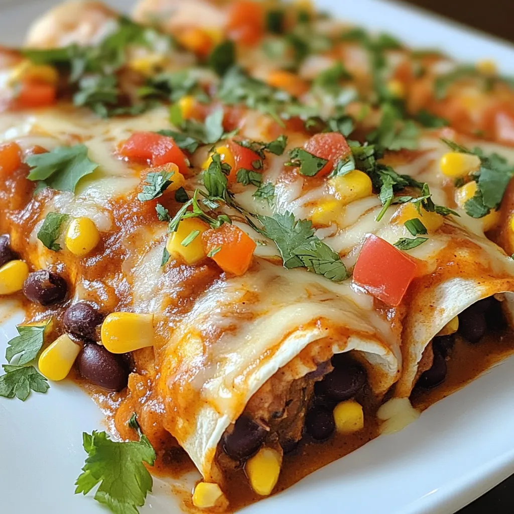 Für diese leckeren Enchiladas brauchst du: - 1 Dose (425 g) schwarze Bohnen, abgetropft und gespült - 1 mittelgroße Zwiebel, fein gehackt - 2 Knoblauchzehen, gehackt - 1 Tasse Maiskörner (frisch oder gefroren) - 1 Tasse gewürfelte Paprika (in jeder Farbe) - 8 kleine Tortillas aus Mais - 2 Tassen Enchilada-Sauce (fertig oder selbstgemacht) - 1 Tasse geriebener Käse (Cheddar oder mexikanische Mischung) - Frischer Koriander zur Garnitur - Sauerrahm oder griechischer Joghurt (optional) Diese Zutaten geben den Enchiladas eine tolle Textur und Geschmack. Die richtigen Gewürze machen den Unterschied. Diese Gewürze verwenden wir: - 1 TL Kreuzkümmel - 1 TL geräuchertes Paprikapulver - 1/2 TL Cayennepfeffer (je nach Schärfewunsch anpassen) Kreuzkümmel gibt einen warmen Geschmack. Geräuchertes Paprikapulver bringt Tiefe. Cayennepfeffer sorgt für die richtige Schärfe. Du kannst die Schärfe nach deinem Geschmack anpassen. Diese Enchiladas schmecken toll mit Beilagen. Hier sind einige Vorschläge: - Frischer Salat mit Limetten-Dressing - Guacamole für einen cremigen Kontrast - Reis als sättigende Beilage - Salsa für extra Geschmack Diese Beilagen ergänzen die Enchiladas perfekt und machen das Essen noch besser. {{ingredient_image_2}} Heize deinen Ofen auf 190 °C vor. Während der Ofen warm wird, erhitze einen Esslöffel Öl in einer großen Pfanne. Füge die fein gehackte Zwiebel hinzu. Brate sie für etwa 5 Minuten, bis sie glasig wird. Dann gib den gehackten Knoblauch dazu. Koche ihn für eine weitere Minute, bis er gut riecht. Jetzt ist es Zeit für die Füllung. Füge die abgetropften schwarzen Bohnen, den Mais und die gewürfelten Paprika in die Pfanne. Streue Kreuzkümmel, geräuchertes Paprikapulver und Cayennepfeffer hinein. Mische alles gut. Lass die Mischung für 5-7 Minuten köcheln. Das Gemüse wird weich und die Aromen verbinden sich. Wenn die Füllung fertig ist, bereite die Tortillas vor. Erwärme sie in einer trockenen Pfanne für ein paar Sekunden auf jeder Seite. Das macht sie flexibler. Nimm eine Tortilla und lege 2-3 Esslöffel der Füllung in die Mitte. Bestreue sie mit etwas Käse. Rolle die Tortilla eng auf und lege sie in eine Auflaufform. Wiederhole das mit den anderen Tortillas. Gieße eine kleine Menge Enchilada-Sauce gleichmäßig auf den Boden der Form. Lege alle gefüllten Tortillas mit der Nahtseite nach unten in die Form. Gieße die restliche Sauce darüber und streue den restlichen Käse darauf. Decke die Form mit Alufolie ab. Backe die Enchiladas 20 Minuten lang. Entferne dann die Folie und backe sie weitere 10-15 Minuten, bis der Käse geschmolzen ist. Garniere die Enchiladas mit frischem Koriander und serviere sie warm. Um die perfekte Füllung zu machen, achte auf die richtige Mischung. Du brauchst die schwarzen Bohnen, Mais und Paprika. Das Gemüse sollte frisch sein, um den besten Geschmack zu erzielen. Brate die Zwiebel und den Knoblauch gut an. So entfalten sie ihr volles Aroma. Mische die Gewürze gut ein. Das bringt die Füllung zum Leben. Lass die Mischung einige Minuten köcheln. So verbinden sich die Aromen und machen sie köstlicher. Du kannst die Enchiladas ganz nach deinem Geschmack anpassen. Füge mehr Gemüse hinzu, wie Zucchini oder Spinat. Für eine herzhaftere Füllung, probiere Hackfleisch oder Hähnchen. Wenn du es schärfer magst, erhöhe den Cayennepfeffer oder füge frische Chilis hinzu. Für eine milde Variante, nimm weniger Gewürze. Du kannst auch verschiedene Käsesorten nutzen, um den Geschmack zu verändern. Ein häufiger Fehler ist, die Tortillas nicht zu erwärmen. Kalte Tortillas reißen leicht. Erwärme sie kurz in einer Pfanne. Ein anderer Fehler ist, die Füllung zu dick zu machen. Das führt zu einem Überlaufen beim Backen. Nutze die richtige Menge Füllung. Achte darauf, die Enchilada-Sauce gleichmäßig zu verteilen. So bleiben die Enchiladas saftig. Und vergiss nicht, die Alufolie während des ersten Backens zu verwenden. So wird der Käse schön schmelzig. Pro Tipps Tortillas vorbereiten: Erwärme die Maistortillas vor dem Falten, um sie flexibler zu machen und Risse zu vermeiden. Schärfe anpassen: Passe die Menge des Cayennepfeffers an, um die Schärfe der Enchiladas nach deinem Geschmack zu steuern. Käsevariation: Experimentiere mit verschiedenen Käsesorten wie Feta oder Mozzarella für einen neuen Geschmack. Frische Kräuter: Frischer Koriander oder Frühlingszwiebeln als Garnitur verleihen den Enchiladas zusätzlichen Geschmack und Farbe. {{image_4}} Du kannst diese Enchiladas leicht vegan machen. Lass einfach den Käse weg oder verwende eine pflanzliche Käsealternative. Ersetze den Sauerrahm durch veganen Joghurt oder Avocado. So bleibt der Geschmack toll und jeder kann sie genießen. Fülle die Tortillas mit weiteren Zutaten. Zum Beispiel passen Spinat, Zucchini oder Pilze gut dazu. Du kannst auch Quinoa oder Reis hinzufügen, um die Enchiladas noch herzhafter zu machen. Sei kreativ und nutze, was du magst. Wenn du es schärfer magst, füge mehr Cayennepfeffer oder frische Chilis hinzu. Hast du Kinder oder Gäste, die es mild mögen? Lass den Cayennepfeffer einfach weg oder reduziere die Menge. So kann jeder seine perfekte Schärfe finden. Wenn du Enchiladas übrig hast, bewahre sie in einem luftdichten Behälter auf. Stelle sicher, dass sie vollständig abgekühlt sind, bevor du sie verpackst. So bleiben sie frisch und lecker. Du kannst sie bis zu drei Tage im Kühlschrank lagern. Wenn du sie wieder aufwärmst, achte darauf, sie gleichmäßig zu erhitzen. Du kannst die Enchiladas auch einfrieren. Wickle sie fest in Frischhaltefolie ein. Lege sie dann in einen gefrierfesten Behälter oder einen Gefrierbeutel. So bleiben sie bis zu drei Monate haltbar. Um die beste Qualität zu erhalten, beschrifte den Behälter mit dem Datum. Um die Enchiladas aufzuwärmen, lege sie in eine Auflaufform. Gieße etwas frische Enchilada-Sauce darüber, um sie saftig zu halten. Decke die Form mit Alufolie ab, um ein Austrocknen zu verhindern. Heize den Ofen auf 180 °C vor und backe sie etwa 20 Minuten lang. Wenn sie heiß sind, kannst du sie mit frischem Koriander und einem Klecks Sauerrahm servieren. Die Schärfe der Enchiladas hängt vom Cayennepfeffer ab. Du kannst ihn anpassen. Wenn du weniger Schärfe möchtest, verwende weniger. Für mehr Schärfe, füge mehr hinzu. So kannst du die Enchiladas deinem Geschmack anpassen. Der geräucherte Paprika gibt auch Geschmack, ohne die Schärfe zu erhöhen. Ja, die Füllung ist sehr flexibel. Du kannst verschiedene Bohnen verwenden, zum Beispiel Pintobohnen oder Kidneybohnen. Auch das Gemüse lässt sich leicht austauschen. Probiere Zucchini, Spinat oder sogar Süßkartoffeln. Du kannst auch Fleisch oder Tofu hinzufügen, wenn du magst. Deiner Kreativität sind keine Grenzen gesetzt! Dieses Rezept ergibt vier Portionen. Jede Portion enthält zwei Enchiladas. Du kannst mehr machen, indem du die Zutaten verdoppelst. So hast du genug für eine größere Gruppe oder für Reste. Enchiladas schmecken auch am nächsten Tag gut! Die würzigen schwarzen Bohnen-Enchiladas sind einfach zuzubereiten. In unserem Blogbeitrag haben wir die Hauptzutaten, Gewürze und passende Beilagen besprochen. Ich habe auch eine Schritt-für-Schritt-Anleitung gegeben, damit du nichts falsch machst. Tipps und Tricks helfen dir, deine Enchiladas perfekt zu machen. Denk daran, du kannst die Füllung anpassen und Reste richtig lagern. Probier dieses Rezept aus und genieße es, deine Familie zu beeindrucken. Gute Mahlzeiten sind einfach schön!