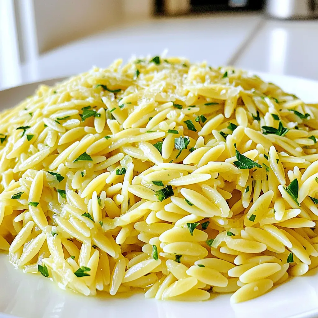 - 1 Tasse Orzo-Pasta - 2 Esslöffel ungesalzene Butter - 3 Knoblauchzehen, gehackt - 1 Esslöffel frischer Zitronensaft - 1 Teelöffel Zitronenschale - 1 Esslöffel frische Petersilie, gehackt - 1 Esslöffel frisches Basilikum, gehackt - Salz und Pfeffer nach Geschmack - ¼ Tasse geriebener Parmesan (optional) Die Hauptzutaten sind einfach und frisch. Orzo ist eine kleine Pasta, die leicht zu kochen ist. Die ungesalzene Butter gibt ein tolles Aroma. Knoblauch bringt viel Geschmack. Zitronensaft und -schale geben Frische. Petersilie und Basilikum sorgen für grüne Farbe und Geschmack. Parmesan ist ein leckerer Zusatz, aber nicht nötig. Sie können noch mehr Geschmack hinzufügen. Ein Spritzer Chiliöl kann das Gericht schärfer machen. Gehackte Oliven geben eine salzige Note. Für eine nussige Note passen geröstete Pinienkerne gut. Wenn Sie es cremiger möchten, fügen Sie mehr Parmesan hinzu. Diese zusätzlichen Zutaten machen das Rezept noch spannender. Wählen Sie frische Kräuter aus. Sie haben mehr Geschmack als getrocknete. Achten Sie darauf, dass die Orzo-Pasta keine Zusatzstoffe hat. Die Butter sollte frisch und ungesalzen sein. Kaufen Sie Bio-Zitronen für den besten Geschmack. Wenn Sie Parmesan verwenden, nehmen Sie einen hochwertigen Käse. Diese kleinen Schritte machen einen großen Unterschied! Zuerst bringe ich 4 Tassen gesalzenes Wasser in einem mittelgroßen Topf zum Kochen. Das Wasser muss sprudelnd sein. Dann füge ich 1 Tasse Orzo-Pasta hinzu. Ich koche die Orzo für etwa 8 bis 10 Minuten. Es ist wichtig, dass die Pasta al dente bleibt. Das bedeutet, sie sollte noch etwas Biss haben. Wenn die Orzo fertig ist, lasse ich sie gut abtropfen. Während die Orzo kocht, schmelze ich 2 Esslöffel ungesalzene Butter in einer großen Pfanne bei mittlerer Hitze. Sobald die Butter geschmolzen ist, füge ich 3 gehackte Knoblauchzehen hinzu. Ich brate den Knoblauch etwa 1 Minute lang an. Dabei rühre ich häufig, damit der Knoblauch nicht bräunt. Der Duft ist einfach himmlisch. Wenn die Orzo abgetropft ist, gebe ich sie direkt in die Pfanne mit der Knoblauchbutter. Dann füge ich 1 Esslöffel frischen Zitronensaft und 1 Teelöffel Zitronenschale hinzu. Auch 1 Esslöffel gehackte Petersilie und 1 Esslöffel gehacktes Basilikum kommen jetzt dazu. Ich vermenge alles gut. Damit die Orzo gleichmäßig mit der Kräuterbutter bedeckt ist, ist gründliches Mischen wichtig. Zum Schluss schmecke ich das Gericht mit Salz und Pfeffer ab. Man kann auch ¼ Tasse geriebenen Parmesan hinzufügen, wenn man möchte. Ich lasse die Mischung etwa eine Minute ruhen. So können sich die Aromen gut entfalten. Um die perfekte Orzo-Pasta zu kochen, beginne mit viel Wasser. Ich nutze immer 4 Tassen gesalzenes Wasser. Das sorgt dafür, dass die Pasta gleichmäßig gart und nicht klebt. Koche die Orzo gemäß den Anweisungen auf der Verpackung, etwa 8 bis 10 Minuten. Überprüfe die Konsistenz, bis sie al dente ist. Wenn du sie zu lange kochst, wird sie matschig. Frische Kräuter bringen mehr Geschmack und Aroma als getrocknete Kräuter. Ich benutze oft frische Petersilie und Basilikum. Sie verleihen der Orzo-Pasta eine lebendige Note. Wenn frische Kräuter nicht verfügbar sind, nutze die getrocknete Variante. Sie sind praktisch, haben aber weniger Intensität. In diesem Fall verwende weniger, etwa einen Teelöffel getrocknete Kräuter. Du kannst das Rezept an deinen Geschmack anpassen. Füge zum Beispiel mehr Zitronensaft hinzu, wenn du es frisch magst. Für einen würzigeren Geschmack sind rote Paprika oder Chili-Flocken eine gute Wahl. Wenn du Käse liebst, mische mehr Parmesan unter die Pasta. Experimentiere mit verschiedenen Kräutern. Dill oder Thymian passen auch gut. Sei kreativ und finde deinen eigenen Lieblingsgeschmack! {{image_4}} Für eine vegane Version von Minute Kräuterbutter-Orzo, ersetze die Butter durch pflanzliche Margarine. Diese gibt einen ähnlichen Geschmack. Du kannst auch Olivenöl verwenden. Das bringt eine tolle Frische. Achte darauf, dass der Parmesan vegan ist oder lasse ihn ganz weg. Der Geschmack bleibt trotzdem großartig. Um dein Gericht noch bunter und nahrhafter zu machen, füge Gemüse hinzu. Spinat, Erbsen oder Paprika passen sehr gut. Einfach das Gemüse in die Pfanne geben, während der Knoblauch brät. Für mehr Protein kannst du Kichererbsen oder gebratenes Hähnchen hinzufügen. Diese Zutaten machen das Gericht sättigender und vollwertiger. Minute Kräuterbutter-Orzo passt super zu vielen Beilagen. Ein frischer Salat mit Tomaten und Gurken ergänzt das Gericht perfekt. Auch gegrillte Zucchini oder Auberginen sind eine tolle Wahl. Sie bringen Farbe und Geschmack. Du kannst auch etwas Brot dazu reichen, um die köstliche Kräuterbutter aufzusaugen. Um Reste von Minute Kräuterbutter-Orzo aufzubewahren, lassen Sie die Pasta zuerst abkühlen. Füllen Sie die abgekühlte Orzo in einen luftdichten Behälter. Sie können auch Frischhaltefolie verwenden. Achten Sie darauf, dass die Reste gut verschlossen sind. So bleiben sie frisch und schmackhaft. Wenn Sie die Orzo wieder aufwärmen möchten, fügen Sie einen kleinen Spritzer Wasser oder Brühe hinzu. Das hilft, die Pasta feucht zu halten. Erwärmen Sie die Orzo in einer Pfanne bei niedriger Hitze. Rühren Sie oft um, damit sie gleichmäßig warm wird. Sie können auch die Mikrowelle benutzen, aber denken Sie daran, die Orzo abzudecken. Im Kühlschrank hält sich die Minute Kräuterbutter-Orzo etwa 3 bis 4 Tage. Wenn Sie die Orzo länger aufbewahren möchten, können Sie sie einfrieren. In einem gefrierfesten Behälter hält sie sich bis zu 3 Monate. Stellen Sie sicher, dass Sie die Orzo gut beschriften, damit Sie das Datum wissen. Das Kochen von Orzo dauert etwa 8 bis 10 Minuten. Zuerst bringst du 4 Tassen gesalzenes Wasser zum Kochen. Dann gibst du die Orzo-Pasta hinein. Rühre gelegentlich um, damit sie nicht kleben bleibt. Wenn die Pasta al dente ist, sei sie ab. Das ist der perfekte Zeitpunkt für die nächste leckere Zubereitung. Ja, du kannst andere Kräuter verwenden! Petersilie und Basilikum sind frisch und lecker, aber du kannst auch Schnittlauch oder Koriander probieren. Frische Kräuter bringen tollen Geschmack. Trockene Kräuter sind auch okay, aber frische sind am besten. Experimentiere mit deinen Lieblingskräutern, um neue Aromen zu entdecken. Leider ist Orzo nicht glutenfrei. Orzo wird aus Hartweizengrieß gemacht. Das bedeutet, dass es Gluten enthält. Wenn du eine glutenfreie Option möchtest, kannst du glutenfreie Pasta verwenden. Viele Marken bieten glutenfreie Alternativen an. So kannst du trotzdem eine köstliche Kräuterbutter-Pasta genießen. Die Minute Kräuterbutter-Orzo ist einfach zuzubereiten und voller Geschmack. Wir haben die besten Zutaten und Tipps für die perfekte Zubereitung geteilt. Denk an frische Kräuter und verschiedene Variationen, um deinem Gericht einen eigenen Twist zu geben. Die richtige Lagerung sorgt dafür, dass Reste frisch bleiben. Jetzt kannst du dein Orzo kreativ anpassen und genießen. Experimentiere ruhig mit anderen Kräutern und Gemüse, um das Gericht zu verfeinern!