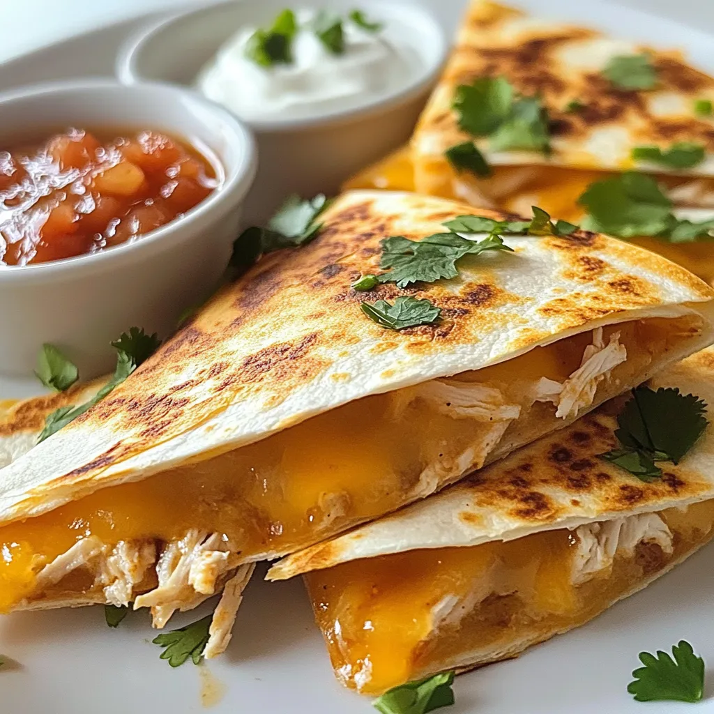 Für die Chipotle-Honig-Hühnchen-Quesadillas brauchst du einige Hauptzutaten. Diese machen dein Gericht lecker und einfach. Hier ist, was du benötigst: - 2 Tassen gekochtes, zerkleinertes Hühnchen - 1 Esslöffel Olivenöl - 2 Esslöffel Chipotlesauce (oder Chipotles in Adobo, püriert) - 3 Esslöffel Honig - 1 Teelöffel gemahlener Kreuzkümmel - 1 Teelöffel Knoblauchpulver - Salz und Pfeffer nach Geschmack - 1 Tasse geriebener Cheddarkäse - 1 Tasse geriebener Monterey Jack Käse - 4 große Weizentortillas Diese Zutaten sind einfach zu finden. Das Hühnchen gibt dir Protein. Die Chipotlesauce und der Honig sorgen für einen süßen und scharfen Geschmack. Gewürze wie Kreuzkümmel und Knoblauchpulver bringen mehr Tiefe in den Geschmack. Die Quesadillas sind nicht nur lecker, sondern auch bunt. Um sie zu garnieren, verwende frischen Koriander. Dies gibt einen frischen Geschmack und sieht gut aus. Du kannst auch Sauerrahm und Salsa dazu servieren. Beides bietet einen schönen Kontrast zu den warmen Quesadillas. Für die Quesadillas empfehle ich, Cheddar und Monterey Jack zu verwenden. Beide Käse schmelzen gut und haben einen tollen Geschmack. Cheddar gibt einen scharfen Biss, während Monterey Jack mild ist. Du kannst auch andere Käsesorten ausprobieren. Gouda oder Mozzarella könnten auch gut passen. Achte darauf, dass der Käse gut schmilzt. So bekommst du die perfekte Quesadilla. {{ingredient_image_2}} Zuerst musst du das Hühnchen vorbereiten. Nimm 2 Tassen gekochtes, zerkleinertes Hühnchen. In einer mittelgroßen Schüssel vermenge das Hühnchen mit 1 Esslöffel Olivenöl, 2 Esslöffeln Chipotlesauce, 3 Esslöffeln Honig, 1 Teelöffel Kreuzkümmel und 1 Teelöffel Knoblauchpulver. Füge Salz und Pfeffer nach Geschmack hinzu. Rühre alles gut durch, bis das Hühnchen gleichmäßig bedeckt ist. Erhitze eine antihaftbeschichtete Pfanne auf mittlerer Hitze. Lege eine Weizentortilla in die Pfanne. Verteile die Füllung auf einer Hälfte der Tortilla. Nutze für den besten Geschmack eine Mischung aus geriebenem Cheddar und Monterey Jack Käse. Klappe die Tortilla über die Füllung. Brate sie 3-4 Minuten, bis sie goldbraun wird. Drehe die Quesadilla um und brate sie für weitere 2-3 Minuten, bis auch die andere Seite goldbraun ist. Um die Quesadilla ohne Zerbrechen zu wenden, benutze einen großen Spatel. Schiebe den Spatel vorsichtig unter die Tortilla. Hebe sie sanft an und drehe sie schnell um. Dies hilft, die Füllung im Inneren zu halten. Wenn du ein wenig Geduld hast, wird es dir leichter fallen. Lass die Quesadilla nach dem Braten eine Minute abkühlen, bevor du sie in Keile schneidest. Um perfekte Quesadillas zu machen, sind frische Zutaten wichtig. Verwende frisches Hühnchen und hochwertigen Käse. Eine gute Mischung aus Cheddar und Monterey Jack sorgt für tollen Geschmack. Erhitze die Pfanne gut, bevor du die Tortilla hinlegst. So wird die Quesadilla schön knusprig. Klappe die Tortilla vorsichtig, um die Füllung nicht zu verlieren. Lass sie nicht zu lange in der Pfanne, damit sie nicht trocken wird. Ein häufiger Fehler ist, zu viel Füllung zu verwenden. Das kann die Tortilla zerreißen. Ein weiterer Fehler ist, die Quesadilla nicht genug zu bräunen. Achte darauf, dass beide Seiten goldbraun sind. Auch die Auswahl des Käses kann wichtig sein. Verwende keinen Käse, der nicht schmilzt. So bleibt die Quesadilla saftig und lecker. Chipotle-Honig-Hühnchen kann schärfer oder milder gemacht werden. Wenn du es schärfer magst, füge mehr Chipotlesauce hinzu. Du kannst auch frische Jalapeños in die Füllung geben. Für eine mildere Variante nimm einfach weniger Sauce oder verwende milde Paprikapaste. Experimentiere mit den Mengen, um deinen perfekten Geschmack zu finden. Pro Tipps Hühnchen vorbereiten: Verwende gerne übrig gebliebenes Hühnchen oder gekochtes Hühnchen für eine schnelle Zubereitung. Je zarter das Hühnchen, desto besser wird der Geschmack. Perfekte Tortilla: Erhitze die Tortilla kurz in der Pfanne, bevor du die Füllung hinzufügst. Dadurch wird sie flexibler und knuspriger beim Braten. Käsemischung: Experimentiere mit verschiedenen Käsesorten wie Gouda oder Pepper Jack für einen zusätzlichen Geschmackskick und mehr Würze. Serviervorschlag: Serviere die Quesadillas mit frischem Limettensaft für eine spritzige Note und kombiniere sie mit Guacamole für einen köstlichen Genuss. {{image_4}} Für eine leckere vegetarische Version der Quesadillas kannst du das Hühnchen durch Bohnen ersetzen. Schwarze Bohnen oder Pintobohnen passen bestens. Mische die Bohnen mit Gemüse wie Paprika oder Zucchini. Du kannst auch Tofu verwenden, um eine proteinreiche Füllung zu schaffen. Würze die Mischung mit Chipotlesauce und Honig für den gleichen Geschmack. Das Rezept ist sehr anpassbar. Du kannst Rindfleisch oder Schweinefleisch verwenden. Langsam gegartes Pulled Pork gibt einen tollen Geschmack. Wenn du Fisch magst, probiere Lachs oder Garnelen. Achte darauf, die Garzeit je nach Protein anzupassen. So bekommst du immer das beste Ergebnis. Die Füllung ist der Schlüssel zu schmackhaften Quesadillas. Experimentiere mit verschiedenen Käsesorten wie Feta oder Gouda. Füge Spinat oder Artischocken für einen frischeren Geschmack hinzu. Du kannst auch Obst wie Ananas oder Mango einfügen, um eine süßere Note zu erreichen. Denk daran, deine Füllung gut zu würzen. Das macht den Unterschied! Lagere die Quesadillas in einem luftdichten Behälter. Stelle sicher, dass sie vollständig abgekühlt sind. Lege ein Blatt Backpapier zwischen jede Quesadilla. So bleibt die Füllung frisch und klebt nicht zusammen. Um Reste aufzuwärmen, benutze eine Pfanne auf mittlerer Hitze. Erhitze die Quesadilla für 2 bis 3 Minuten pro Seite. Du kannst auch einen Toasterofen verwenden. So bleibt die Quesadilla knusprig und lecker. Quesadillas halten sich im Kühlschrank bis zu 3 Tage. Du kannst sie auch einfrieren. Wickel jede Quesadilla in Frischhaltefolie und lege sie in einen Gefrierbeutel. Sie bleiben bis zu 3 Monate frisch. Die Zubereitung der Quesadillas dauert insgesamt etwa 30 Minuten. Du brauchst 10 Minuten, um die Füllung vorzubereiten. Das Braten der Quesadillas dauert dann ca. 20 Minuten. Es ist schnell und einfach, perfekt für ein schnelles Abendessen. Ja, du kannst die Quesadillas auch im Ofen machen. Heize den Ofen auf 200 Grad Celsius vor. Lege die gefüllten Quesadillas auf ein Backblech. Backe sie für etwa 10-12 Minuten, bis sie goldbraun sind. Dies ist eine gute Option, wenn du mehrere Quesadillas auf einmal zubereiten möchtest. Zu den Quesadillas passen viele Beilagen. Hier sind einige Ideen: - Frischer Salat - Guacamole - Salsa - Sauerrahm Diese Beilagen bringen Farbe und Geschmack auf den Teller. Ja, dieses Rezept ist ideal für Meal Prep. Du kannst die Füllung im Voraus zubereiten und im Kühlschrank aufbewahren. Die Quesadillas lassen sich auch gut einfrieren. Wenn du bereit bist zu essen, musst du sie nur aufwärmen. So hast du jederzeit ein schnelles und leckeres Essen. Zusammengefasst haben wir alles Wichtige über Chipotle-Honig-Hühnchen-Quesadillas behandelt. Ich habe die Hauptzutaten, die Zubereitung und Tipps für perfekte Quesadillas erklärt. Variationen und Aufbewahrung sind auch wichtig, um das Gericht frisch zu halten. Denke daran, deine Quesadillas nach deinem Geschmack anzupassen. Mit den richtigen Tipps wird jedes Mal ein Erfolg. Trau dich, kreativ zu sein, und genieße deine leckeren Quesadillas!