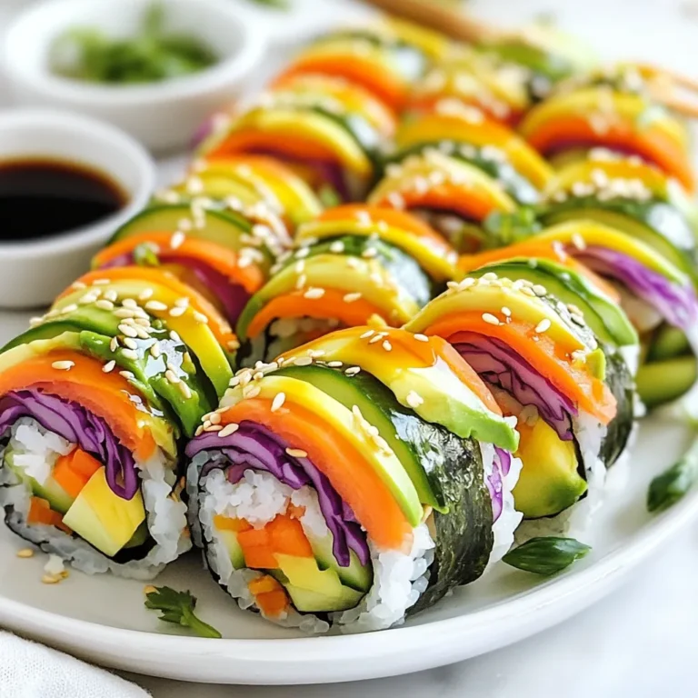 Für die Regenbogen-Veggie-Sushi-Rollen brauchst du einige wichtige Zutaten. Hier ist eine Liste: - 1 Tasse Sushi-Reis - 1 1/4 Tassen Wasser - 4 Blätter Nori (Seetang) - 1 mittelgroße Avocado, in Scheiben geschnitten - 1 kleine Gurke, in feine Streifen geschnippelt - 1 mittelgroße Karotte, in feine Streifen geschnippelt - 1/2 Paprika (jede Farbe), dünn geschnitten - 1/2 Tasse rote oder lila Kohl, fein gehobelt - 1 Esslöffel Reisessig - 1 Teelöffel Zucker - Salz nach Geschmack - Sojasauce (zum Dippen) - Eingelegter Ingwer (optional) - Sesam, zum Garnieren Jede Zutat bringt ihren eigenen Geschmack und Nutzen. Sushi-Reis hat eine klebrige Textur. Das hilft, die Rollen zusammenzuhalten. Nori gibt den Rollen einen leicht salzigen Geschmack. Avocado ist cremig und voller gesunder Fette. Gurke und Karotte fügen Crunch und Frische hinzu. Paprika bringt Süße und Farbe. Roter oder lila Kohl sorgt für einen knackigen Biss und zusätzliche Nährstoffe. Reisessig und Zucker geben dem Reis eine leichte Süße und Balance. Frisches Gemüse macht den Unterschied aus! Achte darauf, dass das Gemüse knackig und leuchtend ist. Wähle reife Avocados, die leicht auf Druck nachgeben. Gurken sollten fest und ohne weiche Stellen sein. Karotten müssen frisch und knackig sein. Für die Paprika suche nach prallen, glatten Früchten. Der Kohl sollte eine lebendige Farbe haben und knackig sein. Frische Zutaten sorgen für einen besseren Geschmack und eine schönere Präsentation deiner Sushi-Rollen. {{ingredient_image_2}} Um den perfekten Sushi-Reis zu machen, beginne mit 1 Tasse Sushi-Reis. Wasche den Reis gut unter kaltem Wasser, bis das Wasser klar ist. Das entfernt die überschüssige Stärke. Gib dann 1 1/4 Tassen Wasser in einen Topf mit dem Reis. Bringe die Mischung bei mittlerer Hitze zum Kochen. Reduziere danach die Hitze und decke den Topf ab. Lass den Reis 20 Minuten köcheln. Nach dem Kochen nimm den Topf vom Herd und lasse ihn 10 Minuten ruhen. In einer kleinen Schüssel vermischst du 1 Esslöffel Reisessig, 1 Teelöffel Zucker und eine Prise Salz. Rühre diese Mischung in den warmen Reis. Lass den Reis auf Zimmertemperatur abkühlen. Lege eine Bambus-Sushi-Matte auf eine saubere Fläche. Platziere ein Blatt Nori mit der glänzenden Seite nach unten. Befeuchte deine Hände, um das Kleben zu vermeiden. Verteile nun etwa 1/4 des Sushi-Reis gleichmäßig über das Nori. Lasse oben einen 2,5 cm breiten Rand. Lege eine Linie aus Avocado, Gurke, Karotte, Paprika und rotem oder lila Kohl in die Mitte des Reises. Beginne von unten und rolle mit Hilfe der Matte das Sushi von dir weg. Übe gleichmäßigen Druck aus, um eine feste Rolle zu formen. Befeuchte die obere Kante des Nori mit etwas Wasser, um die Rolle zu versiegeln. Wiederhole diese Schritte mit den restlichen Zutaten, um weitere Rollen zu erstellen. Um die Sushi-Rollen perfekt zu schneiden, benutze ein scharfes Messer. Schneide jede Rolle in 6-8 Stücke. Wische das Messer zwischen den Schnitten mit einem feuchten Tuch ab. So bleiben die Scheiben sauber und sehen toll aus. Arrangiere die Sushi-Rollen auf einer Platte. Bestreue sie mit Sesam und serviere sie mit Sojasauce sowie eingelegtem Ingwer dazu. Ein häufiger Fehler ist, den Reis zu viel zu drücken. Das macht die Rolle hart und trocken. Achte darauf, den Reis locker zu verteilen. Ein weiterer Fehler ist, zu viele Füllungen zu verwenden. Das kann das Rollen schwierig machen. Halte die Füllungen in Maßen, um eine gute Form zu erreichen. Beginne mit einem sauberen Arbeitsbereich. Lege das Nori-Blatt auf die Matte mit der glänzenden Seite nach unten. Feuchte deine Hände an, damit der Reis nicht kleben bleibt. Verteile den Reis gleichmäßig, aber lasse einen Rand oben frei. Rolle das Sushi sanft, während du gleichmäßig Druck ausübst. Verwende die Matte, um dir zu helfen. Präsentation ist wichtig. Schneide die Sushi-Rollen mit einem scharfen Messer in gleichmäßige Stücke. Wische das Messer zwischen den Schnitten ab, um die Stücke sauber zu halten. Arrangiere die Rollen auf einem schönen Teller. Bestreue sie mit Sesam für einen schönen Look. Serviere sie mit Sojasauce und eingelegtem Ingwer für extra Geschmack. Pro Tips Reis richtig waschen: Achte darauf, den Sushi-Reis gründlich zu waschen, bis das Wasser klar ist. Dies entfernt überschüssige Stärke und sorgt dafür, dass die Rollen beim Rollen nicht zu klebrig werden. Richtige Rolle-Technik: Rolle das Sushi sanft, aber fest mit der Bambusmatte. Übe gleichmäßigen Druck aus, um eine kompakte Rolle zu erhalten, die beim Schneiden nicht auseinanderfällt. Frische Zutaten: Verwende frisches Gemüse, um den besten Geschmack und die beste Textur zu erzielen. Achte darauf, dass alle Zutaten gleichmäßig geschnitten sind, um ein harmonisches Geschmackserlebnis zu gewährleisten. Schneidetechnik: Nutze ein scharfes Messer und wische es zwischen den Schnitten mit einem feuchten Tuch ab. So erhältst du saubere, ansprechende Sushi-Stücke, die die Farben und Texturen deiner Regenbogen-Rollen zur Geltung bringen. {{image_4}} Du kannst bei den Füllungen kreativ sein. Statt Avocado kannst du auch Mango verwenden. Zucchini oder Spargel sind ebenfalls tolle Optionen. Wenn du etwas Crunch magst, sind geröstete Nüsse oder Samen ideal. Für einen scharfen Kick füge etwas Chili hinzu. Die Regenbogen-Veggie-Sushi-Rollen sind von Natur aus vegan. Um glutenfrei zu bleiben, achte darauf, glutenfreie Sojasauce zu verwenden. Du kannst auch Quinoa anstelle von Sushi-Reis verwenden. Das gibt eine neue Textur und ist sehr nahrhaft. Experimentiere mit verschiedenen Geschmäckern! Füge Räuchertofu für eine herzhafte Note hinzu. Du kannst auch frische Kräuter wie Koriander oder Basilikum verwenden. Eine süß-sauren Sauce auf Basis von Mango kann eine spannende Abwechslung bieten. Probiere, was dir am besten schmeckt! Sushi-Rollen bleiben frisch, wenn du sie richtig lagerst. Wickel die Rollen in Frischhaltefolie. Das hält die Feuchtigkeit und verhindert das Austrocknen. Lege sie auf einen Teller und bewahre sie im Kühlschrank auf. So bleiben sie bis zu 24 Stunden genießbar. Hast du noch Gemüse übrig? Nutze es für Salate oder Sandwiches. Du kannst auch eine Gemüsepfanne machen. Wenn du etwas Reis übrig hast, forme kleine Reisbällchen. Diese sind lecker und einfach zuzubereiten. Eingelegter Ingwer schmeckt auch gut in anderen Gerichten. Sushi-Rollen sind am besten frisch. Im Kühlschrank halten sie sich etwa 24 Stunden. Danach wird der Reis trocken und das Gemüse verliert seine Knackigkeit. Achte darauf, die Rollen in einem luftdichten Behälter zu lagern. So verlängerst du ihre Haltbarkeit. Um Sushi-Reis gut zu machen, wasche ihn zuerst. Spüle den Reis unter kaltem Wasser, bis das Wasser klar ist. So entfernst du die Stärke. Danach koche den Reis mit 1 1/4 Tassen Wasser. Lass ihn 20 Minuten köcheln und dann 10 Minuten ruhen. Mische Reisessig, Zucker und Salz unter den warmen Reis, um den perfekten Geschmack zu erreichen. Ja, du kannst andere Gemüsesorten nutzen! Probiere Radieschen, Zucchini oder Spinat. Diese bringen neue Farben und Texturen in deine Rollen. Sei kreativ und kombiniere verschiedene Gemüse. Das macht dein Sushi noch bunter und leckerer. Die Sushi-Rollen sind am besten frisch. Du kannst sie jedoch im Kühlschrank bis zu einen Tag aufbewahren. Wickele sie in Frischhaltefolie, um sie frisch zu halten. Die Füllung kann matschig werden, wenn du sie länger lagerst. Sushi selbst zu machen ist einfach! Mit etwas Übung wirst du schnell besser. Die Schritte sind klar und leicht zu folgen. Wenn du die Technik einmal drauf hast, macht es Spaß. Du kannst auch Freunde einladen, um gemeinsam zu rollen. Typische Beilagen sind Sojasauce, eingelegter Ingwer und Wasabi. Sojasauce ist perfekt zum Dippen. Eingelegter Ingwer erfrischt deinen Gaumen. Du kannst auch etwas Sesam dazu streuen, um den Geschmack zu verbessern. Sushi ist eine tolle Möglichkeit, kreativ zu sein und gesund zu essen. In diesem Beitrag habe ich die Hauptzutaten, die Vorbereitung und die tollen Tipps für deine Sushi-Rollen erläutert. Du kannst auch verschiedene Varianten ausprobieren, um neue Geschmäcker zu entdecken. Denke daran, deine frischen Zutaten gut auszuwählen. Mit diesen Tipps wird das Rollen leichter. Jetzt bist du bereit, leckeres Sushi zu machen und Spaß beim Experimentieren in der Küche zu haben. Lass deine Kreativität sprudeln und genieße dein selbstgemachtes Sushi!