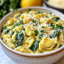 Für diese leckere Pfanne brauchst du: - 1 Tasse Orzo-Pasta - 2 Tassen Gemüsebrühe - 1 Dose (14 oz) Artischockenherzen, abgetropft und geviertelt - 1 Esslöffel Olivenöl - 1 kleine Zwiebel, fein gehackt - 2 Knoblauchzehen, gehackt - 1 Tasse Schlagsahne - Schale von 1 Zitrone - Saft von 1 Zitrone - 1 Tasse frische Spinatblätter - 1/2 Tasse geriebener Parmesan - Salz und Pfeffer nach Geschmack - Frische Petersilie, gehackt (zum Garnieren) Diese Zutaten geben der Pfanne ihren tollen Geschmack. Die frischen Zutaten sorgen für ein gesundes Gericht. Um die Orzo-Pfanne zuzubereiten, benötigst du: - Eine große Pfanne - Ein Schneidebrett - Ein scharfes Messer - Eine Rührschüssel - Einen Messbecher - Einen Holzlöffel Diese Werkzeuge sind einfach zu finden. Sie helfen dir, das Gericht schnell und einfach zuzubereiten. Wähle frische Zutaten für den besten Geschmack: - Orzo: Achte auf eine gute Qualität. Es sollte gleichmäßig geformt sein. - Gemüsebrühe: Wähle eine Brühe ohne Zusatzstoffe. So bleibt der Geschmack rein. - Artischocken: Frische Artischocken sind besser, aber die aus der Dose sind praktisch. - Zitrone: Suche nach festen, schweren Zitronen. Sie haben mehr Saft. - Spinat: Frischer Spinat sollte knackig und grün sein. Vermeide welke Blätter. Mit frischen Zutaten wird dein Gericht noch leckerer und gesünder. {{ingredient_image_2}} Bevor du mit dem Kochen beginnst, bereite alle Zutaten vor. Du brauchst: - 1 Tasse Orzo-Pasta - 2 Tassen Gemüsebrühe - 1 Dose (14 oz) Artischockenherzen, abgetropft und geviertelt - 1 Esslöffel Olivenöl - 1 kleine Zwiebel, fein gehackt - 2 Knoblauchzehen, gehackt - 1 Tasse Schlagsahne - Schale von 1 Zitrone - Saft von 1 Zitrone - 1 Tasse frische Spinatblätter - 1/2 Tasse geriebener Parmesan - Salz und Pfeffer nach Geschmack - Frische Petersilie, gehackt (zum Garnieren) Stelle sicher, dass alles bereit ist. So läuft der Kochprozess glatt. Erhitze das Olivenöl in einer großen Pfanne bei mittlerer Hitze. Füge die gehackte Zwiebel hinzu und brate sie für 4-5 Minuten, bis sie glänzend ist. Nun gib den Knoblauch dazu und koche ihn eine weitere Minute. Rühre die Orzo-Pasta ein und röste sie für 2 Minuten. Achte darauf, dass du oft umrührst. Jetzt gieße die Gemüsebrühe hinein und bringe alles zum Köcheln. Koche die Mischung für 10-12 Minuten. Die Orzo sollte al dente sein und die Brühe fast aufgesogen. Reduziere die Hitze auf niedrig. Füge die Schlagsahne, Zitronenschale und Zitronensaft hinzu. Rühre gut um, bis alles gleichmäßig vermischt ist. Nun falte vorsichtig die gevierten Artischocken und die frischen Spinatblätter ein. Rühre den Parmesan ein und würze die Mischung mit Salz und Pfeffer. Lass alles für 2-3 Minuten auf der Hitze. Der Käse sollte geschmolzen und die Mischung cremig sein. Nimm die Pfanne vom Herd und lasse das Gericht einige Minuten ruhen. So dicken die Aromen gut ein. Serviere die Orzo-Pfanne in flachen Schalen. Garniere sie mit frischer Petersilie und einem zusätzlichen Streuen von Parmesan. Du kannst auch Zitronenschnitze an die Seite legen. So sieht das Gericht frisch und einladend aus. Ein häufiger Fehler ist, die Orzo zu lange zu kochen. Das macht sie matschig. Achte darauf, die Orzo al dente zu kochen. Rühre auch gut um, damit sie nicht zusammenkleben. Wenn du die Schlagsahne hinzufügst, stelle sicher, dass die Hitze niedrig ist. Hohe Hitze kann die Sahne gerinnen lassen. Die Garzeit für Orzo liegt bei etwa 10 bis 12 Minuten. Koche sie in Gemüsebrühe, um mehr Geschmack zu bekommen. Probiere die Orzo nach 10 Minuten. Sie sollten weich, aber noch bissfest sein. Du kannst frisches Gemüse hinzufügen, wie Zucchini oder Paprika. Das gibt mehr Farbe und Nährstoffe. Für einen herzhaften Geschmack füge gebratene Pilze hinzu. Wenn du es schärfer magst, streue ein wenig rote Pfefferflocken hinein. Veganer können die Schlagsahne durch Kokosmilch ersetzen. Pro Tipps Verwendung von frischen Zutaten: Verwende frische Artischockenherzen und Spinat, um den Geschmack und die Textur des Gerichts zu verbessern. Variationen mit Kräutern: Experimentiere mit verschiedenen frischen Kräutern wie Basilikum oder Dill für zusätzlichen Geschmack. Orzo al dente kochen: Achte darauf, die Orzo-Pasta al dente zu kochen, damit sie beim Mischen mit der Sahne nicht zu weich wird. Servieren mit einem Spritzer Zitrone: Ein zusätzlicher Spritzer frischer Zitrone beim Servieren verstärkt das Zitronenaroma und bringt Frische ins Gericht. {{image_4}} Für eine vegetarische Version kannst du die Schlagsahne durch eine pflanzliche Sahne ersetzen. Sie gibt den gleichen cremigen Effekt. Wenn du das Gericht vegan machen möchtest, benutze vegane Parmesan-Alternativen. Auch die Artischocken sind von Natur aus vegan. Diese Änderungen machen das Gericht köstlich und pflanzenbasiert. Um das Rezept glutenfrei zu gestalten, ersetze die Orzo-Pasta durch glutenfreie Pasta. Achte darauf, dass die Gemüsebrühe auch glutenfrei ist. So bleibt der Geschmack stark, ohne Gluten zu verwenden. Diese Anpassungen helfen, Allergien zu vermeiden und das Gericht für jeden zugänglich zu machen. Um mehr Geschmack zu erhalten, füge frische Kräuter wie Basilikum oder Thymian hinzu. Diese Kräuter bringen frische Aromen. Du kannst auch getrocknete Tomaten für einen intensiveren Geschmack verwenden. Ein Spritzer Weißwein beim Kochen kann die Aromen vertiefen. So wird deine Orzo-Pfanne zu einem noch größeren Genuss. Um die Cremige Zitronen-Artischocken-Orzo-Pfanne frisch zu halten, lass sie zuerst abkühlen. Fülle sie dann in einen luftdichten Behälter. Stelle sicher, dass der Behälter gut schließt. So bleibt die Pfanne länger frisch und lecker. Du kannst sie auch in Portionen aufteilen. So hast du einfache, schnelle Mahlzeiten bereit. Wenn du Reste aufwärmen möchtest, gibt es einfache Wege. Du kannst die Orzo-Pfanne in der Mikrowelle aufwärmen. Stelle die Mikrowelle auf mittlere Leistung und erwärme die Pfanne in kurzen Intervallen. Rühre zwischen den Intervallen um. So wird die Hitze gleichmäßig verteilt. Alternativ kannst du die Pfanne in einer kleinen Pfanne auf dem Herd erwärmen. Füge einen Spritzer Brühe oder Wasser hinzu, um die Mischung feucht zu halten. Im Kühlschrank bleibt die Orzo-Pfanne etwa 3 bis 4 Tage frisch. Achte darauf, sie in einem luftdichten Behälter zu lagern. Wenn du sie länger aufbewahren möchtest, friere sie ein. Im Gefrierfach hält sie bis zu 2 Monate. Um die beste Qualität zu sichern, verwende einen Gefrierbeutel oder einen gefriergeeigneten Behälter. Achte darauf, die Luft gut herauszudrücken, bevor du den Behälter schließt. Um deine Orzo-Pfanne glutenfrei zu machen, wähle glutenfreie Orzo-Pasta. Diese Pasta gibt es in vielen Geschäften. Achte darauf, dass die Gemüsebrühe ebenfalls glutenfrei ist. So bleibst du sicher und kannst das Gericht genießen. Ja, du kannst frische Artischocken verwenden. Aber sie brauchen mehr Zeit zur Vorbereitung. Du musst die Blätter schälen und das Herz kochen. Frische Artischocken bringen einen tollen Geschmack. Sie passen gut zu dieser cremigen Mischung. Zu dieser Orzo-Pfanne passen viele Beilagen. Ein einfacher grüner Salat ist eine gute Wahl. Er bringt Frische und Knackigkeit. Du kannst auch geröstetes Gemüse oder knuspriges Brot servieren. Diese Beilagen ergänzen den Geschmack der Pfanne perfekt. Die Cremige Zitronen-Artischocken-Orzo-Pfanne zählt zu meinen Favoriten. Wir haben frische Zutaten ausgewählt, die alles lecker machen. Ich habe dir eine Schritt-für-Schritt-Anleitung gegeben, damit du alles ganz leicht nachkochen kannst. Vergiss nicht die Tipps und Tricks, um Fehler zu vermeiden und das Gericht perfekt zuzubereiten. Ob du Vegetarier bist oder Allergien hast, es gibt viele tolle Variationen. Lagere Reste richtig und genieße sie später! Probiere diese Orzo-Pfanne aus und entdecke, wie vielseitig sie ist.