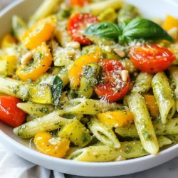 Für das Rezept brauchst du diese Hauptzutaten: - 225 g Pasta (Penne oder Fusilli) - 2 Tassen gemischtes saisonales Gemüse (Paprika, Zucchini, Kirschtomaten, rote Zwiebel), grob gehackt - 3 Esslöffel Olivenöl - Salz und Pfeffer nach Geschmack - 1 Tasse frische Basilikumblätter - 125 g geriebener Parmesan - 80 g Pinienkerne (oder Walnüsse) - 1 Zehe Knoblauch - 1 Esslöffel Zitronensaft Diese Zutaten sind einfach zu finden und machen das Gericht besonders lecker. Frisches Gemüse bringt Farbe und Geschmack. Ich empfehle, saisonales Gemüse zu verwenden. Paprika gibt einen süßen Geschmack. Zucchini sorgt für eine zarte Textur. Kirschtomaten fügen Frische hinzu. Rote Zwiebeln bringen einen milden, süßen Geschmack. Du kannst auch andere Gemüsesorten wählen, die dir gefallen. Wenn du kein bestimmtes Gemüse magst, tausche es aus. Brokkoli oder Karotten passen gut. Für die Nüsse kannst du Walnüsse anstelle von Pinienkernen verwenden. Wenn du vegan kochen möchtest, lasse den Parmesan weg oder verwende einen pflanzlichen Käse. So bleibt die Pasta trotzdem köstlich und gesund. {{ingredient_image_2}} Zuerst heize den Ofen auf 200 °C vor. Das Rösten bringt die Aromen der Gemüse hervor. Nimm die gemischten saisonalen Gemüse und hacke sie grob. Ich empfehle Paprika, Zucchini, Kirschtomaten und rote Zwiebeln. Diese Auswahl sorgt für Farbe und Geschmack. In einer großen Schüssel vermenge die gehackten Gemüse mit 2 Esslöffeln Olivenöl. Füge Salz und Pfeffer hinzu, um die Aromen zu verstärken. Rühre alles gut um, bis das Gemüse gleichmäßig bedeckt ist. Verteile das gewürzte Gemüse auf einem Backblech in einer einzelnen Schicht. Röste das Gemüse für 20 bis 25 Minuten. Rühre das Gemüse zur Halbzeit um, damit es gleichmäßig röstet. Am Ende sollte es zart und leicht karamellisiert sein. Das Rösten bringt die Süße der Gemüse hervor und macht sie besonders lecker. Während das Gemüse röstet, kannst du die Pesto-Sauce zubereiten. Nimm eine Küchenmaschine und füge die frischen Basilikumblätter hinzu. Gib auch den geriebenen Parmesan, die Pinienkerne, die Knoblauchzehe und den Zitronensaft dazu. Füge 1 Esslöffel Olivenöl hinzu. Mixe alles, bis die Sauce glatt und cremig ist. Schmecke die Pesto-Sauce mit Salz und Pfeffer ab. Koche die Pasta nach den Anweisungen auf der Verpackung. Achte darauf, dass sie al dente ist. Nach dem Kochen gieße die Pasta ab und stelle sie beiseite. In einer großen Schüssel vermenge die gekochte Pasta mit dem gerösteten Gemüse. Gieße die Pesto-Sauce über die Pasta und mische alles gut. Du willst, dass jede Nudel gleichmäßig mit der Sauce bedeckt ist. Jetzt hast du ein köstliches Gericht, das sowohl gesund als auch sättigend ist. Um die perfekte Konsistenz des Pesto zu erreichen, achte darauf, die Zutaten gut zu mixen. Beginne mit frischen Basilikumblättern, Parmesan, Pinienkernen und Knoblauch. Füge dann langsam Olivenöl hinzu. Mixe alles, bis es eine glatte, cremige Paste ist. Wenn es zu dick ist, gib einfach mehr Öl dazu. Ein Spritzer Zitronensaft rundet den Geschmack ab und sorgt für Frische. Wähle Gemüse, das gut zusammenpasst. Ich empfehle Paprika, Zucchini, Kirschtomaten und rote Zwiebel. Diese bringen Farbe und Geschmack. Schneide sie grob und vermenge sie mit Olivenöl, Salz und Pfeffer. Röste das Gemüse bei 200 °C für 20-25 Minuten. Achte darauf, das Gemüse in einer einzigen Schicht zu verteilen. So wird es gleichmäßig gar und leicht karamellisiert. Rühre es zur Halbzeit um, damit es nicht ansetzt. Du kannst den Geschmack deines Pestos leicht anpassen. Füge mehr Knoblauch hinzu, wenn du es würziger magst. Für eine nussigere Note, verwende Walnüsse statt Pinienkerne. Experimentiere auch mit Kräutern wie Petersilie oder Spinat. Wenn du es schärfer magst, gib einen Hauch Chili oder Pfeffer dazu. Jede Variante bringt neue Aromen und macht das Gericht spannend! Pro Tipps Gemüse gleichmäßig schneiden: Stellen Sie sicher, dass alle Gemüsestücke gleich groß sind, damit sie gleichmäßig garen und rösten. Pasta al dente kochen: Achten Sie darauf, die Pasta nur bis zur al dente Konsistenz zu kochen, damit sie beim Mischen mit dem Pesto nicht matschig wird. Pesto anpassen: Experimentieren Sie mit verschiedenen Nüssen oder Käsearten, um das Pesto nach Ihrem Geschmack zu variieren. Reste aufbewahren: Bewahren Sie eventuell übrig gebliebene Pasta in einem luftdichten Behälter im Kühlschrank auf und genießen Sie sie am nächsten Tag kalt oder aufgewärmt. {{image_4}} Um diese Pasta vegan zu machen, ersetze den Parmesan. Nimm einfach Hefeflocken. Sie geben einen ähnlichen Geschmack. Du kannst auch Cashewkäse verwenden. Mixe dafür Cashews, Zitronensaft und etwas Wasser. Das macht die Sauce cremig und lecker. Wenn du glutenfrei essen möchtest, wähle glutenfreie Pasta. Es gibt viele Optionen aus Reis oder Linsen. Diese sind genauso lecker. Achte darauf, die Kochzeit anzupassen, da glutenfreie Pasta oft schneller kocht. Nutze das Gemüse, das gerade Saison hat. Im Frühling sind Spargel und Erbsen toll. Im Sommer passen Zucchini und Kirschtomaten gut. Im Herbst kannst du Kürbis verwenden. Diese Anpassungen bringen neue Aromen und Farben in dein Gericht. Wenn Sie Reste von Ihrer gerösteten Gemüse-Pesto-Pasta haben, ist die richtige Aufbewahrung wichtig. Lassen Sie die Pasta zuerst auf Raumtemperatur abkühlen. Dann füllen Sie die Reste in einen luftdichten Behälter. So bleiben die Aromen frisch. Sie können auch die Pasta und das Pesto separat aufbewahren. Das schützt die Pasta vor dem Austrocknen. Um die Pasta wieder zu erwärmen, nutzen Sie einen Topf oder eine Mikrowelle. Wenn Sie den Topf verwenden, fügen Sie etwas Wasser oder Olivenöl hinzu. Dies hilft, die Pasta saftig zu halten. Erhitzen Sie sie bei mittlerer Hitze, bis sie warm ist. In der Mikrowelle können Sie die Pasta in einer Schüssel abdecken und in kurzen Intervallen erhitzen. Rühren Sie nach jedem Intervall um. Im Kühlschrank hält sich Ihre Pasta bis zu drei Tage. Achten Sie darauf, den Behälter gut zu verschließen. Wenn Sie die Pasta länger aufbewahren möchten, können Sie sie einfrieren. Füllen Sie die Pasta in gefriersichere Behälter und lagern Sie diese für bis zu drei Monate. So haben Sie immer eine leckere Mahlzeit zur Hand. Wenn du die Pasta gut lagerst, hält sie bis zu fünf Tage im Kühlschrank. Achte darauf, sie in einem luftdichten Behälter zu verstauen. So bleibt sie frisch und schmackhaft. Wenn du die Pasta nach dem Kochen mit dem Pesto vermischst, kann sie etwas schneller verderben. Trenne die Sauce und die Pasta, wenn du sie länger aufbewahren möchtest. Ja, du kannst das Pesto im Voraus zubereiten! Das macht es einfach, die Pasta schnell zu kochen. Du kannst das Pesto bis zu einer Woche im Kühlschrank lagern. Stelle sicher, dass es in einem luftdichten Behälter ist. Du kannst auch etwas Olivenöl oben drauf gießen, um die frische Farbe zu bewahren. Wenn du es länger brauchst, friere das Pesto ein. So bleibt es bis zu drei Monate frisch. Du kannst verschiedene Nüsse für dein Pesto ausprobieren. Walnüsse sind eine großartige Alternative. Sie geben einen nussigen Geschmack. Mandeln sind auch lecker und bringen eine andere Textur. Cashewkerne machen das Pesto cremiger. Experimentiere mit verschiedenen Nüssen, um deinen perfekten Geschmack zu finden! Diese Blogpost hat alle wichtigen Schritte für geröstete Gemüse-Pesto-Pasta erklärt. Wir haben die Hauptzutaten, hilfreiche Tipps und Variationen besprochen. Du hast nun die besten Methoden, um die Pasta zu kochen und zu lagern. Denke daran, dass du die Zutaten jederzeit anpassen kannst. Genieße das Kochen und probiere neue Kombinationen aus. Es ist einfach, lecker und gesund! Mach das Rezept zu deinem eigenen und teile deine Kreationen mit Freunden.