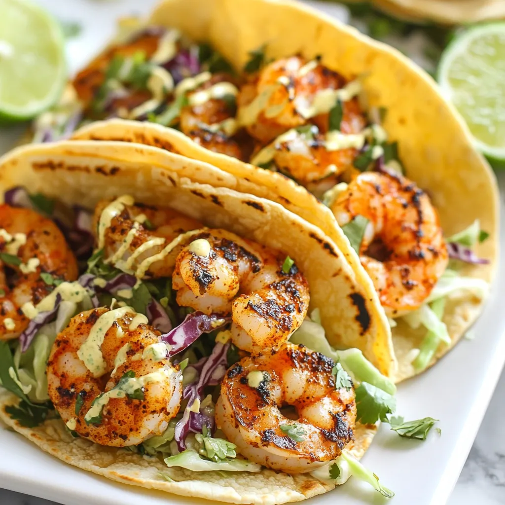 Um die würzigen Garnelen zuzubereiten, benötigst du folgende Zutaten: - 450 g große Garnelen, geschält und entdarmt - 2 Esslöffel Olivenöl - 2 Teelöffel Chilipulver - 1 Teelöffel Kreuzkümmel - 1 Teelöffel Paprika - 1/2 Teelöffel Cayennepfeffer (nach Geschmack anpassen) - Salz und Pfeffer nach Geschmack - 8 kleine Mais- oder Weizentortillas Diese Zutaten sind wichtig, um den Garnelen einen tollen Geschmack zu geben. Das Olivenöl hilft, die Gewürze zu binden. Die Kombination aus Chilipulver, Kreuzkümmel und Paprika sorgt für einen würzigen Kick. Für den Koriander-Limetten-Slaw benötigst du: - 1 Tasse rote Kohl, fein gehobelt - 1 Tasse grüner Kohl, fein gehobelt - 1/4 Tasse frischer Koriander, gehackt - 1/4 Tasse Mayonnaise - 2 Esslöffel Limettensaft - 1 Teelöffel Honig Der Slaw bringt Frische und Knackigkeit zu den Tacos. Der Limettensaft gibt dem Slaw eine spritzige Note, während der Koriander für ein tolles Aroma sorgt. Wenn du keine Garnelen magst, kannst du auch Hähnchen oder Tofu verwenden. Für den Slaw kannst du Joghurt anstelle von Mayonnaise nehmen. Das gibt eine leichtere Variante. Auch andere Kohlsorten wie Wirsing oder Karotten passen gut. Schließlich kannst du die Tortillas durch Salatblätter ersetzen, um eine Low-Carb-Version zu machen. {{ingredient_image_2}} Beginne mit 450 g großen Garnelen. Diese sollten geschält und entdarmt sein. In einer großen Schüssel, vermenge die Garnelen mit 2 Esslöffeln Olivenöl. Füge 2 Teelöffel Chilipulver, 1 Teelöffel Kreuzkümmel, 1 Teelöffel Paprika und 1/2 Teelöffel Cayennepfeffer hinzu. Du kannst den Cayennepfeffer nach Geschmack anpassen. Streue Salz und Pfeffer darüber. Mische alles gut, bis die Garnelen gleichmäßig bedeckt sind. Nimm eine separate Schüssel. Hier gibst du 1 Tasse roten Kohl und 1 Tasse grünen Kohl, beide fein gehobelt. Füge 1/4 Tasse frischen Koriander, 1/4 Tasse Mayonnaise, 2 Esslöffel Limettensaft und 1 Teelöffel Honig hinzu. Vermenge alles vorsichtig. Schmecke den Slaw mit Salz und Pfeffer ab. Achte darauf, dass die Aromen gut harmonieren. Erhitze eine große Pfanne bei mittelhoher Hitze. Füge die Garnelen-Mischung hinzu und brate sie 2-3 Minuten auf jeder Seite. Die Garnelen sollten rosa und undurchsichtig sein. Nimm die Pfanne vom Herd. Erwärme 8 kleine Tortillas in einer trockenen Pfanne oder direkt über einer Flamme für einige Sekunden. Um die Tacos zusammenzustellen, lege eine großzügige Portion der würzigen Garnelen in jede Tortilla. Füge dann eine Schaufel des Koriander-Limetten-Slaws hinzu. Serviere die Tacos mit Limettenscheiben für zusätzlichen Geschmack. Um perfekte Garnelen zu erreichen, achte auf die Garzeit. Gar die Garnelen nur 2-3 Minuten pro Seite. Sie sind fertig, wenn sie rosa und undurchsichtig sind. Vermeide Überkochen, da sie dann gummiartig werden. Verwende frische Garnelen für den besten Geschmack. Mische die Gewürze gut, damit jede Garnele gleichmäßig gewürzt ist. Der Slaw ist der Star der Tacos. Mische roten und grünen Kohl gleichmäßig. Füge frischen Koriander hinzu, um einen frischen Geschmack zu erhalten. Probiere die Mischung und passe die Gewürze an. Ein Spritzer mehr Limettensaft kann den Geschmack aufhellen. Achte darauf, die Mayonnaise gut zu vermengen, damit alles cremig ist. Salz und Pfeffer nach Geschmack hinzufügen, um den perfekten Kick zu erzielen. Die Tortillas sind wichtig für die Tacos. Du kannst sie in einer trockenen Pfanne oder über einer offenen Flamme erwärmen. Achte darauf, sie nicht zu lange zu erhitzen. Nur ein paar Sekunden auf jeder Seite genügen. Dies macht sie weich und biegsam. Das Erwärmen hilft auch, den Geschmack zu intensivieren. Wickel die warmen Tortillas in ein Tuch, um sie warm zu halten, bis du die Tacos zusammenstellst. Pro Tipps Die Garnelen mariniert lassen: Um den Geschmack zu intensivieren, lassen Sie die Garnelen mindestens 30 Minuten in der Marinade ruhen, bevor Sie sie garen. Variieren Sie die Tortillas: Experimentieren Sie mit verschiedenen Tortillavarianten, wie z.B. glutenfreien oder Vollkorn-Tortillas, um neue Geschmackserlebnisse zu schaffen. Frische Kräuter verwenden: Frischer Koriander verleiht den Tacos einen intensiven Geschmack. Wenn Sie keinen Koriander mögen, können Sie auch frische Petersilie verwenden. Akzentuieren Sie den Slaw: Fügen Sie zusätzliche Zutaten wie Avocado, Jalapeños oder geröstete Nüsse hinzu, um Ihrem Koriander-Limetten-Slaw mehr Textur und Geschmack zu verleihen. {{image_4}} Wenn Sie eine fleischfreie Option möchten, probieren Sie gebratene Paprika oder Zucchini. Diese Gemüse sind einfach zuzubereiten und passen gut zu den Tacos. Sie können auch Kichererbsen verwenden, um eine proteinreiche Füllung zu bieten. Würzen Sie das Gemüse mit den gleichen Gewürzen wie die Garnelen für einen tollen Geschmack. Die Gewürze sind der Schlüssel zum Geschmack. Sie können die Garnelen mit verschiedenen Gewürzen anpassen. Fügen Sie etwas Knoblauchpulver oder Zwiebelpulver hinzu, um mehr Tiefe zu erzielen. Für mehr Schärfe können Sie frische Jalapeños oder eine scharfe Salsa verwenden. Experimentieren Sie mit verschiedenen Kräutern wie Oregano oder Thymian, um neue Aromen zu entdecken. Sie können die Tacos mit verschiedenen Beilagen servieren. Salsa, Guacamole oder ein frischer Salat passen gut dazu. Für einen zusätzlichen Crunch sind Tortilla-Chips eine tolle Wahl. Limettenscheiben sind auch wichtig, um den Geschmack zu heben. Diese Beilagen machen Ihre Mahlzeit noch besser und bunter! Bewahre die Reste der Garnelen-Tacos in einem luftdichten Behälter auf. Stelle sicher, dass die Tacos getrennt von dem Slaw sind. So bleibt die Tortilla knusprig. Du kannst die Garnelen bis zu drei Tage im Kühlschrank aufbewahren. Der Slaw hält sich ebenfalls gut und bleibt frisch. Um die Reste aufzuwärmen, nutze eine Pfanne. Erhitze die Garnelen bei mittlerer Hitze. Achte darauf, dass sie nicht austrocknen. Die Tortillas kannst du kurz in der Pfanne oder Mikrowelle aufwärmen. So werden sie wieder weich und lecker. Frische Garnelen halten sich im Kühlschrank zwei bis drei Tage. Achte darauf, sie gut verpackt zu lagern. Kohl und Koriander bleiben im Kühlschrank eine Woche frisch. Limetten solltest du kühl und trocken lagern, sie halten sich bis zu zwei Wochen. Diese Tacos sind im Kühlschrank etwa zwei Tage haltbar. Achte darauf, sie in einem luftdichten Behälter zu lagern. Wenn du die Garnelen und den Slaw getrennt aufbewahrst, bleibt alles frisch. Tacos mit frischen Zutaten sind am besten, wenn du sie sofort isst. Ja, gefrorene Garnelen sind eine gute Option. Achte darauf, sie vor der Zubereitung gut aufzutauen. Du kannst sie über Nacht im Kühlschrank auftauen lassen. Alternativ kannst du sie in kaltem Wasser auftauen. Frische Garnelen sind lecker, aber gefrorene sind praktisch. Zu diesen Tacos passen viele Beilagen gut. Hier sind einige Ideen: - Reis mit Limette - Bohnen-Salat - Avocado-Scheiben - Salsa oder Guacamole - Maiskolben Diese Beilagen ergänzen die Aromen der Tacos. Sie machen das Essen noch besser! Die Zutaten und die Zubereitung dieser würzigen Garnelen-Tacos sind einfach. Wir haben die Hauptzutaten und köstliche Variationen betrachtet. Ich habe Ihnen gezeigt, wie Sie perfekt gegarte Garnelen und leckeren Koriander-Limetten-Slaw zubereiten. Achten Sie auf die Lagerhinweise, damit nichts verschwendet wird. Diese Tacos sind nicht nur schmackhaft, sondern auch anpassbar. Experimentieren Sie mit verschiedenen Zutaten und Beilagen. So bringen Sie frischen Wind in Ihr Menü und bleiben kreativ.