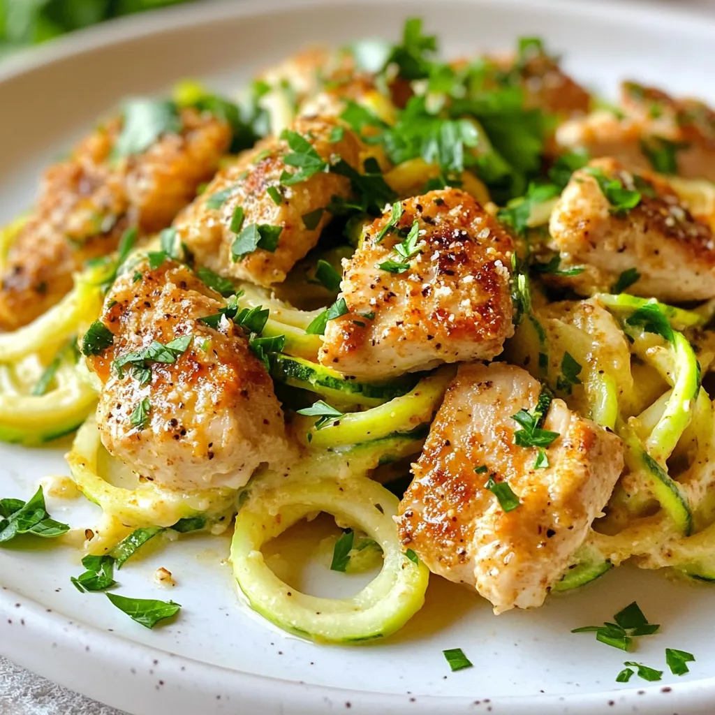 Für Cajun Chicken Alfredo Zoodles brauchst du einige frische und einfache Zutaten. Hier ist die Liste: - 2 mittelgroße Zucchini (Zoodles) - 450 g Hähnchenbrustfilet, ohne Knochen und Haut, in Scheiben geschnitten - 1 Esslöffel Cajun-Gewürz - 2 Esslöffel Olivenöl - 240 ml Schlagsahne - 100 g geriebener Parmesan - 2 Knoblauchzehen, fein gehackt - Salz und Pfeffer nach Geschmack - Frische Petersilie, gehackt, zum Garnieren Die Mengen sind für vier Portionen gedacht. Das Hähnchen sollte frisch sein. Achte darauf, dass deine Zucchini fest und glänzend sind. Diese sind am besten für die Zoodles. Wenn du keinen Spiralschneider hast, kannst du auch einen Gemüseschäler verwenden. Wähle Zucchini, die klein bis mittelgroß sind. Sie sollten keine weichen Stellen haben. Das gibt die besten Zoodles. Für das Hähnchen ist frisches, hochwertiges Filet wichtig. Es sollte rosa und saftig sein. Wenn möglich, kaufe Bio-Hähnchen für besseren Geschmack und Qualität. {{ingredient_image_2}} Um die Zoodles zu machen, benötigst du einen Spiralschneider. Beginne mit zwei mittelgroßen Zucchini. Wasche sie gründlich und schneide die Enden ab. Setze die Zucchini in den Spiralschneider und drehe sie, um lange, dünne Zoodles zu erhalten. Achte darauf, gleichmäßigen Druck auszuüben, damit die Zoodles schön gleichmäßig sind. Lege die Zoodles in eine Schüssel und stelle sie beiseite. Sie sollten frisch und knackig aussehen. Zoodles sind eine tolle, gesunde Alternative zu Pasta. Nehme nun 450 Gramm Hähnchenbrustfilet. Schneide es in dünne Scheiben. Gib die Hähnchenstücke in eine Schüssel und füge einen Esslöffel Cajun-Gewürz hinzu. Mische alles gut, bis das Hähnchen gleichmäßig bedeckt ist. Erhitze zwei Esslöffel Olivenöl in einer großen Pfanne bei mittlerer bis hoher Hitze. Lege das gewürzte Hähnchen in die Pfanne. Brate es für etwa 5 bis 7 Minuten, bis es goldbraun und durchgegart ist. Danach nimm das Hähnchen aus der Pfanne und lege es auf einen Teller. In derselben Pfanne bleibt das Aroma des Hähnchens. Füge einen Esslöffel Olivenöl hinzu und gib zwei fein gehackte Knoblauchzehen hinein. Brate den Knoblauch für etwa eine Minute, bis er duftet. Gieße nun 240 Milliliter Schlagsahne in die Pfanne. Lass die Mischung sanft köcheln und rühre dabei gelegentlich um. Nach etwa drei Minuten füge 100 Gramm geriebenen Parmesan hinzu. Rühre, bis der Käse schmilzt und die Sauce cremig wird. Schmecke die Sauce mit Salz und Pfeffer ab. Gib jetzt die Zoodles in die Sauce. Wende sie vorsichtig, damit sie gleichmäßig beschichtet sind. Lasse sie 2 bis 3 Minuten kochen, bis sie zart sind, aber noch Biss haben. Füge schließlich das gebratene Hähnchen wieder in die Pfanne. Vermenge alles gut, damit die Aromen sich verbinden. Jetzt ist dein Cajun Chicken Alfredo Zoodles bereit zum Servieren! Um Zoodles perfekt zuzubereiten, nutzen Sie einen Spiralschneider. Wählen Sie frische, feste Zucchini für den besten Geschmack. Schneiden Sie die Enden ab, bevor Sie sie spiralieren. Achten Sie darauf, die Zoodles nach dem Schneiden leicht zu salzen. Das hilft, überschüssige Feuchtigkeit zu entziehen. Lassen Sie sie 10 Minuten ruhen, dann abtropfen. So bleiben sie knackig. Um die Sauce schön cremig zu machen, verwenden Sie frische Schlagsahne. Sie gibt der Sauce einen reichhaltigen Geschmack. Fügen Sie den geriebenen Parmesan langsam hinzu. Rühren Sie gut um, bis er vollständig geschmolzen ist. Wenn die Sauce zu dick wird, können Sie einen Schuss Milch hinzufügen. Dies hilft, die gewünschte Konsistenz zu erreichen. Um den Geschmack zu verbessern, experimentieren Sie mit weiteren Gewürzen. Paprika oder geräucherter Paprika geben eine schöne Note. Auch ein Hauch von Cayennepfeffer sorgt für einen zusätzlichen Kick. Frische Kräuter wie Basilikum oder Thymian können ebenfalls den Geschmack heben. Fügen Sie diese zum Schluss hinzu, um die Aromen zu bewahren. Pro Tipps Frische Zucchini wählen: Achten Sie darauf, frische und feste Zucchini zu wählen, um die besten Zoodles zu erhalten. Vermeiden Sie Zucchini, die weich oder fleckig sind. Gewürze anpassen: Passen Sie die Menge des Cajun-Gewürzes nach Ihrem Geschmack an. Wenn Sie es schärfer mögen, fügen Sie etwas mehr hinzu oder kombinieren Sie es mit Cayennepfeffer. Sauce cremiger machen: Um die Sauce noch cremiger zu machen, können Sie zusätzlich einen Schuss Frischkäse oder mehr Parmesan hinzufügen, bevor Sie die Zoodles einrühren. Reste richtig lagern: Falls Reste übrig bleiben, bewahren Sie die Zoodles getrennt von der Sauce auf, um ein Verweichen zu verhindern. So bleiben sie frisch und bissfest. {{image_4}} Zoodles sind eine tolle Basis für viele Gemüse. Du kannst Karotten, Paprika oder Spinat hinzufügen. Diese Gemüse bringen Farbe und Nährstoffe. Schneide sie klein und brate sie mit dem Hähnchen an. So bekommst du mehr Vitamine und Mineralien in dein Gericht. Für eine vegetarische Version kannst du das Hähnchen durch Tofu ersetzen. Mariniere den Tofu ähnlich wie das Hähnchen. Außerdem kannst du die Schlagsahne durch Kokosmilch oder Cashew-Sahne ersetzen. Diese Alternativen sind cremig und lecker. Verwende auch vegane Parmesan-Alternativen, um den Käsegeschmack zu bekommen. Wenn du eine laktosefreie Option suchst, nutze laktosefreie Sahne und Käse. Diese Produkte sind leicht erhältlich und schmecken gut. Für eine kalorienärmere Version kannst du griechischen Joghurt verwenden. Mische ihn am Ende unter die Sauce für eine cremige Textur. Diese Optionen helfen, dass jeder das Gericht genießen kann, egal welche Diät er verfolgt. Wenn Sie Zoodles und Sauce übrig haben, bewahren Sie sie in einem luftdichten Behälter auf. Trennen Sie die Zoodles von der Sauce, um die Textur zu erhalten. Zoodles können matschig werden, wenn sie in der Sauce bleiben. Lagern Sie sie im Kühlschrank für bis zu drei Tage. Um die Zoodles wieder zu erwärmen, können Sie sie in einer Pfanne bei mittlerer Hitze leicht anbraten. Fügen Sie einen Spritzer Wasser hinzu, um Dampf zu erzeugen. Dies hilft, die Zoodles zart zu halten. Die Sauce können Sie in der Mikrowelle oder in einem kleinen Topf erhitzen. Rühren Sie sie gut um, damit sie gleichmäßig warm wird. Im Kühlschrank sind die Zoodles und die Sauce bis zu drei Tage haltbar. Wenn Sie sie länger aufbewahren möchten, frieren Sie die Sauce und Zoodles getrennt ein. Im Gefrierschrank halten sie bis zu drei Monate. Lassen Sie die Zoodles vor dem Verzehr im Kühlschrank auftauen. Wenn Sie keinen Spiralschneider haben, können Sie ein Gemüsemesser verwenden. Schneiden Sie die Zucchini in dünne, lange Streifen. Achten Sie darauf, dass die Streifen gleichmäßig sind. Dies gibt Ihnen ähnliche Ergebnisse wie bei Zoodles. Sie können auch einen Julienner verwenden. Es ist einfach und macht Spaß! Für eine glutenfreie Variante verwenden Sie einfach glutenfreies Hähnchen. Das Cajun-Gewürz ist in der Regel glutenfrei. Achten Sie dabei auf die Sauce. Verwenden Sie glutenfreie Sahne und Parmesan. So bleibt das Gericht lecker und sicher für alle. Sie können die Zoodles bis zu zwei Stunden vor dem Servieren zubereiten. Lagern Sie sie in einem luftdichten Behälter im Kühlschrank. Achten Sie darauf, sie nicht zu lange stehen zu lassen. So bleiben sie frisch und knackig. Dieser Blogbeitrag bietet einen klaren Überblick über die Zutaten und Schritte zur Herstellung von Zucchini-Nudeln mit Cajun Hähnchen. Du hast gelernt, welche Zucchini und Hähnchen die besten sind, und wie man Zoodles sowie die cremige Cajun Alfredo Sauce zubereitet. Zudem hast du wertvolle Tipps für Geschmack und Variationen entdeckt. Du kannst die Reste einfach lagern und aufbereiten. Experimentiere mit den verschiedenen Anpassungen und genieße deine köstliche Mahlzeit! Dies wird deinen Speiseplan frisch und aufregend halten.