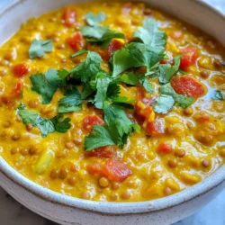 Für mein cremiges Kokos-Linsen-Curry benötigst du einige einfache Zutaten. Hier ist, was du brauchst: - 1 Tasse rote Linsen, gut abgespült - 1 Dose (400 ml) Kokosmilch - 1 mittelgroße Zwiebel, fein gehackt - 2 Knoblauchzehen, zerdrückt - 1 Stück Ingwer (ca. 2,5 cm), fein gehackt - 1 Dose (400 g) gehackte Tomaten - 500 ml Gemüsebrühe - 2 Esslöffel Currypulver - 1 Teelöffel Kreuzkümmel - 1 Teelöffel Kurkuma - 1 Esslöffel Olivenöl - Salz und Pfeffer nach Geschmack - Frischer Koriander zum Garnieren - Saft von einer halben Zitrone Frische Zutaten sind der Schlüssel. Ich empfehle, die Zwiebel und den Knoblauch frisch zu verwenden. Das gibt dem Curry mehr Geschmack. Achte darauf, die Linsen gut abzuspülen, um die Stärke zu entfernen. Dies hilft, das Curry cremiger zu machen. Verwende frischen Ingwer, um die Aromen zu intensivieren. Kokosmilch aus einer Dose sorgt für die nötige Cremigkeit. Wenn du die besten Zutaten wählst, achte auf Qualität. Kaufe biologische Linsen, wenn möglich. Sie haben oft mehr Geschmack. Wähle eine Kokosmilch, die keine Zusatzstoffe enthält. Achte auf die Frische von Gemüse. Bei Gewürzen ist es wichtig, sie gut zu lagern. Frische Gewürze geben mehr Aroma. Überprüfe das Haltbarkeitsdatum der gehackten Tomaten. Frische Zutaten machen dein Curry noch besser! {{ingredient_image_2}} Um das cremige Kokos-Linsen-Curry zuzubereiten, befolge diese Schritte: 1. Erhitze 1 Esslöffel Olivenöl in einem großen Topf bei mittlerer Hitze. 2. Füge 1 fein gehackte Zwiebel hinzu und brate sie, bis sie glasig ist, etwa 5 Minuten. 3. Rühre 2 zerdrückte Knoblauchzehen und 1 Stück fein gehackten Ingwer für 1-2 Minuten ein. 4. Gib 2 Esslöffel Currypulver, 1 Teelöffel Kreuzkümmel und 1 Teelöffel Kurkuma dazu und röste die Gewürze für 1 Minute. 5. Gieße 1 Dose gehackte Tomaten und 500 ml Gemüsebrühe hinein. Füge 1 Tasse gut abgespülte rote Linsen hinzu. 6. Rühre alles gut um, bis die Zutaten gut vermischt sind. 7. Lasse die Mischung sanft aufkochen, reduziere die Hitze und decke den Topf ab. Koche das Curry 20 Minuten lang. 8. Rühre 1 Dose Kokosmilch ein und lasse das Curry weitere 5-10 Minuten köcheln. 9. Schmecke das Curry mit Salz und Pfeffer ab. 10. Füge den Saft von einer halben Zitrone hinzu und rühre um. 11. Serviere das Curry heiß, garniert mit frischem Koriander. Um den besten Geschmack zu erzielen, achte auf Folgendes: - Röste die Gewürze gut, bevor du die Flüssigkeiten hinzufügst. Das bringt die Aromen hervor. - Lass die Linsen nicht zu lange kochen, damit sie nicht zerfallen. Sie sollen weich, aber ganz bleiben. - Verwende frische Kräuter zum Garnieren. Frischer Koriander bringt einen tollen Geschmack. Du kannst die Kochzeit und Temperatur nach deinem Geschmack anpassen: - Wenn du ein dickeres Curry möchtest, lasse es länger köcheln. So verdampft mehr Flüssigkeit. - Für ein dünneres Curry füge mehr Gemüsebrühe oder Kokosmilch hinzu. - Koche bei niedrigerer Hitze, um die Aromen langsamer zu entfalten. Um dein cremiges Kokos-Linsen-Curry noch besser zu machen, kannst du einige Tricks anwenden: - Gewürze anpassen: Probiere verschiedene Gewürze aus. Füge etwas Zimt oder Chili hinzu für mehr Tiefe. - Zitrusfrüchte: Ein Spritzer Limettensaft kann den Geschmack aufhellen. Es bringt Frische in das Curry. - Kräuter: Frischer Koriander am Ende sorgt für ein tolles Aroma. Auch Minze passt gut. - Einfache Extras: Ein Löffel Erdnussbutter oder Mandelmus kann eine cremige Note geben. Beim Kochen können Fehler passieren. Hier sind einige Tipps, um Probleme zu vermeiden: - Zu lange kochen: Linsen sollten nicht zu weich sein. Sie verlieren ihre Form und Textur. - Zu viel Salz: Füge Salz nach und nach hinzu. So kannst du den Geschmack besser kontrollieren. - Falsche Hitze: Bei zu hoher Hitze kann das Curry anbrennen. Koche immer bei mittlerer bis niedriger Hitze. - Nicht umrühren: Vergiss nicht, während des Kochens zu rühren. So verbinden sich die Aromen gut. Du kannst viele Schritte vorab erledigen, um Zeit zu sparen: - Linsen vorbereiten: Spüle die Linsen am Abend vorher ab. So sind sie bereit zum Kochen. - Gemüse hacken: Hacke die Zwiebel, den Knoblauch und den Ingwer vorab. Bewahre sie in einem Behälter im Kühlschrank auf. - Gewürze mischen: Mische die Gewürze in einer kleinen Schüssel. So hast du alles bereit, wenn es losgeht. - Curry vorkochen: Du kannst das Curry einen Tag vorher kochen. Am nächsten Tag schmeckt es oft noch besser! Pro Tips Wählen Sie die richtigen Linsen: Rote Linsen sind ideal für dieses Curry, da sie schnell garen und eine cremige Konsistenz entwickeln. Vermeiden Sie grüne oder braune Linsen, da diese länger zum Kochen brauchen und nicht so gut zerfallen. Frische Gewürze verwenden: Wenn möglich, verwenden Sie frische Gewürze anstelle von gemahlenen, um das Aroma und den Geschmack Ihres Currys zu intensivieren. Rösten Sie ganze Gewürze vor dem Mahlen leicht an, um die Aromen freizusetzen. Die perfekte Konsistenz: Wenn das Curry zu dick wird, fügen Sie einfach etwas mehr Gemüsebrühe oder Kokosmilch hinzu, um die gewünschte Konsistenz zu erreichen. Achten Sie darauf, das Curry während des Kochens regelmäßig umzurühren. Variationen hinzufügen: Experimentieren Sie mit dem Rezept, indem Sie zusätzliches Gemüse wie Spinat, Süßkartoffeln oder Erbsen hinzufügen. Diese Zutaten verleihen dem Gericht nicht nur mehr Nährstoffe, sondern auch interessante Texturen und Farben. {{image_4}} Du kannst dein Curry leicht anpassen, indem du Gemüse hinzufügst. Hier sind einige Ideen: - Karotten: Schneide sie klein und füge sie früh hinzu. Sie geben eine süße Note. - Spinat: Rühre frischen Spinat kurz vorm Servieren ein. Er wird zart und bleibt grün. - Paprika: Schneide sie in Stücke und füge sie mit den Zwiebeln hinzu. Sie bringen Farbe. - Blumenkohl: Teile ihn in kleine Röschen und koche ihn mit den Linsen. Er gibt eine tolle Textur. Um dein Curry noch nährstoffreicher zu machen, kannst du verschiedene Proteine hinzufügen: - Kichererbsen: Eine Dose Kichererbsen passt gut. Sie sind sättigend und gesund. - Tofu: Schneide festen Tofu in Würfel und brate ihn an. Er nimmt den Geschmack super auf. - Hühnchen: Für Fleischesser kannst du gewürfeltes Hühnchen vorher anbraten. Es wird saftig und zart. Wenn du es scharf magst, gibt es viele Wege, dein Curry zu würzen: - Chiliflocken: Streue ein wenig in die Gewürze. So wird das Curry schnell schärfer. - Frische Chilis: Hacke diese klein und gebe sie mit dem Knoblauch dazu. Sie bringen Hitze. - Cayennepfeffer: Eine Prise reicht oft aus, um das Gericht aufzupeppen. Mit diesen Variationen kannst du dein Creamy Coconut Lentil Curry ganz nach deinem Geschmack gestalten! Um das Curry frisch zu halten, lagere es in einem luftdichten Behälter. Lass das Curry vor dem Einlagern auf Raumtemperatur abkühlen. Dies verhindert Kondenswasser, das die Textur beeinträchtigen kann. Verwende auch Glasbehälter, da sie keine Gerüche aufnehmen. Zum Aufwärmen gib das Curry in einen Topf. Erhitze es bei mittlerer Hitze und rühre regelmäßig um. Du kannst auch einen Mikrowellenbehälter verwenden. Erwärme das Curry in kurzen Intervallen. Rühre nach jeder Minute um, um eine gleichmäßige Temperatur zu gewährleisten. Serviere es heiß, garniert mit frischem Koriander. Im Kühlschrank bleibt das Curry bis zu fünf Tage frisch. Stelle sicher, dass der Behälter gut verschlossen ist. Für längere Lagerung friere das Curry in Portionen ein. So bleibt es bis zu drei Monate haltbar. Achte darauf, es gut abzudecken, um Gefrierbrand zu vermeiden. Das Curry kann bis zu fünf Tage im Kühlschrank bleiben. Achten Sie darauf, es in einem luftdichten Behälter zu lagern. Wenn Sie es länger aufbewahren möchten, können Sie es auch einfrieren. Im Gefrierfach bleibt es bis zu drei Monate frisch. Um es aufzutauen, stellen Sie es einfach über Nacht in den Kühlschrank. Ja, das Gericht ist bereits vegan. Es enthält keine tierischen Produkte. Alle Zutaten, wie Linsen und Kokosmilch, sind pflanzlich. So können Sie das Curry ohne Bedenken genießen. Es ist eine großartige Option für vegane und vegetarische Ernährung. Zu diesem Curry passen verschiedene Beilagen. Hier sind einige tolle Optionen: - Reis, besonders Basmati- oder Jasminreis - Naan-Brot oder Fladenbrot - Quinoa für einen nussigen Geschmack - Gemischter Salat für Frische - Raita, um das Gericht abzurunden Diese Beilagen ergänzen den Geschmack des Currys perfekt. Dieses Curry-Rezept bietet dir alle nötigen Zutaten und eine klare Anleitung. Du hast gelernt, wie du den besten Geschmack erreichst. Die Tipps helfen dir, Fehler zu vermeiden und dein Gericht anzupassen. Zudem findest du Variationen und Aufbewahrungshinweise, die die Haltbarkeit verbessern. Ein einfaches, köstliches Curry steht nun in deiner Reichweite. Genieße das Kochen und Experimentieren mit neuen Aromen!