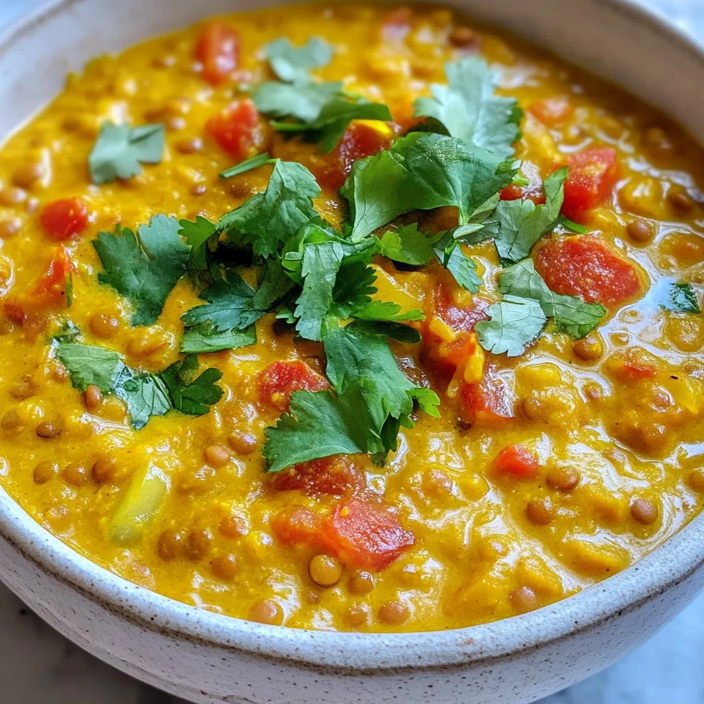 Für mein cremiges Kokos-Linsen-Curry benötigst du einige einfache Zutaten. Hier ist, was du brauchst: - 1 Tasse rote Linsen, gut abgespült - 1 Dose (400 ml) Kokosmilch - 1 mittelgroße Zwiebel, fein gehackt - 2 Knoblauchzehen, zerdrückt - 1 Stück Ingwer (ca. 2,5 cm), fein gehackt - 1 Dose (400 g) gehackte Tomaten - 500 ml Gemüsebrühe - 2 Esslöffel Currypulver - 1 Teelöffel Kreuzkümmel - 1 Teelöffel Kurkuma - 1 Esslöffel Olivenöl - Salz und Pfeffer nach Geschmack - Frischer Koriander zum Garnieren - Saft von einer halben Zitrone Frische Zutaten sind der Schlüssel. Ich empfehle, die Zwiebel und den Knoblauch frisch zu verwenden. Das gibt dem Curry mehr Geschmack. Achte darauf, die Linsen gut abzuspülen, um die Stärke zu entfernen. Dies hilft, das Curry cremiger zu machen. Verwende frischen Ingwer, um die Aromen zu intensivieren. Kokosmilch aus einer Dose sorgt für die nötige Cremigkeit. Wenn du die besten Zutaten wählst, achte auf Qualität. Kaufe biologische Linsen, wenn möglich. Sie haben oft mehr Geschmack. Wähle eine Kokosmilch, die keine Zusatzstoffe enthält. Achte auf die Frische von Gemüse. Bei Gewürzen ist es wichtig, sie gut zu lagern. Frische Gewürze geben mehr Aroma. Überprüfe das Haltbarkeitsdatum der gehackten Tomaten. Frische Zutaten machen dein Curry noch besser! {{ingredient_image_2}} Um das cremige Kokos-Linsen-Curry zuzubereiten, befolge diese Schritte: 1. Erhitze 1 Esslöffel Olivenöl in einem großen Topf bei mittlerer Hitze. 2. Füge 1 fein gehackte Zwiebel hinzu und brate sie, bis sie glasig ist, etwa 5 Minuten. 3. Rühre 2 zerdrückte Knoblauchzehen und 1 Stück fein gehackten Ingwer für 1-2 Minuten ein. 4. Gib 2 Esslöffel Currypulver, 1 Teelöffel Kreuzkümmel und 1 Teelöffel Kurkuma dazu und röste die Gewürze für 1 Minute. 5. Gieße 1 Dose gehackte Tomaten und 500 ml Gemüsebrühe hinein. Füge 1 Tasse gut abgespülte rote Linsen hinzu. 6. Rühre alles gut um, bis die Zutaten gut vermischt sind. 7. Lasse die Mischung sanft aufkochen, reduziere die Hitze und decke den Topf ab. Koche das Curry 20 Minuten lang. 8. Rühre 1 Dose Kokosmilch ein und lasse das Curry weitere 5-10 Minuten köcheln. 9. Schmecke das Curry mit Salz und Pfeffer ab. 10. Füge den Saft von einer halben Zitrone hinzu und rühre um. 11. Serviere das Curry heiß, garniert mit frischem Koriander. Um den besten Geschmack zu erzielen, achte auf Folgendes: - Röste die Gewürze gut, bevor du die Flüssigkeiten hinzufügst. Das bringt die Aromen hervor. - Lass die Linsen nicht zu lange kochen, damit sie nicht zerfallen. Sie sollen weich, aber ganz bleiben. - Verwende frische Kräuter zum Garnieren. Frischer Koriander bringt einen tollen Geschmack. Du kannst die Kochzeit und Temperatur nach deinem Geschmack anpassen: - Wenn du ein dickeres Curry möchtest, lasse es länger köcheln. So verdampft mehr Flüssigkeit. - Für ein dünneres Curry füge mehr Gemüsebrühe oder Kokosmilch hinzu. - Koche bei niedrigerer Hitze, um die Aromen langsamer zu entfalten. Um dein cremiges Kokos-Linsen-Curry noch besser zu machen, kannst du einige Tricks anwenden: - Gewürze anpassen: Probiere verschiedene Gewürze aus. Füge etwas Zimt oder Chili hinzu für mehr Tiefe. - Zitrusfrüchte: Ein Spritzer Limettensaft kann den Geschmack aufhellen. Es bringt Frische in das Curry. - Kräuter: Frischer Koriander am Ende sorgt für ein tolles Aroma. Auch Minze passt gut. - Einfache Extras: Ein Löffel Erdnussbutter oder Mandelmus kann eine cremige Note geben. Beim Kochen können Fehler passieren. Hier sind einige Tipps, um Probleme zu vermeiden: - Zu lange kochen: Linsen sollten nicht zu weich sein. Sie verlieren ihre Form und Textur. - Zu viel Salz: Füge Salz nach und nach hinzu. So kannst du den Geschmack besser kontrollieren. - Falsche Hitze: Bei zu hoher Hitze kann das Curry anbrennen. Koche immer bei mittlerer bis niedriger Hitze. - Nicht umrühren: Vergiss nicht, während des Kochens zu rühren. So verbinden sich die Aromen gut. Du kannst viele Schritte vorab erledigen, um Zeit zu sparen: - Linsen vorbereiten: Spüle die Linsen am Abend vorher ab. So sind sie bereit zum Kochen. - Gemüse hacken: Hacke die Zwiebel, den Knoblauch und den Ingwer vorab. Bewahre sie in einem Behälter im Kühlschrank auf. - Gewürze mischen: Mische die Gewürze in einer kleinen Schüssel. So hast du alles bereit, wenn es losgeht. - Curry vorkochen: Du kannst das Curry einen Tag vorher kochen. Am nächsten Tag schmeckt es oft noch besser! Pro Tips Wählen Sie die richtigen Linsen: Rote Linsen sind ideal für dieses Curry, da sie schnell garen und eine cremige Konsistenz entwickeln. Vermeiden Sie grüne oder braune Linsen, da diese länger zum Kochen brauchen und nicht so gut zerfallen. Frische Gewürze verwenden: Wenn möglich, verwenden Sie frische Gewürze anstelle von gemahlenen, um das Aroma und den Geschmack Ihres Currys zu intensivieren. Rösten Sie ganze Gewürze vor dem Mahlen leicht an, um die Aromen freizusetzen. Die perfekte Konsistenz: Wenn das Curry zu dick wird, fügen Sie einfach etwas mehr Gemüsebrühe oder Kokosmilch hinzu, um die gewünschte Konsistenz zu erreichen. Achten Sie darauf, das Curry während des Kochens regelmäßig umzurühren. Variationen hinzufügen: Experimentieren Sie mit dem Rezept, indem Sie zusätzliches Gemüse wie Spinat, Süßkartoffeln oder Erbsen hinzufügen. Diese Zutaten verleihen dem Gericht nicht nur mehr Nährstoffe, sondern auch interessante Texturen und Farben. {{image_4}} Du kannst dein Curry leicht anpassen, indem du Gemüse hinzufügst. Hier sind einige Ideen: - Karotten: Schneide sie klein und füge sie früh hinzu. Sie geben eine süße Note. - Spinat: Rühre frischen Spinat kurz vorm Servieren ein. Er wird zart und bleibt grün. - Paprika: Schneide sie in Stücke und füge sie mit den Zwiebeln hinzu. Sie bringen Farbe. - Blumenkohl: Teile ihn in kleine Röschen und koche ihn mit den Linsen. Er gibt eine tolle Textur. Um dein Curry noch nährstoffreicher zu machen, kannst du verschiedene Proteine hinzufügen: - Kichererbsen: Eine Dose Kichererbsen passt gut. Sie sind sättigend und gesund. - Tofu: Schneide festen Tofu in Würfel und brate ihn an. Er nimmt den Geschmack super auf. - Hühnchen: Für Fleischesser kannst du gewürfeltes Hühnchen vorher anbraten. Es wird saftig und zart. Wenn du es scharf magst, gibt es viele Wege, dein Curry zu würzen: - Chiliflocken: Streue ein wenig in die Gewürze. So wird das Curry schnell schärfer. - Frische Chilis: Hacke diese klein und gebe sie mit dem Knoblauch dazu. Sie bringen Hitze. - Cayennepfeffer: Eine Prise reicht oft aus, um das Gericht aufzupeppen. Mit diesen Variationen kannst du dein Creamy Coconut Lentil Curry ganz nach deinem Geschmack gestalten! Um das Curry frisch zu halten, lagere es in einem luftdichten Behälter. Lass das Curry vor dem Einlagern auf Raumtemperatur abkühlen. Dies verhindert Kondenswasser, das die Textur beeinträchtigen kann. Verwende auch Glasbehälter, da sie keine Gerüche aufnehmen. Zum Aufwärmen gib das Curry in einen Topf. Erhitze es bei mittlerer Hitze und rühre regelmäßig um. Du kannst auch einen Mikrowellenbehälter verwenden. Erwärme das Curry in kurzen Intervallen. Rühre nach jeder Minute um, um eine gleichmäßige Temperatur zu gewährleisten. Serviere es heiß, garniert mit frischem Koriander. Im Kühlschrank bleibt das Curry bis zu fünf Tage frisch. Stelle sicher, dass der Behälter gut verschlossen ist. Für längere Lagerung friere das Curry in Portionen ein. So bleibt es bis zu drei Monate haltbar. Achte darauf, es gut abzudecken, um Gefrierbrand zu vermeiden. Das Curry kann bis zu fünf Tage im Kühlschrank bleiben. Achten Sie darauf, es in einem luftdichten Behälter zu lagern. Wenn Sie es länger aufbewahren möchten, können Sie es auch einfrieren. Im Gefrierfach bleibt es bis zu drei Monate frisch. Um es aufzutauen, stellen Sie es einfach über Nacht in den Kühlschrank. Ja, das Gericht ist bereits vegan. Es enthält keine tierischen Produkte. Alle Zutaten, wie Linsen und Kokosmilch, sind pflanzlich. So können Sie das Curry ohne Bedenken genießen. Es ist eine großartige Option für vegane und vegetarische Ernährung. Zu diesem Curry passen verschiedene Beilagen. Hier sind einige tolle Optionen: - Reis, besonders Basmati- oder Jasminreis - Naan-Brot oder Fladenbrot - Quinoa für einen nussigen Geschmack - Gemischter Salat für Frische - Raita, um das Gericht abzurunden Diese Beilagen ergänzen den Geschmack des Currys perfekt. Dieses Curry-Rezept bietet dir alle nötigen Zutaten und eine klare Anleitung. Du hast gelernt, wie du den besten Geschmack erreichst. Die Tipps helfen dir, Fehler zu vermeiden und dein Gericht anzupassen. Zudem findest du Variationen und Aufbewahrungshinweise, die die Haltbarkeit verbessern. Ein einfaches, köstliches Curry steht nun in deiner Reichweite. Genieße das Kochen und Experimentieren mit neuen Aromen!