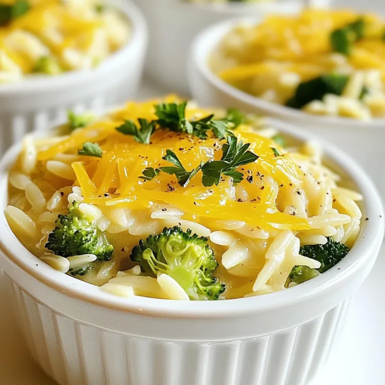 - 1 Tasse Orzo-Pasta - 2 Tassen Brokkoliröschen - 1 Esslöffel Olivenöl - 1 kleine Zwiebel, fein gehackt - 2 Knoblauchzehen, fein gehackt - 4 Tassen Gemüsebrühe - 1 Tasse Schlagsahne - 1 ½ Tassen scharfer Cheddarkäse, gerieben - ¼ Tasse Parmesan, gerieben (optional) - Salz und schwarzer Pfeffer nach Geschmack - Frische Petersilie zur Garnierung Ich liebe es, mit frischen und einfachen Zutaten zu arbeiten. Die Orzo-Pasta ist der Star in diesem Gericht. Sie hat eine tolle Form und nimmt die Soße gut auf. Brokkoli bringt Farbe und Nährstoffe. Zwiebeln und Knoblauch geben Geschmack und Wärme. Für die flüssigen Zutaten verwenden wir Gemüsebrühe und Schlagsahne. Sie sorgen für eine reichhaltige und cremige Soße. Der Cheddarkäse schmilzt schön und macht alles lecker. Parmesan ist optional, gibt aber einen tollen extra Geschmack. Vergiss nicht, die Kräuter! Frische Petersilie gibt Farbe und einen frischen Kick. Das Gericht ist nicht nur einfach, sondern sieht auch toll aus. Wenn du das alles zusammenbringst, hast du ein perfektes, cremiges Gericht. {{ingredient_image_2}} Um die Orzo-Pasta perfekt zu kochen, bringe einen großen Topf mit gesalzenem Wasser zum Kochen. Füge die Orzo-Pasta hinzu und koche sie gemäß den Anweisungen auf der Verpackung, bis sie al dente ist. Das dauert meist etwa 8 bis 10 Minuten. Sobald die Pasta fertig ist, gieße sie in ein Sieb ab und stelle sie beiseite. Nimm den gleichen Topf und erhitze 1 Esslöffel Olivenöl bei mittlerer Hitze. Füge die fein gehackte Zwiebel hinzu und brate sie 3 bis 4 Minuten an, bis sie durchsichtig ist. Dann füge 2 fein gehackte Knoblauchzehen hinzu und brate sie für eine weitere Minute mit. Der Knoblauch sollte leicht duften. Jetzt ist es Zeit, die 2 Tassen Brokkoliröschen hinzuzufügen. Rühre die Röschen für etwa 2 bis 3 Minuten an, bis sie leuchtend grün sind. Gieße dann 4 Tassen Gemüsebrühe in den Topf und bringe alles zum Köcheln. Füge 1 Tasse Schlagsahne hinzu und lasse die Mischung 3 bis 4 Minuten köcheln, bis sie leicht eindickt. Dann reduziere die Hitze auf niedrig und rühre nach und nach 1 ½ Tassen scharfen Cheddarkäse ein, bis er schmilzt und die Soße cremig wird. Schmecke die Soße mit schwarzem Pfeffer und Salz ab. Wenn du magst, füge etwas geriebenen Parmesan für mehr Geschmack hinzu. Jetzt kannst du die gekochte Orzo vorsichtig unter die Käsesoße heben. Rühre alles gut um, sodass die Pasta gleichmäßig mit der Soße bedeckt ist. Erwärme das Ganze für weitere 2 bis 3 Minuten, bis es heiß ist. Richte den cremigen Brokkoli-Cheddar-Orzo in tiefen Schalen an. Garniere das Gericht mit frischer Petersilie für einen schönen Farbkontrast. Wenn du es besonders käsig magst, streue etwas zusätzlichen Cheddar obenauf. Ein kleiner Spritzer Olivenöl gibt dem Gericht einen tollen Glanz. Für die richtige Cremigkeit ist die Menge an Schlagsahne wichtig. Ich empfehle, die Schlagsahne langsam hinzuzufügen. So bleibt die Soße glatt. Wenn du es noch cremiger magst, kannst du mehr Käse verwenden. Ein kleiner Spritzer Zitronensaft kann die Aromen aufhellen und die Konsistenz verbessern. Cheddar ist klassisch, aber du kannst auch andere Käsesorten ausprobieren. Gouda oder Gruyère geben einen schönen Geschmack. Feta bringt eine salzige Note. Für eine scharfe Variante kannst du Pepper Jack verwenden. Misch verschiedene Käsesorten für mehr Tiefe und Vielfalt. Gewürze und Kräuter machen deinen Orzo noch leckerer. Ein Hauch von Muskatnuss passt gut zur Cremigkeit. Frische Kräuter wie Thymian oder Basilikum bringen Frische. Auch ein wenig Paprika gibt einen schönen Farb- und Geschmacksakzent. Denke daran, die Gewürze nach und nach hinzuzufügen, um die perfekte Balance zu finden. Profi Tipps Verwenden Sie frischen Brokkoli: Frischer Brokkoli hat einen besseren Geschmack und eine knackigere Textur als gefrorener. Achten Sie darauf, die Röschen gleichmäßig zuzubereiten, um eine optimale Konsistenz zu gewährleisten. Käse nach Geschmack anpassen: Experimentieren Sie mit verschiedenen Käsesorten wie Gouda oder Gruyère, um dem Gericht eine persönliche Note zu geben. Mischen Sie auch gerne verschiedene Käsesorten für mehr Tiefe im Geschmack. Reste kreativ verwenden: Verwenden Sie übrig gebliebenen Brokkoli-Cheddar-Orzo in Aufläufen oder als Füllung für gefüllte Paprika, um ein weiteres köstliches Gericht zu kreieren. Für mehr Geschmack würzen: Fügen Sie während des Kochens Gewürze wie Muskatnuss oder Chili-Flocken hinzu, um dem Gericht zusätzliche Geschmacksdimensionen zu verleihen. {{image_4}} Möchten Sie mehr Protein in Ihr Gericht bringen? Fügen Sie Hühnchen oder Tofu hinzu. Für Hühnchen, braten Sie es in Würfeln an, bevor Sie die Zwiebel hinzufügen. Tofu kann in kleine Stücke geschnitten und mit dem Brokkoli angebraten werden. So wird das Gericht noch nahrhafter und sättigender. Um Abwechslung zu schaffen, nutzen Sie andere Gemüse. Zucchini, Spinat oder Karotten passen gut. Schneiden Sie diese klein und fügen Sie sie während des Anbratens hinzu. Das bringt nicht nur Farbe, sondern auch neue Geschmäcker in Ihre Orzo. Haben Sie eine Glutenunverträglichkeit? Nutzen Sie glutenfreie Pasta für dieses Rezept. Es gibt viele Sorten, die gut funktionieren. Achten Sie darauf, die Kochzeit entsprechend anzupassen. So bleibt Ihr Gericht lecker und für alle geeignet. Um cremigen Brokkoli-Cheddar-Orzo richtig zu lagern, fülle ihn in einen luftdichten Behälter. Stelle sicher, dass der Orzo gut abgekühlt ist, bevor du ihn in den Kühlschrank stellst. So bleibt er frisch. Der Orzo hält sich bis zu drei Tage im Kühlschrank. Achte darauf, dass du ihn vor dem Servieren gut umrührst, da sich die Zutaten setzen können. Wenn du Reste hast, kannst du den Orzo auch einfrieren. Fülle ihn in einen gefriergeeigneten Behälter oder einen Gefrierbeutel. Achte darauf, die Luft herauszudrücken, um Gefrierbrand zu vermeiden. Der gefrorene Orzo bleibt bis zu drei Monate haltbar. Zum Auftauen lege ihn einfach über Nacht in den Kühlschrank. Um den Orzo schonend aufzuwärmen, gebe ihn in einen Topf. Füge einen Schuss Gemüsebrühe oder Sahne hinzu, um die Cremigkeit zu erhalten. Erhitze den Orzo bei niedriger Hitze und rühre gut um. So bleibt die Konsistenz schön cremig. Du kannst auch die Mikrowelle nutzen. Stelle die Temperatur niedrig ein und erwärme den Orzo in kurzen Intervallen, dabei oft umrühren. Der cremige Brokkoli-Cheddar-Orzo hält sich etwa 3 bis 5 Tage im Kühlschrank. Bewahre ihn in einem luftdichten Behälter auf. So bleibt er frisch und lecker. Achte darauf, dass er gut abgekühlt ist, bevor du ihn in den Kühlschrank stellst. Ja, du kannst die Schlagsahne ersetzen. Eine gute Alternative ist Kokosmilch. Dies macht das Gericht leicht süßlich und cremig. Du kannst auch griechischen Joghurt verwenden. Dies gibt eine tolle Konsistenz und einen leichten Geschmack. Um mehr Schärfe hinzuzufügen, kannst du rote Paprikaflocken verwenden. Eine Prise reicht oft aus. Auch etwas scharfen Senf kann helfen, die Aromen zu verstärken. Frische Kräuter wie Basilikum oder Thymian geben ebenfalls einen tollen Geschmack. Orzo-Pasta ist eine gute Quelle für Kohlenhydrate. Sie enthält auch etwas Eiweiß und Ballaststoffe. Wenn du Vollkorn-Orzo wählst, erhältst du mehr Nährstoffe. Kombiniert mit Gemüse, wie dem Brokkoli, wird es ein nahrhaftes Gericht. Zusammenfassend haben wir ein leckeres Rezept für cremigen Brokkoli-Cheddar-Orzo behandelt. Wir haben die Zutaten und die Schritte zur Zubereitung besprochen. Wenn du die richtige Konsistenz vermeiden und den Geschmack anpassen möchtest, gibt es viele Optionen. Experimentiere mit verschiedenen Käsesorten und füge zusätzliches Gemüse hinzu. Lagere die Reste richtig, um sie frisch zu halten. Mit diesen Tipps wird dein Gericht immer ein Hit. Viel Spaß beim Kochen!