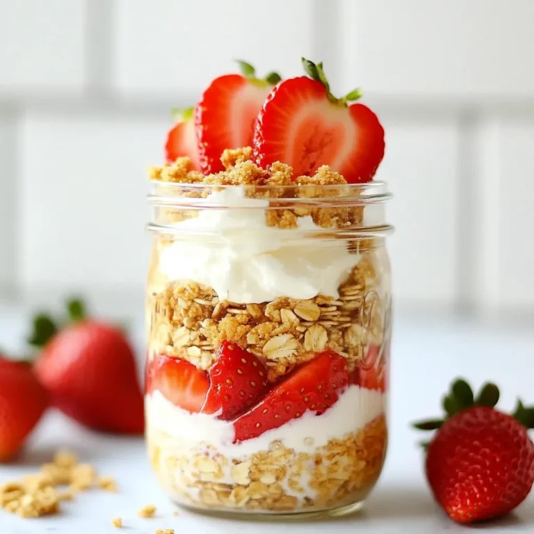 Um die besten Erdbeer-Cheesecake Overnight Oats zu machen, benötigst du folgende Zutaten: - 1 Tasse Haferflocken (grob) - 1 Tasse Milch (Kuhmilch oder pflanzliche Milch) - 1/2 Tasse griechischer Joghurt (natur oder Vanille) - 1 Esslöffel Honig oder Ahornsirup - 1/2 Teelöffel Vanilleextrakt - 1/4 Teelöffel Zimt - 1/2 Tasse Erdbeeren, entstielt und in Scheiben geschnitten - 2 Esslöffel Frischkäse, weich gemacht - 1 Esslöffel Graham-Cracker-Brösel (zum Garnieren) Wähle die frischesten Erdbeeren. Sie sorgen für den besten Geschmack. Achte darauf, dass die Erdbeeren fest und rot sind. Für die Milch kannst du deine Lieblingssorte wählen. Pflanzliche Milch ist eine tolle Option. Der griechische Joghurt macht die Mischung cremig und reichhaltig. Wenn du Vanillejoghurt nimmst, sparst du etwas Honig. Für den Frischkäse nutze einen guten, weichen Käse. So wird die Mischung schön glatt. Die Haferflocken sollten grob sein, damit sie gut quellen. Zimt bringt ein warmes Aroma, das die Süße ergänzt. Diese Overnight Oats sind nahrhaft. Sie liefern dir Ballaststoffe, Proteine und gesunde Fette. Eine Portion hat ungefähr: - Kalorien: 300 kcal - Protein: 12 g - Kohlenhydrate: 45 g - Fett: 10 g - Ballaststoffe: 6 g Diese Werte können je nach Zutaten variieren. Sie machen die Overnight Oats zu einer tollen Frühstücksoption. {{ingredient_image_2}} Nehmen Sie eine mittelgroße Schüssel. Geben Sie die Haferflocken hinein. Fügen Sie die Milch dazu. Sie können Kuhmilch oder pflanzliche Milch verwenden. Dann kommt der griechische Joghurt hinzu. Wählen Sie Natur oder Vanille, je nach Geschmack. Geben Sie einen Esslöffel Honig oder Ahornsirup dazu. Das bringt eine angenehme Süße. Fügen Sie einen halben Teelöffel Vanilleextrakt und einen viertel Teelöffel Zimt hinzu. Rühren Sie alles gut um. Die Mischung sollte gleichmäßig sein. Nehmen Sie ein Mason-Glas oder einen verschließbaren Behälter. Geben Sie die Hälfte der Hafermischung auf den Boden. Achten Sie darauf, dass es eine gleichmäßige Schicht ist. Jetzt legen Sie die geschnittenen Erdbeeren gleichmäßig darauf. Sie sollten gut verteilt sein. Löffeln Sie dann die Frischkäsemischung über die Erdbeeren. Diese Mischung macht es cremig und lecker. Fügen Sie die restliche Hafermischung obenauf. Krönen Sie das Ganze mit den verbleibenden Erdbeeren. Bestreuen Sie die Schicht mit Graham-Cracker-Bröseln. Das gibt den typischen Cheesecake-Crunch. Schließen Sie das Glas gut. Stellen Sie es in den Kühlschrank. Lassen Sie es dort für mindestens vier Stunden oder über Nacht. So ziehen die Aromen gut ein. Servieren Sie die Overnight Oats direkt im Glas. Garnieren Sie mit einer frischen Erdbeere und zusätzlichen Graham-Cracker-Bröseln. Das sieht nicht nur gut aus, sondern schmeckt auch fantastisch! Um die perfekte Konsistenz zu erreichen, mischen Sie die Haferflocken gut mit der Milch und dem Joghurt. Verwenden Sie grobe Haferflocken, damit sie die Flüssigkeit gut aufnehmen. Lassen Sie die Mischung über Nacht ziehen. So werden die Haferflocken weich, aber nicht matschig. Wenn Sie eine cremigere Textur mögen, fügen Sie mehr Joghurt oder Frischkäse hinzu. Ein häufiger Fehler ist, zu wenig Flüssigkeit zu verwenden. Das macht die Oats trocken und hart. Achten Sie darauf, dass alle Zutaten gut vermischt sind. Ein weiterer Fehler ist, die Oats nicht lange genug im Kühlschrank zu lassen. Mindestens vier Stunden sind wichtig. So können sich die Aromen gut entfalten. Stellen Sie auch sicher, dass der Frischkäse glatt ist, bevor Sie ihn hinzufügen. Planen Sie Ihre Overnight Oats im Voraus, um Zeit zu sparen. Bereiten Sie sie am Abend vorher vor. Nutzen Sie Gläser für eine einfache Portionierung. Sie können auch mehrere Portionen auf einmal machen. So haben Sie gesunde Snacks für die Woche. Denken Sie daran, frische Erdbeeren erst kurz vor dem Servieren hinzuzufügen, damit sie frisch bleiben. Pro Tipps Haferflocken einweichen: Lassen Sie die Haferflocken über Nacht im Kühlschrank, um eine cremigere Textur zu erzielen. Frische Erdbeeren: Verwenden Sie frische, reife Erdbeeren für den besten Geschmack und die beste Süße. Variationen: Experimentieren Sie mit verschiedenen Früchten wie Himbeeren oder Bananen für abwechslungsreiche Geschmäcker. Vegane Option: Ersetzen Sie den griechischen Joghurt und die Milch durch pflanzliche Alternativen für eine vegane Version. {{image_4}} Wenn du Erdbeeren nicht magst, gibt es viele Alternativen. Du kannst andere Beeren wie Himbeeren oder Heidelbeeren verwenden. Auch Bananen passen gut. Diese Früchte geben der Mischung einen anderen Geschmack. Du kannst sogar tropische Früchte wie Ananas oder Mango ausprobieren. Sie bringen Frische und einen süßen Kick. Probiere verschiedene Kombinationen aus, um deinen Favoriten zu finden. Für eine vegane Version kannst du pflanzliche Milch und Joghurt verwenden. Mandelmilch oder Kokosmilch sind tolle Optionen. Statt Honig kannst du Ahornsirup oder Agavendicksaft nutzen. Achte darauf, glutenfreie Haferflocken zu wählen. Sie sind wichtig, damit du das Gericht glutenfrei hältst. Diese Anpassungen machen das Rezept für jeden zugänglich. Toppings machen dein Gericht noch besser. Du kannst Nüsse oder Samen hinzufügen. Mandeln oder Walnüsse geben einen schönen Crunch. Für einen süßeren Geschmack kannst du Schokoladenstückchen oder Kokosraspeln verwenden. Frischer Minze oder Zitronenschale kann deinem Gericht eine besondere Note geben. Sei kreativ und finde deine Lieblingskombinationen! Um deine Erdbeer-Cheesecake Overnight Oats frisch zu halten, benutze einen luftdichten Behälter. Ein Glas oder ein verschließbarer Behälter eignet sich gut. Du kannst die Hafermischung auch in einzelnen Portionen vorbereiten. So hast du ein schnelles Frühstück für die Woche. Stelle sicher, dass der Behälter dicht schließt, um die Feuchtigkeit zu halten. Deine Overnight Oats bleiben im Kühlschrank bis zu fünf Tage frisch. Achte darauf, sie vor dem Servieren gut zu schütteln. Wenn du die Oats länger aufbewahren möchtest, lasse die Toppings wie Erdbeeren und Graham-Cracker-Brösel separat. Diese Zutaten verlieren schnell ihre Frische. Obwohl Overnight Oats kalt serviert werden, kannst du sie auch warm genießen. Um sie aufzuwärmen, gib die Hafermischung in eine Schüssel. Erwärme sie in der Mikrowelle für 30 Sekunden. Rühre gut um und erwärme sie nach Bedarf. Füge frische Erdbeeren und Graham-Cracker-Brösel hinzu, um den Geschmack zu verbessern. Erdbeer-Cheesecake Overnight Oats bleiben bis zu fünf Tage frisch im Kühlschrank. Achte darauf, sie gut abzudecken. So bleiben sie kühl und lecker. Wenn du sie länger aufbewahren willst, friere sie ein. Die Textur kann sich beim Auftauen ändern, aber der Geschmack bleibt gut. Ja, du kannst Frischkäse durch Quark oder eine vegane Frischkäse-Alternative ersetzen. Beides gibt eine ähnliche cremige Textur. Wenn du einen leichteren Geschmack möchtest, nutze griechischen Joghurt. Das macht die Overnight Oats auch proteinreicher. Du kannst die Haferflocken mit verschiedenen Früchten wie Bananen oder Heidelbeeren kombinieren. Füge Nüsse oder Samen für mehr Crunch hinzu. Auch einige Löffel Nussbutter bringen gesunde Fette rein. Mit Gewürzen wie Muskat oder Ingwer kannst du den Geschmack anpassen. In diesem Artikel haben wir alle wichtigen Aspekte zu Erdbeer-Cheesecake Overnight Oats behandelt. Wir haben die besten Zutaten besprochen, Tipps zur Zubereitung gegeben und Variationen vorgeschlagen. Achte darauf, die richtigen Zutaten für Geschmack und Nährwert zu wählen. Vermeide häufige Fehler, um die ideale Konsistenz zu erreichen. Schließlich sind diese Overnight Oats einfach zu lagern und vielseitig einsetzbar. Nutze diese Tipps, um dein Frühstück zu verbessern und kreativ zu sein. Mach dir dein Frühstück zum Genuss!