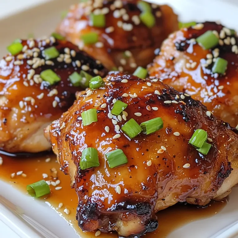 Für die Hauptzutaten brauchen Sie: - 4 Hühnchenkeulen mit Haut und Knochen - 60 ml Sojasauce (low sodium) - 60 ml Honig - 30 ml Reisessig - 30 ml Sesamöl Diese Zutaten sind frisch und wichtig für den vollen Geschmack. Die Hühnchenkeulen sind saftig und zart, wenn sie gut gekocht sind. Die Sojasauce gibt einen herzhaften Geschmack, während Honig die Süße bringt. Reisessig fügt etwas Säure hinzu und Sesamöl sorgt für das Aroma. Hier sind die weiteren Zutaten für die Marinade: - 3 Knoblauchzehen, gehackt - 1 Teelöffel frischer Ingwer, gerieben - 1 Esslöffel Maisstärke - 30 ml Wasser Der Knoblauch und der Ingwer bringen einen starken Geschmack. Diese beiden Zutaten machen die Marinade besonders. Die Maisstärke hilft, die Sauce später zu verdicken. Wasser wird benötigt, um die Konsistenz der Marinade zu verbessern. Für die Dekoration verwenden Sie: - 1 Teelöffel Sesamkörner - 2 Frühlingszwiebeln, in Scheiben geschnitten Diese Zutaten machen das Gericht schön und ansprechend. Sesamkörner geben einen knusprigen Biss, während die Frühlingszwiebeln Farbe und Frische bringen. Sie sind nicht nur lecker, sondern auch visuell ansprechend. {{ingredient_image_2}} Zuerst musst du die Hühnchenkeulen vorbereiten. Nimm eine große Schüssel. Mische die Sojasauce, den Honig, den Reisessig, das Sesamöl, den Knoblauch und den Ingwer. Mische alles gut, bis es gleichmäßig aussieht. Jetzt kommt der spannende Teil. Lege die Hühnchenkeulen in einen großen, wiederverschließbaren Beutel oder eine flache Schüssel. Gieße die Marinade darüber. Schließe den Beutel oder decke die Schüssel ab. Lasse das Hühnchen mindestens 30 Minuten marinieren. Am besten lässt du es 2 bis 3 Stunden im Kühlschrank. So kann das Hühnchen den süßen Teriyaki-Geschmack aufnehmen. Während das Hühnchen mariniert, kannst du die Teriyaki-Sauce zubereiten. Nimm einen kleinen Topf und fülle die aufbewahrte Marinade hinein. Erhitze sie bei mittlerer Hitze. Lass die Sauce sanft köcheln. Das dauert etwa 3 bis 4 Minuten. Um die Sauce zu verdicken, mische die Maisstärke mit dem Wasser in einer kleinen Schüssel. Rühre die Mischung in die köchelnde Marinade. Rühre ständig um, bis die Sauce dick wird. Das dauert etwa 1 bis 2 Minuten. Jetzt ist die Teriyaki-Sauce bereit für die Hühnchenkeulen. Heize deinen Ofen auf 200°C vor. Nimm die Hühnchenkeulen aus der Marinade und lege sie auf ein Backblech mit Backpapier. Die Hautseite sollte nach oben zeigen. Verteile die eingedickte Sauce gleichmäßig über die Hühnchenkeulen. Bewahre etwas Sauce für später auf. Die Hühnchenkeulen kommen jetzt in den Ofen. Backe sie etwa 35 bis 40 Minuten. Baste die Hühnchenkeulen während des Backens mit der restlichen Sauce, damit sie schön saftig bleiben. Wenn die Haut knusprig ist und der Saft klar erscheint, sind die Hühnchenkeulen fertig. Lass sie nach dem Backen 5 Minuten ruhen. Jetzt kannst du sie mit Sesamkörnern und geschnittenen Frühlingszwiebeln dekorieren. Guten Appetit! Die Marinade macht den großen Unterschied. Mische die Sojasauce, Honig, Reisessig und Sesamöl gut. Achte darauf, dass alles gut vermischt ist. Lasse die Hühnchenkeulen mindestens 30 Minuten marinieren. Besser noch, marinieren sie 2-3 Stunden. So saugen sie den vollen Geschmack auf. Ein häufiger Fehler ist zu kurzes Marinieren. Das macht die Hühnchenkeulen weniger schmackhaft. Ein weiterer Fehler ist, die Marinade nicht einzudicken. Dies gibt der Sauce mehr Geschmack und Textur. Achte darauf, die Sauce gleichmäßig über das Hühnchen zu verteilen. Dadurch wird jedes Stück köstlich. Serviere die Hühnchenkeulen mit gedämpftem Reis. Das nimmt die köstlichen Säfte auf. Gemüse wie Brokkoli oder Karotten passen auch gut dazu. Du kannst das Gericht mit Sesamkörnern und Frühlingszwiebeln dekorieren. Das sieht schön aus und gibt einen tollen Geschmack. Pro Tipps Marinieren für mehr Geschmack: Lasse die Hühnchenkeulen mindestens 2-3 Stunden in der Marinade, damit sie den vollen Geschmack aufnehmen können. Knusprige Haut: Um die Haut besonders knusprig zu bekommen, kannst du die Hühnchenkeulen während des Backens mit der Marinade bestreichen. Variiere die Beilagen: Serviere die Hühnchenkeulen mit gedämpftem Reis oder frischem Gemüse, um ein ausgewogenes Gericht zu kreieren. Für die perfekte Sauce: Achte darauf, die Marinade gut einzudicken, bevor du sie über die Hühnchenkeulen gibst, damit sie beim Backen nicht zu flüssig bleibt. {{image_4}} Die süßen Teriyaki-Hühnchenkeulen sind sehr flexibel. Du kannst sie leicht anpassen. Du kannst zum Beispiel verschiedene Fleischsorten verwenden. Putenkeulen oder sogar Hähnchenbrust funktionieren gut. Wenn du eine asiatische Note magst, füge etwas Szechuan-Pfeffer hinzu. Das gibt eine tolle Schärfe. Um die Marinade würziger zu machen, füge einfach mehr Knoblauch und Ingwer hinzu. Du kannst auch Chilisauce oder scharfe Paprika einrühren. Das gibt dem Gericht einen scharfen Kick. Für eine rauchige Note, probiere geräucherte Sojasauce. Es bringt ein neues Aroma in die Teriyaki-Hühnchenkeulen. Wenn du eine vegetarische oder vegane Option suchst, kannst du Tofu oder Tempeh verwenden. Marinieren geht genauso wie bei Hühnchen. Ein weiterer guter Ersatz sind Gemüse wie Auberginen oder Zucchini. Diese kannst du auch im Ofen rösten. Damit erhältst du eine köstliche, pflanzliche Mahlzeit, die alle begeistert. Wenn Sie Hühnchenkeulen übrig haben, lassen Sie sie zuerst abkühlen. Wickeln Sie sie dann in Frischhaltefolie oder Aluminiumfolie ein. Sie können auch einen luftdichten Behälter benutzen. So bleibt das Hühnchen frisch und saftig. Lagern Sie es im Kühlschrank. Um die Hühnchenkeulen aufzuwärmen, nutzen Sie den Ofen. Heizen Sie ihn auf 175°C vor. Legen Sie die Hühnchenkeulen in eine Auflaufform. Bedecken Sie sie mit etwas Folie, damit sie nicht austrocknen. Wärmen Sie sie 15 bis 20 Minuten lang. So bleiben sie zart und schmackhaft. Im Kühlschrank sind die Hühnchenkeulen etwa 3 bis 4 Tage haltbar. Wenn Sie sie länger aufbewahren möchten, frieren Sie sie ein. Im Gefrierfach halten sie bis zu 3 Monate. Achten Sie darauf, sie gut zu verpacken, um Frostbrand zu vermeiden. Die Hühnchenkeulen sollten mindestens 30 Minuten mariniert werden. Ich empfehle, sie 2 bis 3 Stunden im Kühlschrank zu lassen. So zieht der Geschmack der Teriyaki-Marinade tief in das Fleisch ein. Wenn du mehr Zeit hast, ist eine Übernacht-Marinade ideal. Ja, du kannst die Teriyaki-Sauce im Voraus zubereiten. Mische alle Zutaten und bewahre sie in einem luftdichten Behälter im Kühlschrank auf. So sparst du Zeit, wenn du das Gericht zubereitest. Achte darauf, die Sauce vor dem Gebrauch gut umzurühren. Wenn die Sauce zu dick wird, füge einfach etwas Wasser hinzu. Erhitze die Sauce dann kurz, um sie wieder flüssiger zu machen. So erhältst du die perfekte Konsistenz für deine Hühnchenkeulen. Achte darauf, die Sauce beim Kochen ständig zu rühren, um Klumpen zu vermeiden. Süße Teriyaki-Hühnchenkeulen sind einfach zuzubereiten und lecker. Wir haben die Hauptzutaten, Marinade und Dekoration besprochen. Die Schritt-für-Schritt-Anleitung macht das Marinieren und Backen leicht. Tipp: Vermeide häufige Fehler für das beste Ergebnis. Du kannst auch Variationen ausprobieren, wie würzige oder vegane Optionen. Bewahre übrig gebliebenes Hühnchen richtig auf. Die Antworten auf häufige Fragen helfen dir, gut informiert zu sein. Probiere diese Rezepte aus und entdecke den Geschmack!