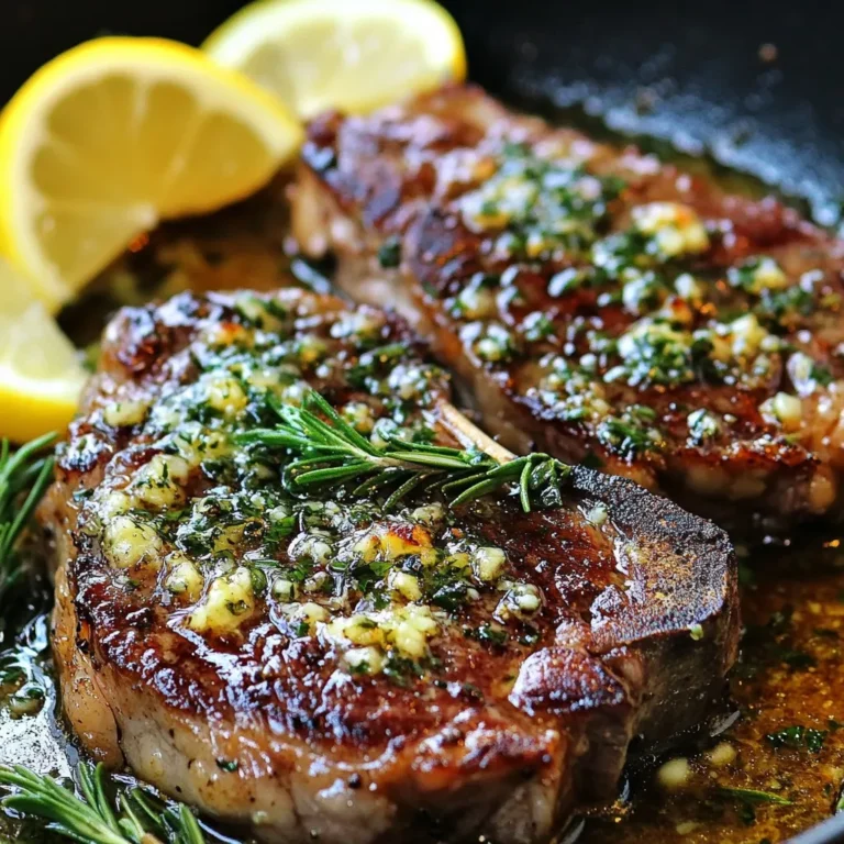 Für die Knoblauch Kräuterbutter Steak Pfanne benötigst du folgende Hauptzutaten: - 2 Ribeye-Steaks (ca. 2,5 cm dick) - Salz und frisch gemahlener schwarzer Pfeffer nach Geschmack - 3 Esslöffel Olivenöl - 4 Zehen Knoblauch, fein gehackt - 4 Esslöffel ungesalzene Butter - 1 Esslöffel frischer Rosmarin, gehackt - 1 Esslöffel frischer Thymian, gehackt - 1 Esslöffel frische Petersilie, gehackt Diese Zutaten geben deinem Steak den perfekten Geschmack. Das Ribeye-Steak hat viel Fett und ist sehr zart. So wirst du ein saftiges Ergebnis erhalten. Gewürze und Öle sind wichtig für den Geschmack. Ich empfehle dir, hochwertiges Olivenöl zu verwenden. Es hat einen tollen Geschmack und hilft beim Anbraten. Salz und frisch gemahlener schwarzer Pfeffer sind die Basis für jedes gute Steak. Sie betonen den natürlichen Geschmack des Fleisches. Für die Kräuterbutter sind frische Kräuter sehr wichtig. Rosmarin, Thymian und Petersilie bringen Frische. Sie passen gut zu Knoblauch und Butter. Wenn du die Kräuter hackst, entfalten sie ihr volles Aroma. Du kannst das Gericht mit verschiedenen Beilagen aufwerten. Zitronenschnitze sind eine tolle Wahl. Sie geben eine frische Note und passen gut zu Steak. Außerdem kannst du das Steak mit einem grünen Salat oder gebratenem Gemüse servieren. Diese Beilagen bringen mehr Farbe und Geschmack auf deinen Teller. Sie ergänzen das Hauptgericht und machen das Essen rundum lecker. {{ingredient_image_2}} Nehmen Sie die Ribeye-Steaks aus dem Kühlschrank. Tupfen Sie sie mit Küchenpapier trocken. Salz und frisch gemahlener schwarzer Pfeffer sind wichtig. Würzen Sie beide Seiten der Steaks großzügig. Lassen Sie sie dann etwa 15 Minuten ruhen. So können sie Zimmertemperatur erreichen. Dies hilft beim gleichmäßigen Garen. Erhitzen Sie in einer großen Pfanne das Olivenöl bei mittlerer bis hoher Hitze. Warten Sie, bis das Öl schimmert. Legen Sie vorsichtig die gewürzten Steaks in die Pfanne. Braten Sie die Steaks 4 bis 5 Minuten auf jeder Seite an. Dies bringt einen schönen Bräunungsgrad. Wenn Sie ein anderes Garpunkt mögen, passen Sie die Zeit an. Für ein perfektes Steak ist Geduld wichtig. Sobald die Steaks fast fertig sind, fügen Sie den gehackten Knoblauch hinzu. Braten Sie ihn etwa 30 Sekunden lang an, bis er aromatisch ist. Senken Sie dann die Hitze auf mittlere Temperatur. Geben Sie nun die Butter und die frischen Kräuter in die Pfanne. Warten Sie, bis die Butter geschmolzen ist. Neigen Sie die Pfanne leicht und verwenden Sie einen Löffel. Überziehen Sie die Steaks eine weitere Minute mit der Kräuter-Knoblauch-Buttersauce. Dies bringt den vollen Geschmack. Lassen Sie die Steaks nach dem Braten 5 bis 10 Minuten ruhen. So können sich die Säfte setzen. Schneiden Sie sie quer zur Faser auf und servieren Sie sie mit der Buttersauce. Fügen Sie nach Wunsch Zitronenschnitze hinzu. Um das perfekte Steak zu machen, gibt es einige einfache Tipps. Erstens, wählen Sie frische Ribeye-Steaks. Sie haben viel Fett, was für den Geschmack wichtig ist. Tupfen Sie die Steaks trocken. Das hilft, eine gute Kruste zu bilden. Würzen Sie sie gut mit Salz und Pfeffer. Lassen Sie die Steaks vor dem Braten etwa 30 Minuten bei Raumtemperatur stehen. So garen sie gleichmäßiger. Die Hitze ist auch wichtig. Erhitzen Sie das Olivenöl, bis es schimmert. Legen Sie die Steaks vorsichtig in die Pfanne. Braten Sie sie 4-5 Minuten auf jeder Seite, um den perfekten Gargrad zu erreichen. Achten Sie darauf, die Steaks nicht zu oft zu bewegen. So bleibt die Kruste schön knusprig. Die Kräuter machen das Gericht besonders. Neben Rosmarin, Thymian und Petersilie können Sie auch andere Kräuter verwenden. Oregano oder Basilikum passen gut dazu. Frische Kräuter bringen viel Aroma. Wenn Sie keinen frischen Knoblauch haben, können Sie auch Knoblauchpulver verwenden. Es ist nicht ganz gleich, aber es funktioniert. Um das Steak zu servieren, schneiden Sie es quer zur Faser auf. Das macht das Fleisch zart und leicht zu essen. Eine frische Zitronenscheibe dazu gibt einen extra Kick. Als Beilagen eignen sich viele Dinge. Sie können einen frischen Salat oder gebratenes Gemüse servieren. Auch Kartoffeln sind eine tolle Wahl. Bratkartoffeln oder ein cremiges Kartoffelpüree passen gut dazu. Experimentieren Sie mit verschiedenen Beilagen, um Ihr perfektes Gericht zu finden! Pro Tipps Rindfleisch temperieren: Lassen Sie die Steaks vor dem Braten etwa 30 Minuten bei Zimmertemperatur ruhen, damit sie gleichmäßiger garen. Pfanne vorheizen: Stellen Sie sicher, dass die Pfanne gut vorgeheizt ist, um eine schöne Kruste auf den Steaks zu erhalten. Knoblauch nicht verbrennen: Achten Sie darauf, den Knoblauch erst gegen Ende des Bratens hinzuzufügen, um zu vermeiden, dass er bitter wird. Steaks ruhen lassen: Lassen Sie die Steaks nach dem Braten ruhen, damit sich die Säfte gleichmäßig verteilen und das Fleisch saftig bleibt. {{image_4}} Wenn Sie Ribeye-Steaks nicht mögen, gibt es viele Optionen. Sie können Filetsteak verwenden, das zart und saftig ist. Ein anderes gutes Steak ist das Sirloin. Es hat viel Geschmack und ist oft günstiger. Auch Hüftsteaks sind eine gute Wahl, wenn Sie mageres Fleisch bevorzugen. Achten Sie darauf, die Steaks gut zu würzen, um den besten Geschmack zu erzielen. Wenn Sie eine vegetarische Alternative suchen, probieren Sie Portobello-Pilze. Sie sind fleischig und passen gut zur Kräuterbutter. Grillen oder braten Sie die Pilze wie die Steaks. Für die Sauce können Sie auch Blumenkohlsteaks verwenden. Diese sind eine tolle Basis für die Kräuterbutter. Vergessen Sie nicht, die Knoblauchbutter über die Pilze oder Blumenkohl zu gießen. So bleibt der Geschmack intensiv. Saisonale Zutaten bringen frische Aromen in Ihr Gericht. Im Frühling können Sie Spargel oder Erbsen hinzufügen. Diese eignen sich gut als Beilage oder sogar als Teil der Sauce. Im Sommer sind Tomaten frisch und lecker. Sie können sie kurz anbraten und mit der Kräuterbutter mischen. Im Herbst passen Kürbis oder Süßkartoffeln gut dazu. Diese Zutaten machen Ihr Gericht bunter und schmackhafter. Wenn du Steak übrig hast, lass es zuerst abkühlen. Wickel es dann in Frischhaltefolie oder lege es in einen luftdichten Behälter. So bleibt das Steak frisch und saftig. Du kannst es im Kühlschrank für bis zu drei Tage aufbewahren. Wenn du das Steak länger aufbewahren möchtest, friere es ein. Achte darauf, es in einem gefrierfesten Behälter zu lagern. So bleibt es bis zu drei Monate gut. Die Kräuterbutter kannst du leicht aufbewahren. Lass sie zuerst auf Raumtemperatur kommen. Danach forme sie zu einer Rolle und wickel sie in Frischhaltefolie. Lege die Rolle in den Kühlschrank. Dort bleibt sie bis zu zwei Wochen frisch. Du kannst die Kräuterbutter auch einfrieren. So hält sie bis zu drei Monate. Schneide einfach Scheiben ab, wenn du sie brauchst. Wenn es Zeit ist, dein Steak oder die Kräuterbutter aufzuwärmen, hast du zwei Optionen. Du kannst die Mikrowelle nutzen. Stelle die Mikrowelle auf niedrige Leistung ein. Erwärme das Steak in kurzen Intervallen von 30 Sekunden. Achte darauf, dass es nicht zu heiß wird. Alternativ kannst du die Pfanne verwenden. Erhitze die Pfanne bei niedriger Hitze. Lege das Steak hinein und erwärme es langsam. Dies hilft, die Säfte zu behalten. Für die Kräuterbutter kannst du sie ebenfalls in der Pfanne erwärmen. So bleibt der Geschmack frisch und lecker. Steak sollte nach dem Garen etwa 5-10 Minuten ruhen. Diese Zeit hilft, die Säfte im Fleisch zu halten. Wenn Sie das Steak direkt nach dem Garen anschneiden, gehen die Säfte verloren. Dies macht das Steak trocken und weniger schmackhaft. Zu Knoblauch Kräuterbutter Steak passen viele Beilagen. Hier sind einige Vorschläge: - Gegrilltes Gemüse - Knusprige Pommes Frites - Cremiges Kartoffelpüree - Frischer grüner Salat - Gebratene Pilze Diese Beilagen ergänzen den reichen Geschmack des Steaks perfekt. Um Steak nach dem Garpunkt zu vermeiden, nutzen Sie ein Fleischthermometer. Steaks brauchen bei mittlerem Gargrad eine Temperatur von 57-60°C. Überwachen Sie die Temperatur während des Garens. Wenn Sie das Steak anbraten, wenden Sie es nicht zu oft. Lassen Sie es in Ruhe, damit es gleichmäßig gart. In diesem Artikel haben wir die besten Tipps für Knoblauch Kräuterbutter Steak Pfanne besprochen. Wir sahen uns die Hauptzutaten, die Zubereitung und hilfreiche Tricks an. Du hast gelernt, wie du das perfekte Steak braten kannst. Auch Variationen und Lagerung waren wichtige Punkte. Denke daran, mit frischen Kräutern zu experimentieren und die Reste richtig aufzubewahren. Mit dieser Anleitung machst du jedes Steak zu einem Festgericht!