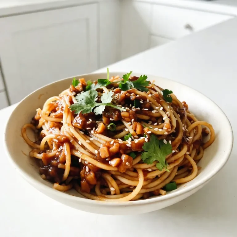- 225 g Spaghetti oder Nudeln nach Wahl - 60 ml Sojasauce oder Tamari - 3 Esslöffel Sesamöl - 1 Teelöffel frischer Ingwer, gerieben Die Hauptzutaten sind einfach und leicht zu finden. Spaghetti sind meine erste Wahl, aber andere Nudeln passen auch gut. Sojasauce gibt den Nudeln einen herzhaften Geschmack. Tamari ist perfekt, wenn du glutenfrei kochen möchtest. Sesamöl bringt eine nussige Note und macht die Nudeln besonders. Frischer Ingwer sorgt für einen tollen Kick. - 2 Esslöffel Honig oder Agavensirup - 1 Esslöffel Reisessig - 1/4 Teelöffel rote Pfefferflocken Diese Würzmittel verleihen den Nudeln Tiefe und Süße. Honig oder Agavensirup süßen die Soße, während Reisessig eine frische Säure bringt. Rote Pfefferflocken geben einen kleinen Schärfekick. Du kannst die Menge nach deinem Geschmack anpassen. - 1 Tasse Frühlingszwiebeln, in Scheiben geschnitten - 1/4 Tasse Sesamsamen, geröstet - Frischer Koriander oder Petersilie Die Garnierung macht das Gericht lebendig. Frühlingszwiebeln bringen Frische und Crunch. Geröstete Sesamsamen fügen eine knusprige Textur hinzu. Frischer Koriander oder Petersilie sorgt für Farbe und Aroma. Diese Details machen das Essen nicht nur lecker, sondern auch schön anzusehen. {{ingredient_image_2}} Um perfekte Nudeln zu machen, koche einen großen Topf mit gesalzenem Wasser. Füge die Spaghetti oder deine Lieblingsnudeln hinzu. Koche sie al dente, wie auf der Verpackung angegeben. Das bedeutet, sie sollten noch etwas fest sein. Nach dem Kochen gieße die Nudeln ab und spüle sie kurz mit kaltem Wasser. So stoppst du den Kochprozess. Stelle die Nudeln dann beiseite. Für die Soße mische in einer kleinen Schüssel 60 ml Sojasauce, 2 Esslöffel Honig oder Agavensirup, 1 Esslöffel Reisessig, 1 Teelöffel geriebenen Ingwer und 1/4 Teelöffel rote Pfefferflocken. Rühre die Zutaten gut mit einem Schneebesen. So stellst du sicher, dass alles gut vermischt ist. Du kannst den Geschmack nach deinem Wunsch anpassen. Wenn es süßer oder schärfer sein soll, füge einfach mehr Honig oder Pfefferflocken hinzu. Erhitze in einer großen Pfanne 3 Esslöffel Sesamöl bei mittlerer Hitze. Füge den fein gehackten Knoblauch und die weißen Teile der Frühlingszwiebeln hinzu. Brate sie etwa 1-2 Minuten, bis sie aromatisch sind. Achte darauf, dass der Knoblauch nicht verbrennt. Verbrannter Knoblauch macht die Soße bitter. Wenn du das Aroma genießt, weißt du, dass es perfekt ist. Gib die gekochten Nudeln in die Pfanne mit der Knoblauch- und Zwiebelmischung. Gieße die vorbereitete Soße über die Nudeln. Mische alles gut durch, bis die Nudeln gleichmäßig mit der Soße überzogen sind. Erwärme alles für etwa 2-3 Minuten. So schmecken die Nudeln noch besser. Nimm die Pfanne vom Herd. Rühre die gerösteten Sesamsamen und die grünen Teile der Frühlingszwiebeln unter die Nudeln. Jetzt kannst du die Nudeln in Schalen anrichten. Garniere sie mit frisch gehacktem Koriander oder Petersilie und streue zusätzliche Sesamsamen darüber, wenn du magst. So machst du das Gericht noch schöner und leckerer. Um die perfekten Nudeln zu kochen, achte auf die Zeit. Die Packungsanweisung hilft dir, die richtige Kochzeit zu finden. In der Regel sind 8 bis 10 Minuten für Spaghetti ideal. Probiere die Nudeln kurz vor Ende der Kochzeit. Sie sollten al dente sein, das heißt, sie haben noch einen kleinen Biss. Wenn du keine Spaghetti magst, probiere andere Nudelsorten. Reisnudeln sind eine tolle Option. Sie sind leicht und nehmen die Soße gut auf. Auch Udon-Nudeln sind lecker und passen gut zur Soße. Die Soße macht die Nudeln besonders. Du kannst sie nach deinem Geschmack verändern. Füge mehr Knoblauch für einen intensiveren Geschmack hinzu. Wenn du es schärfer magst, verwende mehr rote Pfefferflocken. Für eine glutenfreie Version nimm Tamari anstelle von Sojasauce. Das ist eine tolle Alternative. Du kannst auch Kokosnuss-Aminos verwenden, wenn du es süßer magst. Das Anrichten macht das Essen ansprechender. Verwende große Schalen für eine schöne Präsentation. Streue die gerösteten Sesamsamen gleichmäßig über die Nudeln. Das sieht toll aus und gibt zusätzlichen Geschmack. Für die Garnitur sind frische Kräuter wichtig. Frischer Koriander oder Petersilie sind ideal. Sie bringen Farbe und Frische auf den Teller. Wenn du magst, serviere zusätzlich Limettenschnitze. Diese geben den Nudeln einen tollen Kick. Pro Tipps Nudeln richtig kochen: Achten Sie darauf, die Nudeln al dente zu kochen, damit sie beim Mischen mit der Sauce nicht matschig werden. Knoblauch nicht verbrennen: Braten Sie den Knoblauch bei mittlerer Hitze an, um ein Verbrennen zu vermeiden, da verbrannter Knoblauch bitter schmeckt. Würze anpassen: Passen Sie die Menge der roten Pfefferflocken nach Ihrem persönlichen Geschmack an, um die Schärfe zu kontrollieren. Frische Kräuter verwenden: Verwenden Sie frischen Koriander oder Petersilie zur Garnitur, um dem Gericht zusätzlichen Geschmack und Farbe zu verleihen. {{image_4}} Um deine Sesame Garlic Noodles noch bunter und gesünder zu machen, füge Gemüse hinzu. Empfohlene Gemüsesorten sind: - Brokkoli - Paprika - Karotten - Zucchini - Erbsen Zubereitung von Gemüsebeigaben ist einfach. Schneide das Gemüse in kleine Stücke. Dämpfe oder brate es in der Pfanne für 3-5 Minuten, bis es zart ist. Dann mische das Gemüse unter die Nudeln. Du kannst auch Protein zu deinen Nudeln hinzufügen. Möglichkeiten für Tofu, Hähnchen oder Garnelen sind gut. - Für Tofu: Schneide ihn in Würfel und mariniere ihn in Sojasauce. Brate ihn in der Pfanne, bis er goldbraun ist. - Für Hähnchen: Verwende Hähnchenbrust in Würfeln. Marinieren und dann in der Pfanne braten, bis es gar ist. - Für Garnelen: Brate sie einfach in der Pfanne, bis sie rosa sind. Welches Protein du auch wählst, achte darauf, es gut zu würzen. Wenn du eine vegane Version der Nudeln machen möchtest, tausche Honig gegen Agavensirup. So bleibt dein Gericht pflanzlich. Alternative Süßungsmittel sind: - Ahornsirup - Dattelsirup Diese Optionen geben deiner Sauce die nötige Süße. So kannst du die Nudeln genießen, egal ob vegan oder nicht. Um die Sesam Knoblauch Nudeln frisch zu halten, brauche ich die richtigen Behälter. Verwende luftdichte Behälter oder Frischhaltefolie. Diese helfen, die Nudeln vor Luft und Feuchtigkeit zu schützen. Lagere die Nudeln im Kühlschrank. So bleiben sie bis zu drei Tage frisch. Die Temperatur ist wichtig. Stelle sicher, dass der Kühlschrank kalt genug ist. Ideal sind Temperaturen unter 4 Grad Celsius. So bleiben die Aromen und die Frische länger erhalten. Wenn ich die Nudeln wieder aufwärmen möchte, gibt es ein paar gute Methoden. Die beste ist, die Nudeln in einer Pfanne auf mittlerer Hitze zu erwärmen. Füge etwas Wasser oder Sesamöl hinzu, um sie feucht zu halten. Das verhindert, dass sie klebrig werden. Eine andere Methode ist die Mikrowelle. Stelle die Nudeln in eine mikrowellengeeignete Schüssel. Decke sie mit einem feuchten Küchenpapier ab. So bleibt der Dampf in der Schüssel und hilft, die Nudeln gleichmäßig zu erwärmen. Achte darauf, sie nicht zu lange zu erhitzen, damit sie nicht austrocknen. Die Nudeln halten sich im Kühlschrank etwa drei bis vier Tage. Bewahre sie in einem luftdichten Behälter auf. So bleiben sie frisch und lecker. Achte darauf, die Nudeln gut abzukühlen, bevor du sie in den Kühlschrank stellst. So vermeidest du, dass sie zusammenkleben. Ja, du kannst die Nudeln im Voraus zubereiten. Koche die Nudeln und bereite die Soße. Lass sie getrennt abkühlen, bevor du sie lagerst. So bleiben die Nudeln nicht matschig. Wenn du bereit bist zu essen, erwärme die Nudeln und mische sie mit der Soße. Diese Methode spart Zeit an hektischen Tagen. Du kannst viele verschiedene Nudelarten verwenden. Spaghetti sind klassisch, aber auch Reisnudeln oder Udon passen gut. Achte darauf, die Kochzeit je nach Nudelart anzupassen. So bleiben die Nudeln al dente und schmecken toll. Experimentiere mit verschiedenen Sorten, um neue Geschmäcker zu entdecken. In diesem Artikel haben wir die wichtigsten Zutaten und Zubereitungsschritte für ein einfaches Nudelgericht behandelt. Du hast erfahren, wie du perfekte Nudeln kochen und eine schmackhafte Soße zubereiten kannst. Ich habe Tipps gegeben, um deine Gerichte zu variieren und anzupassen. Denke daran, dass die Wahl der Zutaten und die richtige Lagerung entscheidend sind. Experimentiere mit verschiedenen Gemüse- und Proteinoptionen, um deine Mahlzeiten spannend zu halten. Viel Spaß beim Kochen!