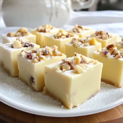 Für mein Rezept brauche ich: - 2 Tassen weiße Schokoladenstückchen - 1 (14 oz) Dose gesüßte Kondensmilch - 1 Teelöffel Vanilleextrakt - 1 Tasse Macadamianüsse, grob gehackt - 1/2 Tasse getrocknete Cranberries (optional) - Eine Prise Salz Die weißen Schokoladenstückchen sind die Basis. Sie geben dem Fudge seinen süßen Geschmack und die cremige Textur. Gesüßte Kondensmilch sorgt für die nötige Feuchtigkeit und Süße. Vanilleextrakt fügt ein köstliches Aroma hinzu. Die Macadamianüsse bringen Knusprigkeit und einen nussigen Geschmack. Wenn du getrocknete Cranberries hinzufügst, bekommst du einen fruchtigen, säuerlichen Akzent. Eine Prise Salz hebt die Aromen hervor und sorgt für Balance. Falls du keine weißen Schokoladenstückchen hast, kannst du auch Milchschokolade verwenden. Für eine milchfreie Option, suche nach veganer Schokolade. Wenn du keine Macadamianüsse magst, sind Pekannüsse oder Walnüsse gute Ersatzstoffe. Die Cranberries sind optional. Du kannst sie auch durch getrocknete Aprikosen oder Rosinen ersetzen. {{ingredient_image_2}} Zuerst bereite deine Backform vor. Nimm eine 20x20 cm große Form und lege sie mit Backpapier aus. Lass einen Überhang, um den Fudge später einfach herauszunehmen. Dies macht das Schneiden viel leichter. Jetzt kommt der wichtigste Teil: das Schmelzen der Schokolade. Nimm einen mittelgroßen Topf und füge die weißen Schokoladenstückchen hinzu. Stelle den Herd auf niedrige Hitze. Rühre ständig, damit die Schokolade nicht anbrennt. Wenn die Schokolade ganz geschmolzen ist, füge die gesüßte Kondensmilch hinzu. Vergiss nicht den Vanilleextrakt! Rühre alles gut um, bis die Mischung glatt ist. Nimm den Topf vom Herd. Jetzt ist es Zeit, die Macadamianüsse und die getrockneten Cranberries hinzuzufügen. Mische sie gut unter die Schokoladenmasse. Gieße die Fudge-Mischung in die vorbereitete Backform und verteile sie gleichmäßig. Lass den Fudge bei Raumtemperatur abkühlen. Danach stelle ihn für mindestens 2 Stunden in den Kühlschrank. Wenn er fest ist, nimm ihn aus der Form und schneide ihn in kleine Quadrate. Einer der häufigsten Fehler ist das Anbrennen der Schokolade. Das passiert, wenn die Hitze zu hoch ist. Schmelze die Schokolade immer bei niedriger Hitze. Rühre ständig, um eine gleichmäßige Schmelze zu erreichen. Ein weiterer Fehler ist, die Mischung zu lange zu kochen. Das kann die Textur beeinträchtigen. Ziehe die Mischung rechtzeitig vom Herd, wenn sie glatt ist. Um den Fudge zu verfeinern, kannst du die Menge an Vanilleextrakt erhöhen. Dies bringt mehr Tiefe in den Geschmack. Wenn du es etwas fruchtiger magst, füge mehr getrocknete Cranberries hinzu. Du kannst auch andere Nüsse wie Walnüsse oder Pekannüsse verwenden. Diese passen gut zu weißer Schokolade und bringen neue Aromen. Präsentiere deine Fudge-Quadrate auf einem schönen Teller. Bestäube sie mit Puderzucker, um sie festlicher wirken zu lassen. Du kannst die Fudge-Stücke auch in kleine Papierhüllen verpacken. Das macht sie perfekt zum Verschenken. Denke daran, den Fudge in gleichmäßige Quadrate zu schneiden. So sehen sie schön aus und sind einfach zu essen. Pro Tipps Die richtige Schokolade: Verwenden Sie hochwertige weiße Schokolade für den besten Geschmack und eine cremige Konsistenz. Macadamianüsse rösten: Rösten Sie die Nüsse leicht in einer Pfanne, um ihren Geschmack zu intensivieren, bevor Sie sie in die Mischung geben. Variationen testen: Experimentieren Sie mit anderen Nüssen oder getrockneten Früchten, um verschiedene Geschmacksrichtungen zu erzielen. Fudge richtig schneiden: Verwenden Sie ein warmes, scharfes Messer, um die Fudge-Quadrate gleichmäßig und sauber zu schneiden. {{image_4}} Wenn du deinen Fudge aufpeppen möchtest, probiere zusätzliche Zutaten. Hier sind einige Ideen: - Getrocknete Cranberries: Diese verleihen einen fruchtigen, säuerlichen Geschmack. - Geröstete Kokosnuss: Diese bringt einen tropischen Flair in dein Dessert. - Schokoladenstückchen: Mische dunkle oder Milchschokoladenstückchen für mehr Vielfalt. - Zimt: Eine Prise Zimt gibt eine warme Note und macht den Fudge besonders. Für eine gesündere Version gibt es viele Optionen. Hier sind einige Vorschläge: - Zuckerfreie Schokolade: Diese Option ist ideal für zuckerbewusste Genießer. - Nüsse: Statt Macadamianüsse kannst du auch Mandeln oder Walnüsse verwenden. - Kokosmilch: Verwende Kokosmilch anstelle von gesüßter Kondensmilch. So wird der Fudge cremig und leicht anders. - Honig oder Ahornsirup: Diese natürlichen Süßstoffe sind gesunde Alternativen zu Zucker. Du kannst deinen Fudge leicht mit anderen Süßigkeiten kombinieren. Hier sind einige Ideen: - Kekse: Zerbrösele deine Lieblingskekse und mische sie unter den Fudge. - Eis: Serviere Fudge als Topping auf deinem Eis für einen besonderen Genuss. - Brownies: Kombiniere Fudge mit Brownies für einen doppelten Schokoladenschub. - Früchte: Füge frische Früchte wie Erdbeeren oder Bananen hinzu, um den Fudge zu verfeinern. Mit diesen Variationen und Kombinationen machst du dein Fudge zu einem echten Geschmackserlebnis! Um deinen Weiße Schokolade Macadamia Fudge frisch zu halten, lege ihn in einen luftdichten Behälter. Achte darauf, dass der Fudge kühl und trocken bleibt. So bleibt der Geschmack lange erhalten. Du kannst auch Backpapier zwischen die Fudge-Stücke legen. Das verhindert, dass sie zusammenkleben. Im Kühlschrank hält sich der Fudge gut bis zu zwei Wochen. Du kannst ihn auch einfrieren. Im Gefrierfach bleibt er bis zu drei Monate frisch. Verpacke ihn gut, um Gefrierbrand zu vermeiden. Wenn du ihn essen möchtest, lass den Fudge langsam bei Raumtemperatur auftauen. Schneide den Fudge in kleine Quadrate. Diese sind perfekt für unterwegs. Du kannst sie in kleine Behälter oder Tüten packen. Das macht sie zu einem tollen Snack für die Schule oder die Arbeit. Mit diesen kleinen Portionen hast du immer etwas Süßes parat! Der Fudge braucht mindestens zwei Stunden, um fest zu werden. Ich empfehle, ihn im Kühlschrank zu lassen. Dies hilft, die perfekte Textur zu erzielen. Lass ihn nach dem Abkühlen bei Raumtemperatur für ein paar Minuten stehen. So wird es einfacher, ihn aus der Form zu nehmen. Ja, du kannst die Macadamianüsse durch andere Nüsse ersetzen. Cashew- oder Pekannüsse sind gute Alternativen. Sie geben einen anderen Geschmack, aber sind genauso lecker. Achte darauf, die Nüsse grob zu hacken, damit sie gut im Fudge verteilt sind. Hochwertige weiße Schokolade findest du in vielen Supermärkten oder online. Achte auf Marken, die echte Kakaobutter verwenden. Diese Schokolade hat einen besseren Geschmack und schmilzt gleichmäßiger. Ich empfehle, in Fachgeschäften für Backzutaten nachzusehen. Dort gibt es oft auch tolle Angebote. Du hast jetzt alles, was du für die Zubereitung von weißem Schokoladen-Macadamia-Fudge brauchst. Wir haben die Zutaten und ihre Bedeutung kennengelernt. Dann folgten die Schritte zur Herstellung und die wertvollen Tipps, um Fehler zu vermeiden. Variationen sind wichtig, um neue Geschmackserlebnisse zu schaffen. Zum Schluss hast du erfahren, wie du den Fudge richtig lagerst. Mit diesen Informationen bist du nun bereit, selbst leckeren Fudge zu machen und zu genießen. Lass die süße Reise beginnen!