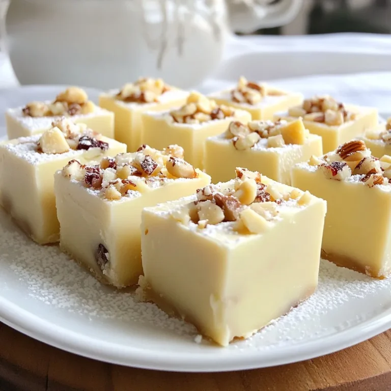 Für mein Rezept brauche ich: - 2 Tassen weiße Schokoladenstückchen - 1 (14 oz) Dose gesüßte Kondensmilch - 1 Teelöffel Vanilleextrakt - 1 Tasse Macadamianüsse, grob gehackt - 1/2 Tasse getrocknete Cranberries (optional) - Eine Prise Salz Die weißen Schokoladenstückchen sind die Basis. Sie geben dem Fudge seinen süßen Geschmack und die cremige Textur. Gesüßte Kondensmilch sorgt für die nötige Feuchtigkeit und Süße. Vanilleextrakt fügt ein köstliches Aroma hinzu. Die Macadamianüsse bringen Knusprigkeit und einen nussigen Geschmack. Wenn du getrocknete Cranberries hinzufügst, bekommst du einen fruchtigen, säuerlichen Akzent. Eine Prise Salz hebt die Aromen hervor und sorgt für Balance. Falls du keine weißen Schokoladenstückchen hast, kannst du auch Milchschokolade verwenden. Für eine milchfreie Option, suche nach veganer Schokolade. Wenn du keine Macadamianüsse magst, sind Pekannüsse oder Walnüsse gute Ersatzstoffe. Die Cranberries sind optional. Du kannst sie auch durch getrocknete Aprikosen oder Rosinen ersetzen. {{ingredient_image_2}} Zuerst bereite deine Backform vor. Nimm eine 20x20 cm große Form und lege sie mit Backpapier aus. Lass einen Überhang, um den Fudge später einfach herauszunehmen. Dies macht das Schneiden viel leichter. Jetzt kommt der wichtigste Teil: das Schmelzen der Schokolade. Nimm einen mittelgroßen Topf und füge die weißen Schokoladenstückchen hinzu. Stelle den Herd auf niedrige Hitze. Rühre ständig, damit die Schokolade nicht anbrennt. Wenn die Schokolade ganz geschmolzen ist, füge die gesüßte Kondensmilch hinzu. Vergiss nicht den Vanilleextrakt! Rühre alles gut um, bis die Mischung glatt ist. Nimm den Topf vom Herd. Jetzt ist es Zeit, die Macadamianüsse und die getrockneten Cranberries hinzuzufügen. Mische sie gut unter die Schokoladenmasse. Gieße die Fudge-Mischung in die vorbereitete Backform und verteile sie gleichmäßig. Lass den Fudge bei Raumtemperatur abkühlen. Danach stelle ihn für mindestens 2 Stunden in den Kühlschrank. Wenn er fest ist, nimm ihn aus der Form und schneide ihn in kleine Quadrate. Einer der häufigsten Fehler ist das Anbrennen der Schokolade. Das passiert, wenn die Hitze zu hoch ist. Schmelze die Schokolade immer bei niedriger Hitze. Rühre ständig, um eine gleichmäßige Schmelze zu erreichen. Ein weiterer Fehler ist, die Mischung zu lange zu kochen. Das kann die Textur beeinträchtigen. Ziehe die Mischung rechtzeitig vom Herd, wenn sie glatt ist. Um den Fudge zu verfeinern, kannst du die Menge an Vanilleextrakt erhöhen. Dies bringt mehr Tiefe in den Geschmack. Wenn du es etwas fruchtiger magst, füge mehr getrocknete Cranberries hinzu. Du kannst auch andere Nüsse wie Walnüsse oder Pekannüsse verwenden. Diese passen gut zu weißer Schokolade und bringen neue Aromen. Präsentiere deine Fudge-Quadrate auf einem schönen Teller. Bestäube sie mit Puderzucker, um sie festlicher wirken zu lassen. Du kannst die Fudge-Stücke auch in kleine Papierhüllen verpacken. Das macht sie perfekt zum Verschenken. Denke daran, den Fudge in gleichmäßige Quadrate zu schneiden. So sehen sie schön aus und sind einfach zu essen. Pro Tipps Die richtige Schokolade: Verwenden Sie hochwertige weiße Schokolade für den besten Geschmack und eine cremige Konsistenz. Macadamianüsse rösten: Rösten Sie die Nüsse leicht in einer Pfanne, um ihren Geschmack zu intensivieren, bevor Sie sie in die Mischung geben. Variationen testen: Experimentieren Sie mit anderen Nüssen oder getrockneten Früchten, um verschiedene Geschmacksrichtungen zu erzielen. Fudge richtig schneiden: Verwenden Sie ein warmes, scharfes Messer, um die Fudge-Quadrate gleichmäßig und sauber zu schneiden. {{image_4}} Wenn du deinen Fudge aufpeppen möchtest, probiere zusätzliche Zutaten. Hier sind einige Ideen: - Getrocknete Cranberries: Diese verleihen einen fruchtigen, säuerlichen Geschmack. - Geröstete Kokosnuss: Diese bringt einen tropischen Flair in dein Dessert. - Schokoladenstückchen: Mische dunkle oder Milchschokoladenstückchen für mehr Vielfalt. - Zimt: Eine Prise Zimt gibt eine warme Note und macht den Fudge besonders. Für eine gesündere Version gibt es viele Optionen. Hier sind einige Vorschläge: - Zuckerfreie Schokolade: Diese Option ist ideal für zuckerbewusste Genießer. - Nüsse: Statt Macadamianüsse kannst du auch Mandeln oder Walnüsse verwenden. - Kokosmilch: Verwende Kokosmilch anstelle von gesüßter Kondensmilch. So wird der Fudge cremig und leicht anders. - Honig oder Ahornsirup: Diese natürlichen Süßstoffe sind gesunde Alternativen zu Zucker. Du kannst deinen Fudge leicht mit anderen Süßigkeiten kombinieren. Hier sind einige Ideen: - Kekse: Zerbrösele deine Lieblingskekse und mische sie unter den Fudge. - Eis: Serviere Fudge als Topping auf deinem Eis für einen besonderen Genuss. - Brownies: Kombiniere Fudge mit Brownies für einen doppelten Schokoladenschub. - Früchte: Füge frische Früchte wie Erdbeeren oder Bananen hinzu, um den Fudge zu verfeinern. Mit diesen Variationen und Kombinationen machst du dein Fudge zu einem echten Geschmackserlebnis! Um deinen Weiße Schokolade Macadamia Fudge frisch zu halten, lege ihn in einen luftdichten Behälter. Achte darauf, dass der Fudge kühl und trocken bleibt. So bleibt der Geschmack lange erhalten. Du kannst auch Backpapier zwischen die Fudge-Stücke legen. Das verhindert, dass sie zusammenkleben. Im Kühlschrank hält sich der Fudge gut bis zu zwei Wochen. Du kannst ihn auch einfrieren. Im Gefrierfach bleibt er bis zu drei Monate frisch. Verpacke ihn gut, um Gefrierbrand zu vermeiden. Wenn du ihn essen möchtest, lass den Fudge langsam bei Raumtemperatur auftauen. Schneide den Fudge in kleine Quadrate. Diese sind perfekt für unterwegs. Du kannst sie in kleine Behälter oder Tüten packen. Das macht sie zu einem tollen Snack für die Schule oder die Arbeit. Mit diesen kleinen Portionen hast du immer etwas Süßes parat! Der Fudge braucht mindestens zwei Stunden, um fest zu werden. Ich empfehle, ihn im Kühlschrank zu lassen. Dies hilft, die perfekte Textur zu erzielen. Lass ihn nach dem Abkühlen bei Raumtemperatur für ein paar Minuten stehen. So wird es einfacher, ihn aus der Form zu nehmen. Ja, du kannst die Macadamianüsse durch andere Nüsse ersetzen. Cashew- oder Pekannüsse sind gute Alternativen. Sie geben einen anderen Geschmack, aber sind genauso lecker. Achte darauf, die Nüsse grob zu hacken, damit sie gut im Fudge verteilt sind. Hochwertige weiße Schokolade findest du in vielen Supermärkten oder online. Achte auf Marken, die echte Kakaobutter verwenden. Diese Schokolade hat einen besseren Geschmack und schmilzt gleichmäßiger. Ich empfehle, in Fachgeschäften für Backzutaten nachzusehen. Dort gibt es oft auch tolle Angebote. Du hast jetzt alles, was du für die Zubereitung von weißem Schokoladen-Macadamia-Fudge brauchst. Wir haben die Zutaten und ihre Bedeutung kennengelernt. Dann folgten die Schritte zur Herstellung und die wertvollen Tipps, um Fehler zu vermeiden. Variationen sind wichtig, um neue Geschmackserlebnisse zu schaffen. Zum Schluss hast du erfahren, wie du den Fudge richtig lagerst. Mit diesen Informationen bist du nun bereit, selbst leckeren Fudge zu machen und zu genießen. Lass die süße Reise beginnen!