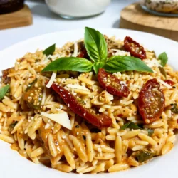 Hier sind die Zutaten, die du für diesen cremigen getrockneten Tomaten-Orzo benötigst. - 1 Tasse Orzo-Nudeln - 2 Tassen Gemüsebrühe - 1 Tasse Schlagsahne - 1/2 Tasse getrocknete Tomaten, gehackt - 1/2 Tasse Parmesan, gerieben - 3 Knoblauchzehen, gehackt - 1 Teelöffel getrocknetes Basilikum - 1 Teelöffel getrockneter Oregano - 2 Esslöffel Olivenöl - Salz und Pfeffer nach Geschmack - Frische Basilikumblätter zum Garnieren Diese Zutaten bringen viel Geschmack in dein Gericht. Die Orzo-Nudeln machen es besonders cremig. Die getrockneten Tomaten geben einen tollen, süßen Geschmack. Die Gemüsebrühe sorgt für eine gute Basis. Schlagsahne und Parmesan machen es reichhaltig und lecker. Knoblauch, Basilikum und Oregano fügen die nötigen Gewürze hinzu. Wenn du frische Basilikumblätter obendrauf gibst, sieht das Gericht auch hübsch aus. Diese Zutaten sind einfach zu finden und machen das Kochen leicht. Nimm dir die Zeit, alles vorzubereiten. So wird dein Gericht noch besser. {{ingredient_image_2}} 1. Olivenöl erhitzen und Knoblauch anbraten Beginne mit 2 Esslöffeln Olivenöl in einer großen Pfanne. Erhitze das Öl bei mittlerer Hitze. Füge 3 gehackte Knoblauchzehen hinzu. Brate den Knoblauch etwa 1 Minute lang an. Achte darauf, dass er nicht braun wird. Der Duft ist einfach köstlich! 2. Getrocknete Tomaten hinzufügen und Aromen vermischen Jetzt ist es Zeit für 1/2 Tasse gehackte getrocknete Tomaten. Gib sie in die Pfanne. Lasse die Tomaten für 2 Minuten mitbraten. Dies hilft, die Aromen zu vereinen. Der Geruch wird intensiver und einladend. 3. Orzo-Nudeln anrösten und Gemüsebrühe hinzufügen Füge 1 Tasse Orzo-Nudeln in die Pfanne. Röste die Nudeln leicht an, während du ständig rührst. Nach etwa 2 Minuten, gieße 2 Tassen Gemüsebrühe dazu. Bringe die Mischung zum Kochen. Reduziere dann die Hitze auf niedrig. Lass alles für 8-10 Minuten köcheln, bis die Orzo al dente ist. 4. Die Kochzeit und die Zubereitung der Sahnesauce Wenn die Brühe fast aufgesogen ist, senke die Hitze weiter. Rühre 1 Tasse Schlagsahne und 1/2 Tasse geriebenen Parmesan ein. Füge 1 Teelöffel getrocknetes Basilikum und 1 Teelöffel Oregano hinzu. Schmecke mit Salz und Pfeffer ab. Rühre, bis der Käse schmilzt und die Sauce cremig wird. Lass das Gericht 2-3 Minuten köcheln. Die Orzo-Sauce wird schön dick und lecker. - Verwendung von frischen oder anderen Varianten von Tomaten Frische Tomaten bringen mehr Saft und Geschmack. Sie können auch Kirschtomaten verwenden. Diese sind süßer und verleihen dem Gericht eine frische Note. Wenn Sie getrocknete Tomaten verwenden, wählen Sie die in Öl eingelegten für mehr Geschmack. - Richtiges Al-Dente für Orzo finden Achten Sie darauf, die Orzo-Nudeln nicht zu lange zu kochen. Al-Dente bedeutet, dass sie weich sind, aber noch etwas Biss haben. Probieren Sie die Nudeln nach etwa 8 Minuten. So bleibt das Gericht perfekt cremig. - Anpassung der Gewürze nach Geschmack Experimentieren Sie mit den Gewürzen. Fügen Sie mehr Oregano oder Basilikum hinzu, wenn Sie es wünschen. Ein Spritzer Zitronensaft kann auch gut passen. So passen Sie den Geschmack ganz nach Ihrem Wunsch an. Pro Tipps Käse: Verwenden Sie frisch geriebenen Parmesan für den besten Geschmack und die beste Schmelze. Gemüsebrühe: Für mehr Geschmack können Sie die Brühe selbst zubereiten oder eine hochwertige Bio-Brühe verwenden. Variationen: Fügen Sie zusätzliches Gemüse wie Spinat oder Zucchini hinzu, um das Gericht noch nahrhafter zu machen. Servieren: Servieren Sie die Orzo mit einem Spritzer frischem Zitronensaft für eine erfrischende Note. {{image_4}} Für eine vegane Version von cremigem getrockneten Tomaten-Orzo, gibt es tolle Alternativen. Anstelle von Schlagsahne verwende ich Kokosmilch oder Cashew-Creme. Das gibt eine ähnliche Cremigkeit und einen feinen Geschmack. Anstelle von Parmesan nutze ich Hefeflocken. Diese verleihen dem Gericht einen würzigen, käsigen Geschmack, ohne tierische Produkte. Ich achte darauf, Gemüsebrühe zu verwenden, die keine tierischen Zutaten enthält. Das ist wichtig für den veganen Genuss. Zusätzlich mag ich es, mehr Gemüse hinzuzufügen. Zucchini oder Spinat passen perfekt dazu. So wird das Gericht bunter und gesünder. Um das Gericht nahrhafter zu machen, füge ich gerne Proteinquellen hinzu. Eine einfache Option sind gebratene Hühnchenstücke. Sie passen gut zu den Aromen und machen das Essen herzhaft. Garnelen sind ebenfalls eine hervorragende Wahl. Sie sind schnell zubereitet und bringen einen leichten Meeresgeschmack. Eine pflanzliche Option sind Kichererbsen. Diese geben dem Gericht einen leckeren Biss und sind voll von Nährstoffen. Egal für welche Proteinquelle du dich entscheidest, achte darauf, sie gut zu würzen. So wird dein Orzo noch geschmackvoller. Um die Reste deiner cremigen Orzo mit getrockneten Tomaten zu lagern, folge diesen Tipps: - Kühlschrank: Fülle die Reste in einen luftdichten Behälter. So bleibt die Orzo frisch. Sie hält sich 3 bis 4 Tage im Kühlschrank. - Gefrieroptionen: Du kannst die Orzo auch einfrieren. Verwende einen gefrierfesten Behälter. Sie bleibt bis zu 3 Monate haltbar. Achte darauf, die Orzo in Portionen zu teilen. So taust du nur die Menge auf, die du brauchst. Beim Erhitzen ist es wichtig, die Cremigkeit zu bewahren. Hier sind einige Methoden: - Mikrowelle: Stelle die Orzo in eine Schüssel und füge einen Spritzer Wasser hinzu. Decke die Schüssel ab. Erwärme sie in 30-Sekunden-Intervallen. Rühre zwischendurch um, bis sie warm ist. - Herd: Erhitze die Orzo in einer Pfanne bei niedriger Hitze. Füge etwas Sahne oder Brühe hinzu, um die Cremigkeit zurückzubringen. Rühre gut um, bis alles heiß ist. Du kannst die Reste bis zu drei Tage im Kühlschrank aufbewahren. Achte darauf, sie in einem luftdichten Behälter zu lagern. So bleibt der Geschmack frisch. Wenn du die Reste länger aufbewahren möchtest, friere sie ein. In einem gefrierfesten Behälter halten sie bis zu drei Monate. Ja, du kannst frische Tomaten verwenden. Die Textur und der Geschmack werden jedoch anders sein. Frische Tomaten sind saftiger. Schneide sie klein und brate sie mit dem Knoblauch an, bis sie weich sind. Du kannst auch eine Mischung aus frischen und getrockneten Tomaten ausprobieren. Das gibt dem Gericht mehr Tiefe. Cremiger Orzo passt gut zu verschiedenen Beilagen. Hier sind einige Empfehlungen: - Grüner Salat: Ein frischer Salat mit Rucola oder Spinat ergänzt das Gericht. - Geröstetes Gemüse: Karotten, Zucchini oder Paprika passen gut. - Knoblauchbrot: Das ist eine leckere Ergänzung. - Gegrilltes Hähnchen oder Garnelen: Diese Proteine passen gut zu Orzo. Sie machen das Gericht noch sättigender. Diese Optionen helfen dir, dein Essen zu variieren und zu bereichern. Zusammenfassend haben wir die Zutaten, Zubereitung und Tipps für cremigen Orzo besprochen. Du kannst mit frischen Tomaten oder Protein variieren. Die Reste sind einfach zu lagern und wieder zu erwärmen. Probiere es aus und genieße dein Gericht. Mit diesen Informationen machst du deinen Orzo perfekt. Viel Spaß beim Kochen und Experimentieren!