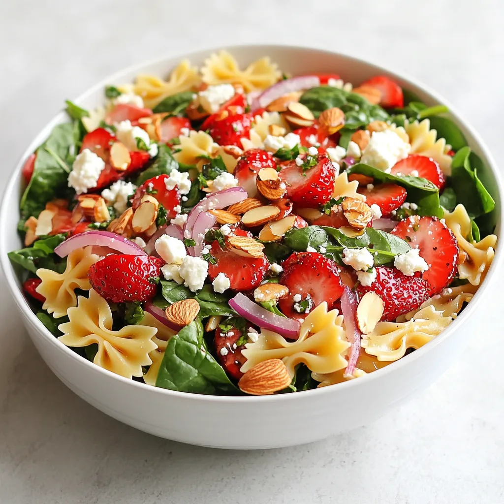 - 225 g Fliegenpilz-Pasta - 4 Tassen frischer Spinat, grob gehackt - 1 Tasse Erdbeeren, entstielt und in Scheiben geschnitten Die Fliegenpilz-Pasta bringt eine tolle Textur in den Salat. Sie ist leicht und hat einen feinen Geschmack. Der frische Spinat fügt Farbe und Nährstoffe hinzu. Er hat einen milden, aber angenehmen Geschmack. Die Erdbeeren geben dem Gericht eine süße Note. Ihre frische und Saftigkeit machen den Salat besonders lecker. - 125 g Feta-Käse, zerbröckelt - 30 g Mandeln, geröstet und grob gehackt - 1/4 Tasse rote Zwiebel, dünn geschnitten Der Feta-Käse bringt eine salzige und cremige Komponente. Er passt gut zu den Süßigkeiten der Erdbeeren. Die Mandeln geben einen tollen Crunch. Geröstete Mandeln schmecken intensiver und verbessern die Textur. Die rote Zwiebel fügt einen scharfen, aber frischen Geschmack hinzu. Sie sorgt für eine schöne Farbvielfalt im Salat. - 60 ml Balsamico-Vinaigrette - Salz und Pfeffer nach Geschmack Die Balsamico-Vinaigrette ist das Herzstück des Dressings. Sie hat eine süß-saure Balance, die die Aromen verbindet. Ich empfehle, die Vinaigrette selbst zu machen, um den Geschmack zu verbessern. Salz und Pfeffer sind wichtig, um den Salat zu würzen. Probieren Sie ihn und passen Sie die Gewürze nach Ihrem Geschmack an. {{ingredient_image_2}} Zuerst bereite ich gesalzenes Wasser in einem großen Topf vor. Ich bringe das Wasser zum Kochen. Wenn das Wasser sprudelt, füge ich die Fliegenpilz-Pasta hinzu. Ich koche die Pasta laut Packungsanweisung al dente, das dauert etwa 8 bis 10 Minuten. Nach dem Kochen gieße ich die Pasta ab und spüle sie mit kaltem Wasser. So stoppe ich den Kochvorgang. Ich lasse die Pasta dann beiseite, damit sie abkühlen kann. Während die Pasta kocht, bereite ich die anderen Zutaten vor. Ich schneide die Erdbeeren in Scheiben und entstiele sie. Den Feta zerbröckele ich in kleine Stücke. Dann hacke ich den frischen Spinat grob. Auch die rote Zwiebel schneide ich dünn. Zum Schluss hacke ich die gerösteten Mandeln grob. Diese Schritte sind wichtig, um frische Aromen zu erhalten. Jetzt ist es Zeit, alles zu kombinieren. In einer großen Rührschüssel gebe ich die abgekühlte Pasta, den gehackten Spinat, die geschnittenen Erdbeeren, den zerbröckelten Feta, die gerösteten Mandeln und die rote Zwiebel. Das sieht schon sehr gut aus! Dann träufle ich die Balsamico-Vinaigrette über den Salat. Ich vermenge alles vorsichtig, damit alle Zutaten gut mit dem Dressing überzogen sind. Zum Schluss probiere ich den Salat und würze ihn nach Belieben mit Salz und Pfeffer. Dann mische ich alles erneut, um die Gewürze gleichmäßig zu verteilen. Um die richtige Pasta zu machen, koche sie al dente. Das bedeutet, die Pasta bleibt fest, wenn du hineinbeißt. Koche die Fliegenpilz-Pasta etwa 8-10 Minuten in gesalzenem Wasser. Achte darauf, sie nicht zu lange zu kochen. Nach dem Kochen, gieße die Pasta ab. Spüle sie unter kaltem Wasser ab. Das stoppt den Kochprozess und hilft, die perfekte Konsistenz zu erreichen. Für intensivere Aromen kann der Salat 30 Minuten im Kühlschrank stehen. So ziehen die Geschmäcker gut ein. Wenn du das Dressing anpassen willst, probiere etwas Honig oder Senf hinzuzufügen. Diese Zutaten geben dem Salat eine neue Dimension. Du kannst auch frische Kräuter verwenden. Basilikum oder Minze machen den Salat frischer und lebendiger. Die Präsentation des Salats ist wichtig. Serviere ihn in einer großen Schüssel oder auf individuellen Tellern. Das sieht schön aus und macht Lust auf mehr. Garniere den Salat mit zusätzlichen Erdbeerscheiben und etwas zerbröckeltem Feta. Diese kleinen Extras machen den Salat ansprechend und lecker. Pro Tipps Pasta richtig kochen: Achte darauf, die Pasta al dente zu kochen, damit sie beim Mischen mit den anderen Zutaten nicht matschig wird. Frische Zutaten verwenden: Verwende frischen Spinat und reife Erdbeeren für den besten Geschmack und die höchste Nährstoffdichte. Vinaigrette anpassen: Du kannst die Balsamico-Vinaigrette nach deinem Geschmack anpassen, indem du zum Beispiel Honig oder Senf hinzufügst. Salat kühlen: Lass den Salat vor dem Servieren im Kühlschrank, damit sich die Aromen besser entfalten können. {{image_4}} Du kannst diesen Salat leicht anpassen. Eine Möglichkeit ist, verschiedene Käsesorten zu verwenden. Ziegenkäse passt gut zu den Erdbeeren. Er gibt dem Salat einen würzigen Geschmack. Auch Himbeeren sind eine tolle Ergänzung. Sie bringen eine frische Note und passen gut zum Spinat. Wenn du eine vegetarische oder vegane Version suchst, gibt es tolle Alternativen. Du kannst andere Nudelsorten wählen, wie Vollkorn- oder Linsenpasta. Diese sind gesünder und geben dem Salat einen anderen Biss. Für das Dressing kannst du ein pflanzenbasiertes Dressing verwenden. Ein einfaches Dressing auf Basis von Olivenöl und Zitronensaft funktioniert super. Das Dressing ist der Schlüssel zu deinem Salat. Eine hausgemachte Vinaigrette ist einfach und lecker. Mische Olivenöl, Essig und Senf für einen tollen Geschmack. Alternativ kannst du ein Joghurt-basiertes Dressing probieren. Das macht den Salat cremig und sättigend. Experimentiere, um deinen perfekten Erdbeer-Spinat-Pasta-Salat zu finden! Um den Erdbeer-Spinat-Pasta-Salat frisch zu halten, lagere ihn im Kühlschrank. Verwende luftdichte Behälter, um den Salat vor Luft und Feuchtigkeit zu schützen. So bleibt er knusprig und lecker. Dieser Salat hält sich gut bis zu drei Tage im Kühlschrank. Achte darauf, die Zutaten frisch zu wählen. Erdbeeren und Spinat verlieren schnell ihre Frische. Wenn sie matschig werden, schmeckt der Salat nicht mehr gut. Hast du Reste? Verwende sie in anderen Gerichten! Du kannst den Salat in Wraps füllen oder auf ein Sandwich legen. Die Reste sind auch ein toller Snack für zwischendurch. Mische sie in einen Joghurt oder in einen Smoothie für zusätzlichen Geschmack. Der Erdbeer-Spinat-Pasta-Salat bleibt im Kühlschrank etwa 3 bis 4 Tage frisch. Stelle sicher, dass du ihn in einem luftdichten Behälter aufbewahrst. So bleibt die Frische der Zutaten erhalten. Ja, du kannst den Salat im Voraus zubereiten. Bereite ihn bis zur Mischung der Zutaten vor. Lagere ihn dann im Kühlschrank. Das Dressing kannst du separat aufbewahren. So bleibt der Salat frisch und knackig. Dieser Salat ist gesund und nahrhaft. Eine Portion hat etwa 300 Kalorien. Er enthält auch Vitamine A und C, Eisen und Ballaststoffe. Die Kombination aus Spinat und Erdbeeren liefert viele wichtige Nährstoffe. Ja, der Salat kann glutenfrei sein. Verwende einfach glutenfreie Pasta. Es gibt viele gute Alternativen aus Reis oder Mais. So kannst du den Salat genießen, ohne glutenhaltige Produkte zu verwenden. Zu diesem Salat passen viele Gerichte gut. Du kannst ihn mit gegrilltem Hähnchen oder Garnelen servieren. Auch ein Stück knuspriges Baguette passt hervorragend dazu. Dieser Salat ist eine tolle Beilage für jedes Grillfest. Der Erdbeer-Spinat-Pasta-Salat bietet eine frische Mischung aus Aromen und Texturen. Wir haben die Hauptzutaten wie Fliegenpilz-Pasta, Spinat und Erdbeeren betrachtet. Dann ergänzten wir die Mischung mit Feta, Mandeln und Zwiebeln. Die Zubereitung mit Balsamico-Vinaigrette sorgt für den perfekten Geschmack. Ob als Beilage oder Hauptgericht, dieser Salat passt immer. Du kannst ihn leicht variieren und auch aufbewahren. Probiere ihn selber aus und genieße die frischen Aromen!
