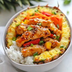 Für die Teriyaki-Hühnchen mit Ananas-Schalen brauchst du: - 2 Hähnchenbrustfilets, ohne Haut und Knochen - 250 ml Teriyaki-Sauce - 1 Esslöffel Olivenöl - 1 Teelöffel Knoblauchpulver - 1 Teelöffel Ingwerpulver - 1 reife Ananas, halbiert und das Fruchtfleisch entfernt - 1 Paprika (rot oder gelb), gewürfelt - 1 Karotte, gerieben - 125 ml Frühlingszwiebeln, gehackt - 1 Esslöffel Sesamsamen - Gekochter Jasminreis, zum Servieren - Salz und Pfeffer nach Geschmack Frische Zutaten machen dein Gericht besser. Wähle reife Ananas. Eine reife Ananas hat eine goldene Farbe und einen süßen Duft. Achte auf frische Paprika ohne Druckstellen. Die Karotte sollte fest sein und leuchtend orange. Frühlingszwiebeln sind am besten, wenn sie knackig und grün sind. Diese frischen Zutaten bringen tollen Geschmack in dein Gericht. Um das Rezept einfach zu machen, brauchst du einige Utensilien: - Eine große Pfanne zum Anbraten - Eine Auflaufform zum Backen - Ein Schneidebrett und ein scharfes Messer für das Gemüse - Eine Schüssel zum Marinieren des Hähnchens - Eine Reibe für die Karotte Mit diesen Utensilien bist du bestens ausgestattet, um köstliche Teriyaki-Hühnchen mit Ananas-Schalen zuzubereiten! {{ingredient_image_2}} Zuerst marinieren wir das Hähnchen. Nehmen Sie die Hähnchenbrustfilets und legen Sie sie in eine Schüssel. Fügen Sie 250 ml Teriyaki-Sauce, 1 Teelöffel Knoblauchpulver, und 1 Teelöffel Ingwerpulver hinzu. Streuen Sie etwas Salz und Pfeffer darüber. Rühren Sie gut um, damit alle Stücke bedeckt sind. Lassen Sie das Hähnchen mindestens 30 Minuten marinieren. Für mehr Geschmack können Sie es bis zu 2 Stunden marinieren. Heizen Sie den Ofen auf 190°C vor. Erhitzen Sie 1 Esslöffel Olivenöl in einer großen Pfanne bei mittlerer bis hoher Hitze. Nehmen Sie das Hähnchen aus der Marinade, aber bewahren Sie die Marinade. Braten Sie das Hähnchen für ca. 5 Minuten auf jeder Seite an, bis es goldbraun ist. Übertragen Sie das Hähnchen in eine Auflaufform und gießen Sie die Marinade darüber. Backen Sie das Hähnchen für 20-25 Minuten, bis es eine Innentemperatur von 75°C erreicht. Während das Hähnchen backt, bereiten Sie die Ananas-Schalen vor. Schneiden Sie den oberen Teil der halbierten Ananas ab. Schöpfen Sie das Fruchtfleisch heraus, lassen Sie aber eine dicke Schale. Hacken Sie das Fruchtfleisch und stellen Sie es beiseite. In derselben Pfanne braten Sie gewürfelte Paprika, geriebene Karotte, und das gehackte Ananasfruchtfleisch. Rühren Sie alles 5 Minuten lang, bis es zart ist. Nehmen Sie das Hähnchen aus dem Ofen, schneiden Sie es in Streifen und vermischen Sie es mit der Gemüse-Mischung. Füllen Sie die Ananas-Hälften mit Jasminreis und der Hähnchen-Gemüse-Pfanne. Garnieren Sie mit Frühlingszwiebeln und Sesamsamen. Um den besten Geschmack zu erhalten, marinieren Sie das Hähnchen mindestens 30 Minuten. Wenn Sie mehr Zeit haben, lassen Sie es bis zu 2 Stunden marinieren. Das gibt der Teriyaki-Sauce Zeit, in das Hähnchen einzuziehen. Je länger, desto besser! Achten Sie darauf, das Hähnchen in einer heißen Pfanne zu braten. So erhält es eine schöne, goldbraune Kruste. Verwenden Sie Olivenöl, um ein Ankleben zu verhindern. Nach dem Anbraten backen Sie das Hähnchen im Ofen. So bleibt es saftig und gart gleichmäßig. Um den Geschmack zu verbessern, fügen Sie beim Anbraten frisches Gemüse hinzu. Paprika und Karotten bringen Farbe und Süße. Das angebratene Ananasfruchtfleisch verstärkt den tropischen Geschmack. Garnieren Sie das Gericht mit Frühlingszwiebeln und Sesamsamen für einen extra Crunch. Pro Tipps Hähnchen marinieren: Lassen Sie das Hähnchen länger marinieren, um den Geschmack zu intensivieren. Bis zu 2 Stunden sind ideal. Ananas-Substitution: Verwenden Sie andere Früchte wie Mango oder Papaya, um verschiedene Geschmäcker zu experimentieren. Sesamsamen rösten: Rösten Sie die Sesamsamen vor dem Hinzufügen, um ihr Aroma und ihren Geschmack zu verstärken. Reis kochen: Für zusätzlichen Geschmack können Sie den Jasminreis in Gemüsebrühe anstelle von Wasser kochen. {{image_4}} Wenn Sie eine vegetarische Version von Teriyaki Chicken Pineapple Bowls machen möchten, tauschen Sie das Hähnchen gegen Tofu oder Tempeh aus. Diese Zutaten nehmen die Teriyaki-Sauce gut auf. Schneiden Sie den Tofu in Würfel und marinieren Sie ihn wie das Hähnchen. Braten Sie ihn dann an, bis er knusprig ist. Diese Option bietet viel Protein und bleibt lecker. Für eine spannende Geschmackserfahrung können Sie mit verschiedenen Gewürzen experimentieren. Fügen Sie etwas Chili-Pulver hinzu, wenn Sie es schärfer mögen. Eine Prise Zimt kann auch eine interessante Note bringen. Versuchen Sie, frischen Ingwer anstelle von Ingwerpulver zu verwenden. Das gibt eine frische und lebendige Note. Die Ananas-Hälften sind nicht nur hübsch, sondern auch praktisch. Sie können die gefüllten Schalen auf einem schönen Teller anrichten. Fügen Sie frische Kräuter oder Limettenscheiben hinzu, um das Gericht zu dekorieren. Servieren Sie zusätzlich etwas Jasminreis oder einen einfachen Salat als Beilage. So wird das Essen noch bunter und einladender. Um die Reste des Teriyaki-Hühnchens gut zu lagern, lassen Sie das Gericht zuerst auf Raumtemperatur abkühlen. Dann legen Sie die Reste in einen luftdichten Behälter. Sie können das Hühnchen mit der Gemüse-Mischung zusammen lagern. Stellen Sie sicher, dass der Behälter gut verschlossen ist, um die Frische zu erhalten. Im Kühlschrank bleibt das Hühnchen bis zu drei Tage haltbar. Wenn Sie die Reste länger aufbewahren möchten, können Sie das Teriyaki-Hühnchen einfrieren. Teilen Sie die Portionen in einzelne Behälter oder verwenden Sie Gefrierbeutel. Achten Sie darauf, die Luft so gut wie möglich herauszudrücken, um Gefrierbrand zu vermeiden. So bleibt das Gericht bis zu drei Monate frisch. Beschriften Sie die Behälter mit dem Datum, damit Sie wissen, wann Sie sie eingefroren haben. Um das Teriyaki-Hühnchen wieder aufzuwärmen, können Sie die Mikrowelle oder den Ofen verwenden. Wenn Sie die Mikrowelle nutzen, stellen Sie die Leistung auf mittlere Stufe und erwärmen Sie das Hühnchen in 1-Minuten-Intervallen. Rühren Sie zwischendurch um, damit alles gleichmäßig warm wird. Wenn Sie den Ofen verwenden, heizen Sie ihn auf 180°C vor. Legen Sie das Hühnchen in eine Auflaufform und decken Sie es mit Alufolie ab, um ein Austrocknen zu verhindern. Erwärmen Sie es für etwa 15-20 Minuten. So schmeckt es fast wie frisch zubereitet. Teriyaki-Hühnchen bleibt im Kühlschrank bis zu drei Tage frisch. Lagern Sie es in einem luftdichten Behälter. Achten Sie darauf, das Hähnchen gut einzupacken. So bleibt die Feuchtigkeit drin. Wenn Sie es länger aufbewahren möchten, frieren Sie es ein. Im Gefrierfach hält es bis zu drei Monate. Lassen Sie es vor dem Essen im Kühlschrank auftauen. Ja, das können Sie! Eine einfache Sauce besteht aus: - 125 ml Sojasauce - 60 ml Honig oder brauner Zucker - 60 ml Reisessig - 1 Teelöffel geriebener Ingwer - 1 Teelöffel Knoblauch Mischen Sie diese Zutaten in einem kleinen Topf. Kochen Sie die Mischung bei schwacher Hitze, bis sie dickflüssig wird. Rühren Sie regelmäßig um, damit sie nicht anbrennt. Diese Sauce ist frisch und lecker. Einige tolle Beilagen sind: - Jasminreis - Ein einfacher Salat - Gedämpftes Gemüse - Frühlingsrollen Diese Beilagen ergänzen die Aromen des Teriyaki-Hühnchens gut. Sie bieten auch eine schöne Balance zur Süße der Ananas. Dieser Artikel bietet eine klare Übersicht über die Zubereitung von Teriyaki-Hühnchen. Wir haben die Zutaten, die Schritte, Tipps und Variationen besprochen. Frische Produkte und richtige Utensilien machen den Unterschied. Marinierzeit und Technik sind wichtig für den Geschmack. Du kannst auch vegetarische Optionen und verschiedene Gewürze verwenden. Achte auf die richtige Lagerung und Wiedererwärmung. So bleibt das Gericht lecker und frisch. Experimentiere mit Beilagen, um dein Teriyaki-Hühnchen zu verfeinern. Viel Spaß beim Kochen!