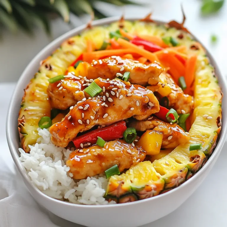 Für die Teriyaki-Hühnchen mit Ananas-Schalen brauchst du: - 2 Hähnchenbrustfilets, ohne Haut und Knochen - 250 ml Teriyaki-Sauce - 1 Esslöffel Olivenöl - 1 Teelöffel Knoblauchpulver - 1 Teelöffel Ingwerpulver - 1 reife Ananas, halbiert und das Fruchtfleisch entfernt - 1 Paprika (rot oder gelb), gewürfelt - 1 Karotte, gerieben - 125 ml Frühlingszwiebeln, gehackt - 1 Esslöffel Sesamsamen - Gekochter Jasminreis, zum Servieren - Salz und Pfeffer nach Geschmack Frische Zutaten machen dein Gericht besser. Wähle reife Ananas. Eine reife Ananas hat eine goldene Farbe und einen süßen Duft. Achte auf frische Paprika ohne Druckstellen. Die Karotte sollte fest sein und leuchtend orange. Frühlingszwiebeln sind am besten, wenn sie knackig und grün sind. Diese frischen Zutaten bringen tollen Geschmack in dein Gericht. Um das Rezept einfach zu machen, brauchst du einige Utensilien: - Eine große Pfanne zum Anbraten - Eine Auflaufform zum Backen - Ein Schneidebrett und ein scharfes Messer für das Gemüse - Eine Schüssel zum Marinieren des Hähnchens - Eine Reibe für die Karotte Mit diesen Utensilien bist du bestens ausgestattet, um köstliche Teriyaki-Hühnchen mit Ananas-Schalen zuzubereiten! {{ingredient_image_2}} Zuerst marinieren wir das Hähnchen. Nehmen Sie die Hähnchenbrustfilets und legen Sie sie in eine Schüssel. Fügen Sie 250 ml Teriyaki-Sauce, 1 Teelöffel Knoblauchpulver, und 1 Teelöffel Ingwerpulver hinzu. Streuen Sie etwas Salz und Pfeffer darüber. Rühren Sie gut um, damit alle Stücke bedeckt sind. Lassen Sie das Hähnchen mindestens 30 Minuten marinieren. Für mehr Geschmack können Sie es bis zu 2 Stunden marinieren. Heizen Sie den Ofen auf 190°C vor. Erhitzen Sie 1 Esslöffel Olivenöl in einer großen Pfanne bei mittlerer bis hoher Hitze. Nehmen Sie das Hähnchen aus der Marinade, aber bewahren Sie die Marinade. Braten Sie das Hähnchen für ca. 5 Minuten auf jeder Seite an, bis es goldbraun ist. Übertragen Sie das Hähnchen in eine Auflaufform und gießen Sie die Marinade darüber. Backen Sie das Hähnchen für 20-25 Minuten, bis es eine Innentemperatur von 75°C erreicht. Während das Hähnchen backt, bereiten Sie die Ananas-Schalen vor. Schneiden Sie den oberen Teil der halbierten Ananas ab. Schöpfen Sie das Fruchtfleisch heraus, lassen Sie aber eine dicke Schale. Hacken Sie das Fruchtfleisch und stellen Sie es beiseite. In derselben Pfanne braten Sie gewürfelte Paprika, geriebene Karotte, und das gehackte Ananasfruchtfleisch. Rühren Sie alles 5 Minuten lang, bis es zart ist. Nehmen Sie das Hähnchen aus dem Ofen, schneiden Sie es in Streifen und vermischen Sie es mit der Gemüse-Mischung. Füllen Sie die Ananas-Hälften mit Jasminreis und der Hähnchen-Gemüse-Pfanne. Garnieren Sie mit Frühlingszwiebeln und Sesamsamen. Um den besten Geschmack zu erhalten, marinieren Sie das Hähnchen mindestens 30 Minuten. Wenn Sie mehr Zeit haben, lassen Sie es bis zu 2 Stunden marinieren. Das gibt der Teriyaki-Sauce Zeit, in das Hähnchen einzuziehen. Je länger, desto besser! Achten Sie darauf, das Hähnchen in einer heißen Pfanne zu braten. So erhält es eine schöne, goldbraune Kruste. Verwenden Sie Olivenöl, um ein Ankleben zu verhindern. Nach dem Anbraten backen Sie das Hähnchen im Ofen. So bleibt es saftig und gart gleichmäßig. Um den Geschmack zu verbessern, fügen Sie beim Anbraten frisches Gemüse hinzu. Paprika und Karotten bringen Farbe und Süße. Das angebratene Ananasfruchtfleisch verstärkt den tropischen Geschmack. Garnieren Sie das Gericht mit Frühlingszwiebeln und Sesamsamen für einen extra Crunch. Pro Tipps Hähnchen marinieren: Lassen Sie das Hähnchen länger marinieren, um den Geschmack zu intensivieren. Bis zu 2 Stunden sind ideal. Ananas-Substitution: Verwenden Sie andere Früchte wie Mango oder Papaya, um verschiedene Geschmäcker zu experimentieren. Sesamsamen rösten: Rösten Sie die Sesamsamen vor dem Hinzufügen, um ihr Aroma und ihren Geschmack zu verstärken. Reis kochen: Für zusätzlichen Geschmack können Sie den Jasminreis in Gemüsebrühe anstelle von Wasser kochen. {{image_4}} Wenn Sie eine vegetarische Version von Teriyaki Chicken Pineapple Bowls machen möchten, tauschen Sie das Hähnchen gegen Tofu oder Tempeh aus. Diese Zutaten nehmen die Teriyaki-Sauce gut auf. Schneiden Sie den Tofu in Würfel und marinieren Sie ihn wie das Hähnchen. Braten Sie ihn dann an, bis er knusprig ist. Diese Option bietet viel Protein und bleibt lecker. Für eine spannende Geschmackserfahrung können Sie mit verschiedenen Gewürzen experimentieren. Fügen Sie etwas Chili-Pulver hinzu, wenn Sie es schärfer mögen. Eine Prise Zimt kann auch eine interessante Note bringen. Versuchen Sie, frischen Ingwer anstelle von Ingwerpulver zu verwenden. Das gibt eine frische und lebendige Note. Die Ananas-Hälften sind nicht nur hübsch, sondern auch praktisch. Sie können die gefüllten Schalen auf einem schönen Teller anrichten. Fügen Sie frische Kräuter oder Limettenscheiben hinzu, um das Gericht zu dekorieren. Servieren Sie zusätzlich etwas Jasminreis oder einen einfachen Salat als Beilage. So wird das Essen noch bunter und einladender. Um die Reste des Teriyaki-Hühnchens gut zu lagern, lassen Sie das Gericht zuerst auf Raumtemperatur abkühlen. Dann legen Sie die Reste in einen luftdichten Behälter. Sie können das Hühnchen mit der Gemüse-Mischung zusammen lagern. Stellen Sie sicher, dass der Behälter gut verschlossen ist, um die Frische zu erhalten. Im Kühlschrank bleibt das Hühnchen bis zu drei Tage haltbar. Wenn Sie die Reste länger aufbewahren möchten, können Sie das Teriyaki-Hühnchen einfrieren. Teilen Sie die Portionen in einzelne Behälter oder verwenden Sie Gefrierbeutel. Achten Sie darauf, die Luft so gut wie möglich herauszudrücken, um Gefrierbrand zu vermeiden. So bleibt das Gericht bis zu drei Monate frisch. Beschriften Sie die Behälter mit dem Datum, damit Sie wissen, wann Sie sie eingefroren haben. Um das Teriyaki-Hühnchen wieder aufzuwärmen, können Sie die Mikrowelle oder den Ofen verwenden. Wenn Sie die Mikrowelle nutzen, stellen Sie die Leistung auf mittlere Stufe und erwärmen Sie das Hühnchen in 1-Minuten-Intervallen. Rühren Sie zwischendurch um, damit alles gleichmäßig warm wird. Wenn Sie den Ofen verwenden, heizen Sie ihn auf 180°C vor. Legen Sie das Hühnchen in eine Auflaufform und decken Sie es mit Alufolie ab, um ein Austrocknen zu verhindern. Erwärmen Sie es für etwa 15-20 Minuten. So schmeckt es fast wie frisch zubereitet. Teriyaki-Hühnchen bleibt im Kühlschrank bis zu drei Tage frisch. Lagern Sie es in einem luftdichten Behälter. Achten Sie darauf, das Hähnchen gut einzupacken. So bleibt die Feuchtigkeit drin. Wenn Sie es länger aufbewahren möchten, frieren Sie es ein. Im Gefrierfach hält es bis zu drei Monate. Lassen Sie es vor dem Essen im Kühlschrank auftauen. Ja, das können Sie! Eine einfache Sauce besteht aus: - 125 ml Sojasauce - 60 ml Honig oder brauner Zucker - 60 ml Reisessig - 1 Teelöffel geriebener Ingwer - 1 Teelöffel Knoblauch Mischen Sie diese Zutaten in einem kleinen Topf. Kochen Sie die Mischung bei schwacher Hitze, bis sie dickflüssig wird. Rühren Sie regelmäßig um, damit sie nicht anbrennt. Diese Sauce ist frisch und lecker. Einige tolle Beilagen sind: - Jasminreis - Ein einfacher Salat - Gedämpftes Gemüse - Frühlingsrollen Diese Beilagen ergänzen die Aromen des Teriyaki-Hühnchens gut. Sie bieten auch eine schöne Balance zur Süße der Ananas. Dieser Artikel bietet eine klare Übersicht über die Zubereitung von Teriyaki-Hühnchen. Wir haben die Zutaten, die Schritte, Tipps und Variationen besprochen. Frische Produkte und richtige Utensilien machen den Unterschied. Marinierzeit und Technik sind wichtig für den Geschmack. Du kannst auch vegetarische Optionen und verschiedene Gewürze verwenden. Achte auf die richtige Lagerung und Wiedererwärmung. So bleibt das Gericht lecker und frisch. Experimentiere mit Beilagen, um dein Teriyaki-Hühnchen zu verfeinern. Viel Spaß beim Kochen!
