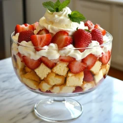 Um ein köstliches Erdbeer-Shortcake-Trifle zu machen, brauchst du folgende Zutaten: - 2 Tassen frische Erdbeeren, entstielt und in Scheiben geschnitten - 1 Esslöffel Zucker - 1 Tasse Schlagsahne - 1/2 Tasse Puderzucker - 1 Teelöffel Vanilleextrakt - 1 Pfund Puddingkuchen, in Würfel geschnitten - 1 Tasse Vanillejoghurt - Frische Minzblätter zum Garnieren Diese Zutaten bilden die Basis für ein leckeres Trifle. Die Süße der Erdbeeren harmoniert perfekt mit der Sahne und dem Joghurt. Achte darauf, frische und reife Erdbeeren zu wählen. Sie sollten süß und saftig sein. Die Schlagsahne sollte frisch sein und einen hohen Fettgehalt haben. So wird sie schön luftig. Verwende hochwertigen Vanilleextrakt für den besten Geschmack. Der Puddingkuchen sollte weich sein, damit er die Feuchtigkeit gut aufnimmt. Wenn du glutenfrei kochen möchtest, benutze glutenfreien Puddingkuchen. Du kannst auch veganen Joghurt und pflanzliche Schlagsahne verwenden. Diese Alternativen bieten dir eine tolle Möglichkeit, das Trifle anzupassen. Schmeckt genauso gut! {{ingredient_image_2}} Zuerst nehme ich zwei Tassen frische Erdbeeren. Ich entstiele sie und schneide sie in Scheiben. Dann gebe ich einen Esslöffel Zucker dazu. Die Erdbeeren sollten gut mit dem Zucker vermischt werden. Ich lasse die Mischung etwa 15 Minuten ruhen. So ziehen die Erdbeeren ihren Saft. Das macht sie süßer und saftiger. Für die Schlagsahne brauche ich eine Tasse Schlagsahne. Ich schlage sie in einer Rührschüssel, bis weiche Spitzen entstehen. Dann füge ich nach und nach eine halbe Tasse Puderzucker und einen Teelöffel Vanilleextrakt hinzu. Ich schlage die Mischung weiter, bis feste Spitzen entstehen. So wird die Schlagsahne lecker und cremig. Jetzt bereite ich meine Serviergläser oder eine Trifle-Schüssel vor. Ich beginne mit einer Schicht der Würfel des Puddingkuchens. Diese lege ich auf den Boden der Gläser. Dann kommt eine Schicht der macerierten Erdbeeren über den Puddingkuchen. Darauf gebe ich eine gleichmäßige Schicht Vanillejoghurt. Danach folgt eine großzügige Schicht der Schlagsahne. Ich wiederhole die Schichten, bis die Gläser oder die Schüssel voll sind. Zum Schluss beende ich mit einer Schicht Schlagsahne obenauf. Um das Trifle schön zu machen, garniere ich es mit ein paar zusätzlichen Erdbeerscheiben und frischen Minzblättern. So sieht es toll aus und schmeckt auch lecker! Ein häufiger Fehler ist, die Erdbeeren nicht genug einweichen zu lassen. Wenn du den Zucker hinzufügst, lass die Erdbeeren etwa 15 Minuten ruhen. So ziehen sie Saft und werden süßer. Ein weiterer Fehler ist, die Schlagsahne zu übermixen. Achte darauf, sie nur bis zu festen Spitzen zu schlagen. Zu viel kann sie körnig machen. Um Zeit zu sparen, kannst du die Erdbeeren und die Schlagsahne im Voraus zubereiten. Die Erdbeeren lassen sich gut bis zu einem Tag vorher einweichen. Die Schlagsahne kannst du auch einen Tag vorher schlagen und im Kühlschrank aufbewahren. So hast du mehr Zeit für das Schichten des Trifles. Für die beste Schlagsahne benutze frische Sahne. Kühle die Schüssel und die Rührbesen vor dem Schlagen. Das hilft, die Sahne schneller und stabiler zu schlagen. Füge den Puderzucker und den Vanilleextrakt langsam hinzu. Das gibt dir eine schöne, glatte Textur. Achte darauf, die Schlagsahne nicht zu lange zu schlagen, damit sie nicht gerinnt. Pro Tipps Erdbeeren richtig vorbereiten: Um den besten Geschmack zu erzielen, lassen Sie die geschnittenen Erdbeeren mindestens 15 Minuten mit Zucker ziehen, damit sie ihren Saft freigeben. Schlagsahne perfekt schlagen: Schlagen Sie die Sahne nur bis zu festen Spitzen, um eine luftige Textur zu gewährleisten. Übermäßiges Schlagen kann die Sahne in Butter verwandeln. Schichten sinnvoll anordnen: Beginnen Sie die Schichtung mit Puddingkuchen und enden Sie mit Schlagsahne, um eine ansprechende Präsentation zu garantieren. Frische Minze für das Aroma: Die Garnitur mit frischen Minzblättern verleiht nicht nur einen schönen Farbkontrast, sondern auch ein frisches Aroma, das das Dessert aufwertet. {{image_4}} Wenn du Erdbeeren magst, probiere auch andere Früchte aus. Himbeeren und Blaubeeren sind tolle Optionen. Pfirsiche oder Mangos bringen eine süße Note. Du kannst auch eine Mischung aus verschiedenen Früchten verwenden. So wird dein Trifle bunt und lecker. Für eine leichtere Variante kannst du Joghurt anstelle von Schlagsahne verwenden. Griechischer Joghurt ist besonders cremig und gesund. Auch pflanzliche Joghurtalternativen sind gut. So bleibt dein Trifle frisch, aber weniger kalorienreich. Du kannst auch eine Zuckeralternative verwenden, um den Zuckergehalt zu senken. Füge extra Aromen hinzu, um dein Trifle zu verfeinern. Ein Spritzer Zitronensaft bringt Frische. Vanilleextrakt sorgt für einen tollen Geschmack. Für Crunch kannst du zerbröselte Kekse oder Nüsse verwenden. Diese Texturen machen dein Trifle noch spannender. Experimentiere mit verschiedenen Kombinationen und finde deinen Favoriten! Bewahre dein Erdbeer-Shortcake-Trifle im Kühlschrank auf. Die kühle Temperatur hält es frisch. Verwende einen luftdichten Behälter, um das Trifle zu schützen. So bleibt es vor Gerüchen und Feuchtigkeit geschützt. Das Trifle hält sich bis zu drei Tage im Kühlschrank. Nach diesem Zeitraum kann es an Geschmack verlieren. Die Sahne wird weicher und die Erdbeeren verlieren ihre Frische. Wenn du es nach ein paar Tagen servierst, schau dir die Schichten an. Die Sahne kann etwas flüssig werden. Schlage frische Sahne auf und füge sie oben auf das Trifle hinzu. Das gibt ihm neuen Schwung. Frische Erdbeeren oder Minze sind auch eine tolle Idee. So sieht es wieder ansprechend aus und schmeckt frisch. Du kannst das Trifle bis zu einen Tag im Voraus zubereiten. Lagere es im Kühlschrank. So bleiben die Schichten frisch. Die Aromen verbinden sich auch besser, was den Geschmack verbessert. Vermeide es, das Trifle länger als einen Tag im Voraus zu machen. Die Erdbeeren können matschig werden. Ja, gefrorene Erdbeeren sind eine gute Option. Achte darauf, sie zuerst aufzutauen. Lass die Erdbeeren abtropfen, um überschüssige Flüssigkeit zu entfernen. Dies hilft, das Trifle nicht zu wässrig zu machen. Gefrorene Erdbeeren können auch süßer sein, also passe die Zuckermenge an. Du kannst Biskuitkuchen oder Löffelbiskuit verwenden. Diese Alternativen haben eine ähnliche Textur. Du kannst auch einen glutenfreien Kuchen wählen, wenn nötig. Ein Keksteig kann ebenfalls gut funktionieren. Sei kreativ und finde die beste Option für deinen Geschmack. Ein Erdbeer-Shortcake-Trifle vereint frische Zutaten perfekt. Achte auf Qualität und passe die Rezepte deinen Diäten an. Bereite die Erdbeeren und die Schlagsahne sorgfältig vor und schichte sie gut. Vermeide häufige Fehler und spare Zeit bei der Vorbereitung. Sei kreativ mit Variationen und lager das Trifle richtig, um den Geschmack zu bewahren. Mit diesen Tipps gelingt dir ein leckeres Dessert, das jedem schmeckt. Sei stolz auf dein Ergebnis und teile es mit Freunden und Familie!