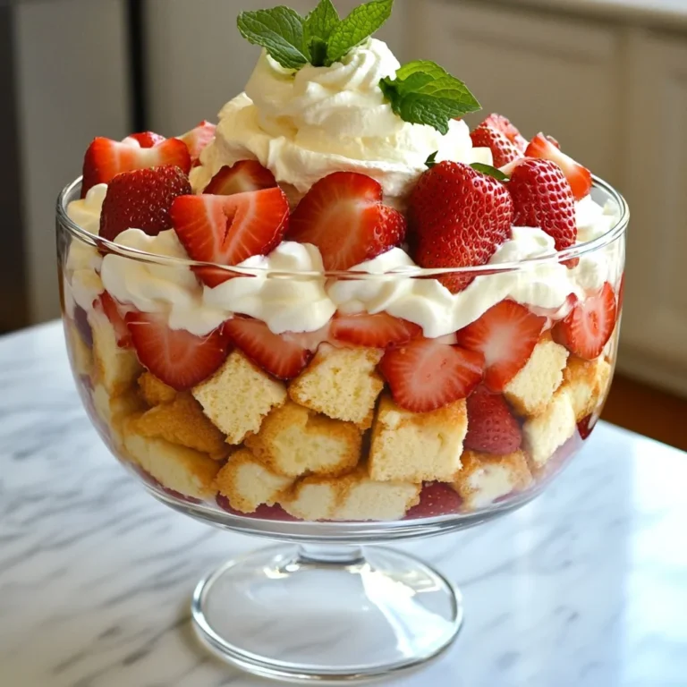 Um ein köstliches Erdbeer-Shortcake-Trifle zu machen, brauchst du folgende Zutaten: - 2 Tassen frische Erdbeeren, entstielt und in Scheiben geschnitten - 1 Esslöffel Zucker - 1 Tasse Schlagsahne - 1/2 Tasse Puderzucker - 1 Teelöffel Vanilleextrakt - 1 Pfund Puddingkuchen, in Würfel geschnitten - 1 Tasse Vanillejoghurt - Frische Minzblätter zum Garnieren Diese Zutaten bilden die Basis für ein leckeres Trifle. Die Süße der Erdbeeren harmoniert perfekt mit der Sahne und dem Joghurt. Achte darauf, frische und reife Erdbeeren zu wählen. Sie sollten süß und saftig sein. Die Schlagsahne sollte frisch sein und einen hohen Fettgehalt haben. So wird sie schön luftig. Verwende hochwertigen Vanilleextrakt für den besten Geschmack. Der Puddingkuchen sollte weich sein, damit er die Feuchtigkeit gut aufnimmt. Wenn du glutenfrei kochen möchtest, benutze glutenfreien Puddingkuchen. Du kannst auch veganen Joghurt und pflanzliche Schlagsahne verwenden. Diese Alternativen bieten dir eine tolle Möglichkeit, das Trifle anzupassen. Schmeckt genauso gut! {{ingredient_image_2}} Zuerst nehme ich zwei Tassen frische Erdbeeren. Ich entstiele sie und schneide sie in Scheiben. Dann gebe ich einen Esslöffel Zucker dazu. Die Erdbeeren sollten gut mit dem Zucker vermischt werden. Ich lasse die Mischung etwa 15 Minuten ruhen. So ziehen die Erdbeeren ihren Saft. Das macht sie süßer und saftiger. Für die Schlagsahne brauche ich eine Tasse Schlagsahne. Ich schlage sie in einer Rührschüssel, bis weiche Spitzen entstehen. Dann füge ich nach und nach eine halbe Tasse Puderzucker und einen Teelöffel Vanilleextrakt hinzu. Ich schlage die Mischung weiter, bis feste Spitzen entstehen. So wird die Schlagsahne lecker und cremig. Jetzt bereite ich meine Serviergläser oder eine Trifle-Schüssel vor. Ich beginne mit einer Schicht der Würfel des Puddingkuchens. Diese lege ich auf den Boden der Gläser. Dann kommt eine Schicht der macerierten Erdbeeren über den Puddingkuchen. Darauf gebe ich eine gleichmäßige Schicht Vanillejoghurt. Danach folgt eine großzügige Schicht der Schlagsahne. Ich wiederhole die Schichten, bis die Gläser oder die Schüssel voll sind. Zum Schluss beende ich mit einer Schicht Schlagsahne obenauf. Um das Trifle schön zu machen, garniere ich es mit ein paar zusätzlichen Erdbeerscheiben und frischen Minzblättern. So sieht es toll aus und schmeckt auch lecker! Ein häufiger Fehler ist, die Erdbeeren nicht genug einweichen zu lassen. Wenn du den Zucker hinzufügst, lass die Erdbeeren etwa 15 Minuten ruhen. So ziehen sie Saft und werden süßer. Ein weiterer Fehler ist, die Schlagsahne zu übermixen. Achte darauf, sie nur bis zu festen Spitzen zu schlagen. Zu viel kann sie körnig machen. Um Zeit zu sparen, kannst du die Erdbeeren und die Schlagsahne im Voraus zubereiten. Die Erdbeeren lassen sich gut bis zu einem Tag vorher einweichen. Die Schlagsahne kannst du auch einen Tag vorher schlagen und im Kühlschrank aufbewahren. So hast du mehr Zeit für das Schichten des Trifles. Für die beste Schlagsahne benutze frische Sahne. Kühle die Schüssel und die Rührbesen vor dem Schlagen. Das hilft, die Sahne schneller und stabiler zu schlagen. Füge den Puderzucker und den Vanilleextrakt langsam hinzu. Das gibt dir eine schöne, glatte Textur. Achte darauf, die Schlagsahne nicht zu lange zu schlagen, damit sie nicht gerinnt. Pro Tipps Erdbeeren richtig vorbereiten: Um den besten Geschmack zu erzielen, lassen Sie die geschnittenen Erdbeeren mindestens 15 Minuten mit Zucker ziehen, damit sie ihren Saft freigeben. Schlagsahne perfekt schlagen: Schlagen Sie die Sahne nur bis zu festen Spitzen, um eine luftige Textur zu gewährleisten. Übermäßiges Schlagen kann die Sahne in Butter verwandeln. Schichten sinnvoll anordnen: Beginnen Sie die Schichtung mit Puddingkuchen und enden Sie mit Schlagsahne, um eine ansprechende Präsentation zu garantieren. Frische Minze für das Aroma: Die Garnitur mit frischen Minzblättern verleiht nicht nur einen schönen Farbkontrast, sondern auch ein frisches Aroma, das das Dessert aufwertet. {{image_4}} Wenn du Erdbeeren magst, probiere auch andere Früchte aus. Himbeeren und Blaubeeren sind tolle Optionen. Pfirsiche oder Mangos bringen eine süße Note. Du kannst auch eine Mischung aus verschiedenen Früchten verwenden. So wird dein Trifle bunt und lecker. Für eine leichtere Variante kannst du Joghurt anstelle von Schlagsahne verwenden. Griechischer Joghurt ist besonders cremig und gesund. Auch pflanzliche Joghurtalternativen sind gut. So bleibt dein Trifle frisch, aber weniger kalorienreich. Du kannst auch eine Zuckeralternative verwenden, um den Zuckergehalt zu senken. Füge extra Aromen hinzu, um dein Trifle zu verfeinern. Ein Spritzer Zitronensaft bringt Frische. Vanilleextrakt sorgt für einen tollen Geschmack. Für Crunch kannst du zerbröselte Kekse oder Nüsse verwenden. Diese Texturen machen dein Trifle noch spannender. Experimentiere mit verschiedenen Kombinationen und finde deinen Favoriten! Bewahre dein Erdbeer-Shortcake-Trifle im Kühlschrank auf. Die kühle Temperatur hält es frisch. Verwende einen luftdichten Behälter, um das Trifle zu schützen. So bleibt es vor Gerüchen und Feuchtigkeit geschützt. Das Trifle hält sich bis zu drei Tage im Kühlschrank. Nach diesem Zeitraum kann es an Geschmack verlieren. Die Sahne wird weicher und die Erdbeeren verlieren ihre Frische. Wenn du es nach ein paar Tagen servierst, schau dir die Schichten an. Die Sahne kann etwas flüssig werden. Schlage frische Sahne auf und füge sie oben auf das Trifle hinzu. Das gibt ihm neuen Schwung. Frische Erdbeeren oder Minze sind auch eine tolle Idee. So sieht es wieder ansprechend aus und schmeckt frisch. Du kannst das Trifle bis zu einen Tag im Voraus zubereiten. Lagere es im Kühlschrank. So bleiben die Schichten frisch. Die Aromen verbinden sich auch besser, was den Geschmack verbessert. Vermeide es, das Trifle länger als einen Tag im Voraus zu machen. Die Erdbeeren können matschig werden. Ja, gefrorene Erdbeeren sind eine gute Option. Achte darauf, sie zuerst aufzutauen. Lass die Erdbeeren abtropfen, um überschüssige Flüssigkeit zu entfernen. Dies hilft, das Trifle nicht zu wässrig zu machen. Gefrorene Erdbeeren können auch süßer sein, also passe die Zuckermenge an. Du kannst Biskuitkuchen oder Löffelbiskuit verwenden. Diese Alternativen haben eine ähnliche Textur. Du kannst auch einen glutenfreien Kuchen wählen, wenn nötig. Ein Keksteig kann ebenfalls gut funktionieren. Sei kreativ und finde die beste Option für deinen Geschmack. Ein Erdbeer-Shortcake-Trifle vereint frische Zutaten perfekt. Achte auf Qualität und passe die Rezepte deinen Diäten an. Bereite die Erdbeeren und die Schlagsahne sorgfältig vor und schichte sie gut. Vermeide häufige Fehler und spare Zeit bei der Vorbereitung. Sei kreativ mit Variationen und lager das Trifle richtig, um den Geschmack zu bewahren. Mit diesen Tipps gelingt dir ein leckeres Dessert, das jedem schmeckt. Sei stolz auf dein Ergebnis und teile es mit Freunden und Familie!