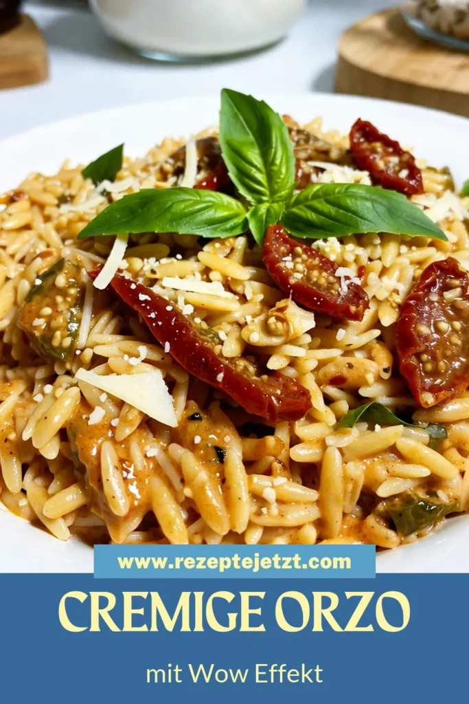 Entdecken Sie unser köstliches Rezept für cremige Orzo mit getrockneten Tomaten! Diese einfache Orzo Rezept bringt schnelle Pasta Gerichte auf ein neues Level. Zubereitet mit Gemüsebrühe, Sahne und aromatischen Gewürzen ist es das perfekte vegetarische Orzo Rezept für alle Pasta-Liebhaber. Ideal für ein schnelles Abendessen! Probieren Sie es aus und speichern Sie es für später. #OrzoRezeptEinfach #SchnellePastaGerichte #VegetarischeOrzoRezepte #CremigeOrzo