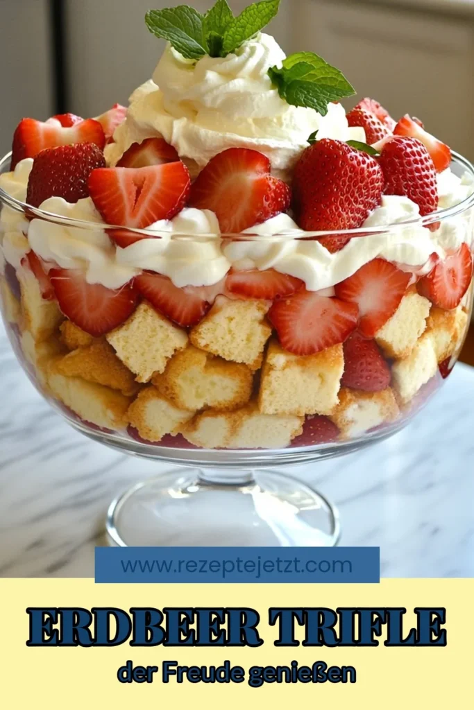 Entdecken Sie unser erfrischendes Erdbeer-Shortcake-Rezept mit diesem köstlichen Trifle mit Schlagsahne. Perfekt für jeden Anlass und einfache Erdbeerdesserts, die zum Schlemmen einladen! Dieses Puddingkuchen Trifle kombiniert frische Erdbeeren Dessert mit cremiger Schlagsahne und zartem Joghurt. Probieren Sie es aus und überraschen Sie Ihre Gäste! Speichern Sie das Rezept jetzt und genießen Sie die beerige Freude! #ErdbeerShortcake #Trifle #DessertRezept #Erdbeeren