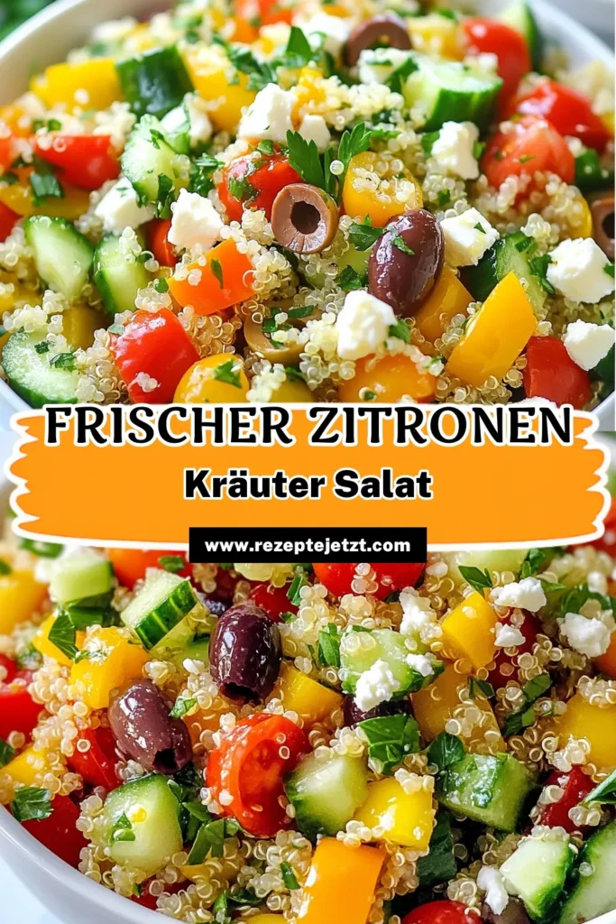 Entdecken Sie unser erfrischendes Rezept für einen Zitronen Kräuter Salat, perfekt für den Sommer! Dieser mediterrane Quinoa Salat mit Feta und Oliven ist ein einfacher Salat, der gesund und vegetarisch ist. Er überzeugt durch frische Zutaten und ist ideal für ein leichtes Mittagessen oder als Beilage. Probieren Sie es aus und genießen Sie das Geschmackserlebnis! Speichern Sie dieses gesunde Sommerrezept für Ihre nächste Grillfeier! #ZitronenKräuterSalat #MediterranerQuinoaSalat #EinfacherSalatMitFeta #GesundeSommerrezepte