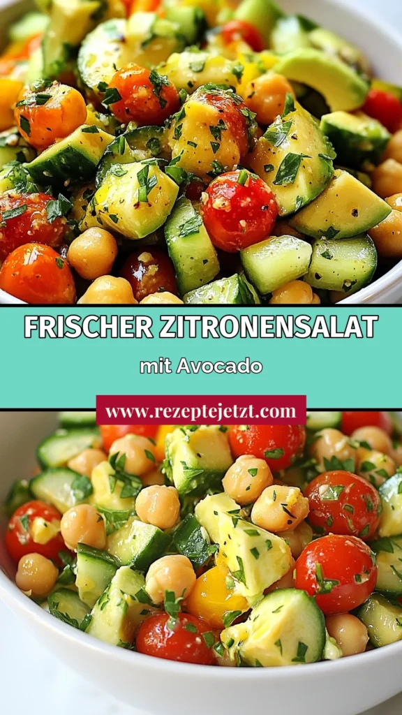 Entdecke den perfekten gesunden Salat mit Avocado – unseren zitronigen Kichererbsensalat! Dieser Kichererbsen Avocadosalat ist nicht nur einfach zuzubereiten, sondern auch vollgepackt mit frischen Zutaten, die deine Geschmacksknospen erfreuen. Ideal für vegane Salatrezepte oder als Beilage zu Reis mit Kichererbsen und Avocado. Hol dir jetzt das Rezept und genieße einen frischen, leckeren Salat! #Kichererbsensalat #Avocado #veganeRezepte #Salatrezepte