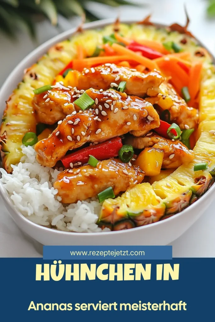 Entdecken Sie unser köstliches Teriyaki-Hühnchen Rezept, das perfekt in gefüllte Ananas-Hälften serviert wird! Dieses einfache Teriyaki-Gericht vereint saftiges Hühnchen mit Ananas und knackigem Gemüse – ideal für asiatische Küchengerichte. Genießen Sie diese farbenfrohe und gesunde Mahlzeit, die in kürzester Zeit zubereitet ist. Speichern Sie dieses Rezept für Ihre nächste Dinner-Party! #TeriyakiHühnchen #AsiatischeKüche #HühnchenMitAnanas #EinfacheGerichte