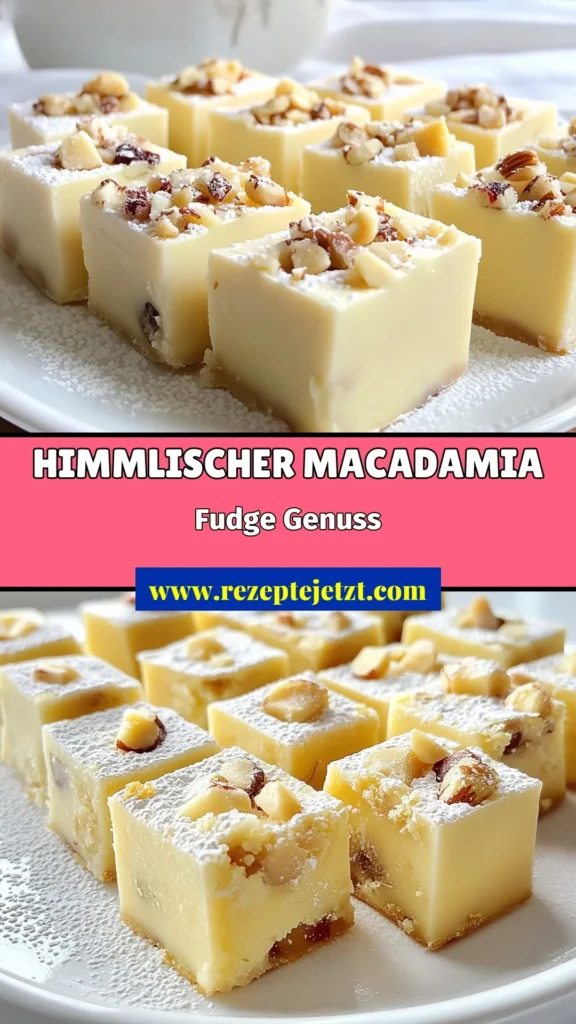 Entdecke unser köstliches Rezept für weiße Schokolade Fudge mit Macadamianüssen! Dieses einfache Macadamia Fudge Rezept ist perfekt für süße Snacks mit Schokolade und begeistert jeden Schokoladenliebhaber. In nur 15 Minuten zubereitet, wird dieser weiße Schokolade Dessert deine Gaumenfreuden bereichern. Probiere es aus und teile deine Ergebnisse! #Schokolade #Fudge #DessertRezepte #SüßeSnacks.