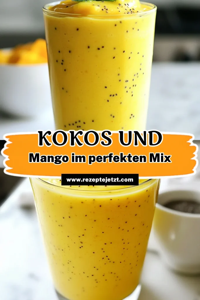 Entdecken Sie unser erfrischendes Kokos-Mango-Smoothie Rezept! Dieser gesunde Frucht-Smoothie kombiniert die Süße von reifen Mangos mit cremiger Kokosmilch und nährstoffreichen Chiasamen. Perfekt für einen schnellen Snack oder als tropischer Genuss an warmen Tagen. Probieren Sie unser einfaches Mango-Chia-Rezept und bringen Sie den Geschmack des Urlaubs in Ihr Glas. Speichern Sie es für später! #KokosMangoSmoothie #ChiaSmoothieRezept #gesunderSmoothie #tropischerSmoothie