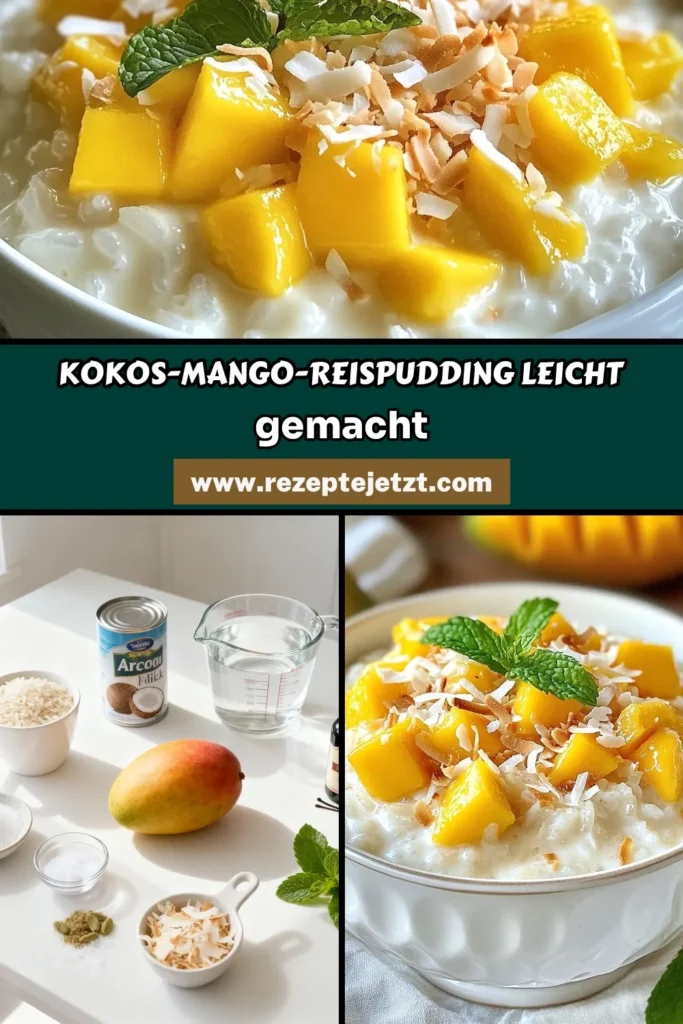 Entdecke das köstliche Rezept für Kokos-Mango-Reispudding, das perfekte vegane Dessert Rezept für tropische Momente. Dieser cremige Reis Pudding vereint die Aromen von süßer Mango und cremiger Kokosmilch. Genieße den tropischen Kokosgericht für jede Gelegenheit. Lass dir dieses Mango Kokospudding Rezept nicht entgehen und speichere es dir für den nächsten süßen Genuss! #vegandessert #kokosrezept #mangopudding #dessertliebe