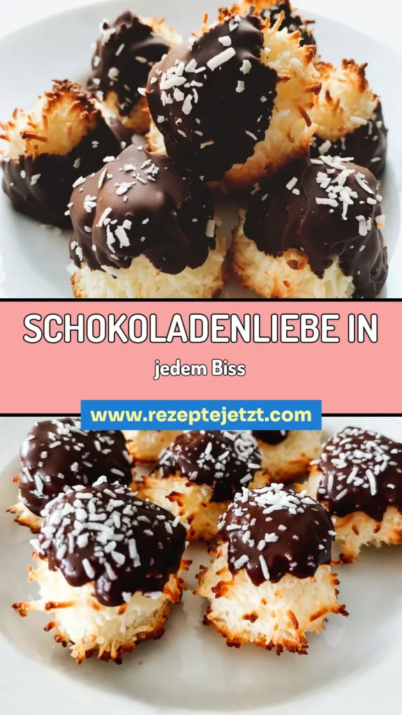 Entdecken Sie das perfekte Rezept für Schokoladen-Kokos-Macaroons! Dieses dekadente Schokoladenleckerei vereint ungesüßte Kokosraspel und süße Kondensmilch für ein himmlisches Kokosraspel Dessert. Mit dieser einfachen Macaroons Anleitung gelingt Ihnen die Zubereitung mühelos. Backen Sie diese zarten Leckereien und verwöhnen Sie sich selbst! Jetzt das Rezept für Macaroons ausprobieren und speichern! #Macarons #Kokosraspel #Schokolade #Dessert
