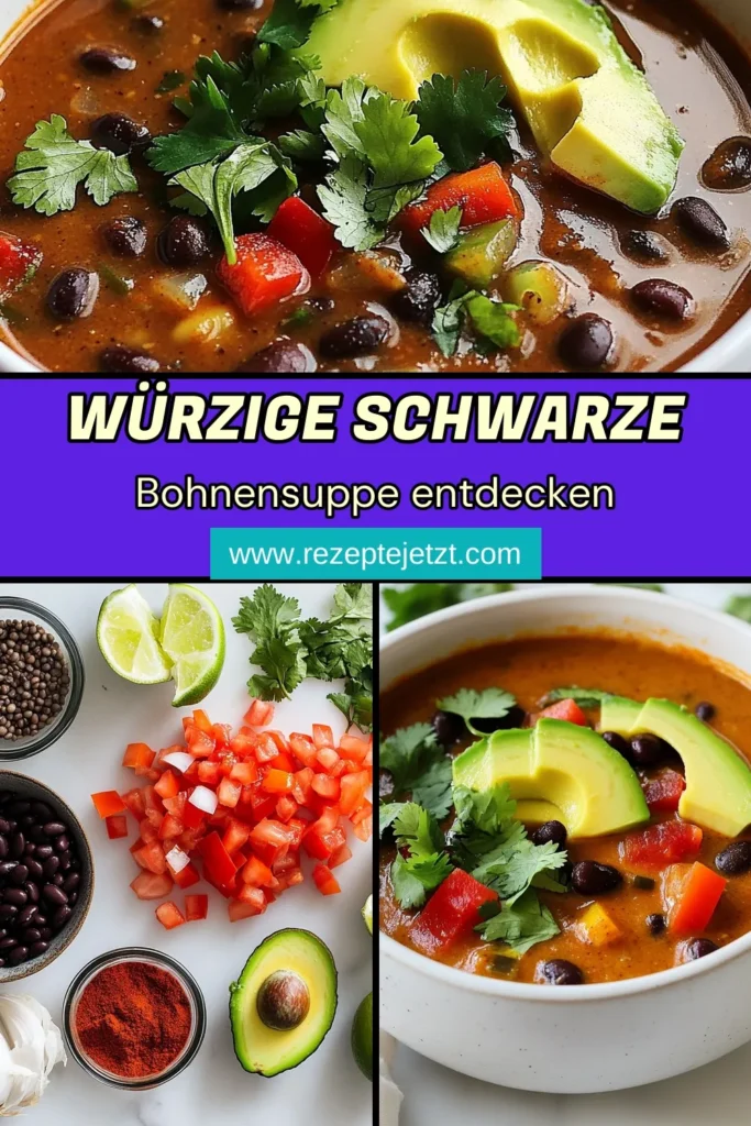 Entdecke unsere würzige Chipotle-Schwarze Bohnensuppe, die perfekte vegane Chipotle-Suppe für kalte Tage! Mit einfachen Zutaten wie schwarzen Bohnen, frischem Gemüse und einer leidenschaftlichen Gewürzmischung ist dieses Rezept für schwarze Bohnensuppe nicht nur lecker, sondern auch gesund. Ideal für ein schnelles Abendessen. Probiere es aus und genieße ein Stück Wärme in deiner Schüssel! Speichere das Rezept für gesunde Suppenrezepte! #ChipotleSuppe #Bohnensuppe #VeganeRezepte #GesundeSuppe