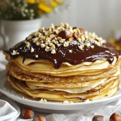 - 1 Tasse Weizenmehl - 2 große Eier - 2 Tassen Milch - 2 Esslöffel geschmolzene Butter - 1 Esslöffel Zucker - 1/2 Teelöffel Vanilleextrakt - Eine Prise Salz Für die Crepes beginnen wir mit den trockenen Zutaten. Das Weizenmehl kommt in eine große Schüssel. Füge dann die Eier hinzu. Nach den Eiern gibst du die Milch dazu. Es ist wichtig, dass du alles gut verrührst. So bekommst du einen glatten Teig. Nachdem der Teig gut vermischt ist, füge die geschmolzene Butter hinzu. Das gibt den Crepes einen tollen Geschmack. Dann kommt der Zucker und der Vanilleextrakt dazu. Zum Schluss streue eine Prise Salz hinein. Das Salz bringt die Aromen gut zur Geltung. Lass den Teig für etwa 30 Minuten ruhen. - 1 Tasse Schlagsahne - 1/2 Tasse Schokoladen-Nuss-Aufstrich - 1/4 Tasse Puderzucker - 1 Teelöffel Vanilleextrakt - 1/2 Tasse gehackte Haselnüsse Für die Schokoladen-Nuss-Creme schlägst du zuerst die Schlagsahne. Achte darauf, dass sie steif wird. Das ist wichtig für die Konsistenz. Danach gibst du den Schokoladen-Nuss-Aufstrich dazu. Rühre gut um, bis alles vermischt ist. Füge dann den Puderzucker und den Vanilleextrakt hinzu. Diese Zutaten machen die Creme süß und aromatisch. Zum Schluss kommen die gehackten Haselnüsse dazu. Diese geben der Creme einen knackigen Biss. Jetzt sind deine Zutaten bereit für die nächsten Schritte. {{ingredient_image_2}} Zuerst mixe ich die Zutaten für den Crepeteig. Ich gebe 1 Tasse Weizenmehl, 2 große Eier, 2 Tassen Milch, 2 Esslöffel geschmolzene Butter, 1 Esslöffel Zucker, 1/2 Teelöffel Vanilleextrakt und eine Prise Salz in eine große Schüssel. Ich verrühre alles gut, bis der Teig glatt ist. Das ist wichtig, damit die Crepes gleichmäßig werden. Jetzt lasse ich den Teig für etwa 30 Minuten ruhen. Diese Zeit hilft, die Aromen zu entfalten. Danach erhitze ich eine beschichtete Pfanne bei mittlerer Hitze. Ich fette die Pfanne leicht mit Butter ein. Dann gebe ich etwa 1/4 Tasse Teig in die Pfanne. Ich schwenke die Pfanne, damit der Teig gleichmäßig verteilt ist. Ich backe den Crepe 1-2 Minuten, bis die Ränder sich anheben und die Unterseite goldbraun wird. Dann wende ich ihn und backe die andere Seite für eine weitere Minute. Ich wiederhole diesen Vorgang mit dem restlichen Teig und stapel die fertigen Crepes auf einem Teller. Jetzt mache ich die Schokoladen-Nuss-Creme. Ich nehme eine Rührschüssel und schlage 1 Tasse Schlagsahne, bis weiche Spitzen entstehen. Das geht schnell und macht die Creme luftig. Dann hebe ich vorsichtig 1/2 Tasse Schokoladen-Nuss-Aufstrich, 1/4 Tasse Puderzucker und 1 Teelöffel Vanilleextrakt unter die Schlagsahne. Wichtig ist, alles gut zu vermischen, damit die Creme perfekt wird. Jetzt kann ich den Kuchen schichten. Ich lege einen Crepe auf einen Servierteller. Ich verstreiche eine großzügige Schicht der Schokoladen-Nuss-Creme darauf. Dann streue ich eine Schicht gehackte Haselnüsse darüber. Ich wiederhole diesen Schritt mit den restlichen Crepes und Creme, bis ich alle Crepes verwendet habe. Den letzten Crepe bedecke ich mit einer Schicht Creme. Das sieht toll aus! Jetzt decke ich den Kuchen mit Frischhaltefolie ab und lasse ihn mindestens 2 Stunden im Kühlschrank kühlen. So verbinden sich die Aromen besser. - Temperatur der Pfanne: Die Pfanne sollte heiß, aber nicht rauchend sein. Eine mittlere Hitze ist perfekt. So backen die Crepes gleichmäßig. - Teig gut ruhen lassen: Lass den Teig mindestens 30 Minuten ruhen. So wird er glatter und die Crepes werden zarter. - Schlagsahne richtig schlagen: Schlage die Sahne, bis sie weiche Spitzen hat. Übermixen kann die Creme wässrig machen. - Creme gleichmäßig verteilen: Nutze einen Spatel, um die Creme gleichmäßig auf den Crepes zu verteilen. Das sorgt für einen schönen Look. - Kühlzeit optimieren: Kühle den Kuchen mindestens zwei Stunden, besser über Nacht. So verbinden sich die Aromen gut. - Anrichten und Servieren: Vor dem Servieren die Oberseite mit gehackten Haselnüssen garnieren. Das sieht toll aus und schmeckt frisch. Pro Tipps Teig ruhen lassen: Lassen Sie den Crepe-Teig mindestens 30 Minuten ruhen, um die Aromen zu intensivieren und die Textur zu verbessern. Crepes gleichmäßig braten: Stellen Sie sicher, dass die Pfanne gut vorgeheizt ist, um eine gleichmäßige Bräunung der Crepes zu gewährleisten. Schichten mit Bedacht: Achten Sie darauf, die Schokoladen-Nuss-Creme gleichmäßig zwischen den Crepes zu verteilen, um einen harmonischen Geschmack zu erzielen. Kühlen für beste Ergebnisse: Kühlen Sie den fertig geschichteten Kuchen mindestens 2 Stunden oder über Nacht, damit die Aromen gut durchziehen können. {{image_4}} Möchten Sie Ihren Schokoladen-Haselnuss-Crepe-Kuchen anpassen? Probieren Sie fruchtige Variationen! - Erdbeeren: Frische Erdbeeren bringen süße und saftige Aromen. - Bananen: Bananen ergänzen die Schokolade perfekt mit ihrer Süße. Sie können auch Gewürze hinzufügen, um neue Geschmäcker zu finden. - Zimt: Zimt gibt warmen, würzigen Geschmack. - Kakaopulver: Mehr Kakaopulver verstärkt den Schokoladengeschmack. Haben Sie spezielle diätetische Bedürfnisse? Kein Problem! - Glutenfreies Mehl: Verwenden Sie glutenfreies Mehl, um die Crepes zu machen. - Pflanzliche Alternativen: Nutzen Sie pflanzliche Sahne und Eier für die Creme. Diese Anpassungen machen den Kuchen für mehr Menschen zugänglich. Experimentieren Sie mit verschiedenen Optionen und finden Sie Ihre Lieblingskombinationen! - Bewahren Sie den Schokoladen-Haselnuss-Crepe-Kuchen im Kühlschrank auf. Legen Sie ihn in einen luftdichten Behälter. So bleibt er frisch. - Sie können den Kuchen auch portionsweise einfrieren. Schneiden Sie ihn in Stücke und legen Sie diese in spezielle Gefrierbeutel. Denken Sie daran, die Stücke gut zu verpacken, um Gefrierbrand zu vermeiden. - Die Zutaten haben verschiedene Haltbarkeiten. Die Eier und die Milch sollten frisch sein. Achten Sie auf das Haltbarkeitsdatum. - Die Schokoladen-Nuss-Creme bleibt im Kühlschrank etwa drei bis vier Tage frisch. Stellen Sie sicher, dass die Creme gut abgedeckt ist. So bleibt sie länger lecker. Die Zubereitung dauert insgesamt etwa 2,5 Stunden. Die Vorbereitung selbst nimmt 30 Minuten in Anspruch. Danach sollte der Kuchen für mindestens 2 Stunden im Kühlschrank ruhen. Diese Kühlzeit hilft, die Aromen gut zu vermischen und den Kuchen fest werden zu lassen. Ja, du kannst den Kuchen im Voraus zubereiten. Er schmeckt sogar noch besser, wenn er über Nacht im Kühlschrank steht. Du kannst die Crepes und die Creme am Vortag machen. Lagere die Crepes und die Creme getrennt, bis du bereit bist, den Kuchen zu schichten. Dies verhindert, dass die Crepes durchweichen. Zum Servieren empfehle ich, den Kuchen mit zusätzlichen gehackten Haselnüssen zu garnieren. Du kannst auch frische Beeren oder Schokoladensauce hinzufügen. Für etwas mehr Geschmack kannst du einen Hauch von Puderzucker darüber streuen. Eine Kugel Vanilleeis passt ebenfalls gut dazu und macht das Dessert noch köstlicher. Zusammengefasst habe ich die Schritte aufgelistet, um einen köstlichen Schokoladen-Nuss-Crepe-Kuchen zu machen. Du hast die Zutaten und den Ablauf der Zubereitung gelernt. Vergiss nicht, die Tipps für perfekte Crepes und die Schokoladen-Nuss-Creme zu nutzen. Variationen bringen neuen Geschmack in dein Rezept. Mit diesen Tipps kannst du den Kuchen optimal lagern und die Haltbarkeit sichern. Probiere es aus und genieße jeden Biss!