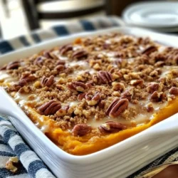 - 4 mittelgroße Süßkartoffeln, geschält und gewürfelt - 1/2 Tasse Ahornsirup - 1/4 Tasse ungesüßte Mandelmilch Die Hauptzutaten bilden die Basis für unseren Auflauf. Süßkartoffeln bringen eine natürliche Süße und eine schöne Farbe. Ahornsirup gibt zusätzliche Süße und einen tollen Geschmack. Mandelmilch macht die Mischung cremig und leicht. - 2 Esslöffel ungesalzene Butter, geschmolzen - 1 Teelöffel Vanilleextrakt - 1 Teelöffel Zimt - 1/2 Teelöffel Muskatnuss - 1/2 Teelöffel Salz Die zusätzlichen Zutaten bringen mehr Tiefe in den Geschmack. Butter sorgt für eine reiche Textur, während Vanille und Gewürze für ein warmes Aroma sorgen. Zimt und Muskatnuss sind klassische Gewürze, die den Auflauf perfekt abrunden. - 1 Tasse Pekannüsse, grob gehackt - 1/2 Tasse brauner Zucker - 1/4 Tasse Mehl (Weißmehl oder glutenfreies Mehl) Die Bekrönung macht den Auflauf besonders. Die Pekannüsse geben einen knusprigen Biss. Brauner Zucker sorgt für eine süße Kruste und Mehl hilft, die Mischung zusammenzuhalten. Dieses Topping wird beim Backen schön goldbraun. {{ingredient_image_2}} Heize deinen Ofen auf 175°C vor. Das hilft beim gleichmäßigen Garen. Während der Ofen warm wird, bereite die Süßkartoffeln vor. Koche die gewürfelten Süßkartoffeln in einem großen Topf mit gesalzenem Wasser. Lass sie etwa 15 Minuten kochen, bis sie zart sind. Teste mit einer Gabel. Nach dem Kochen lasse die Süßkartoffeln abtropfen und etwas abkühlen. Nimm einen Kartoffelstampfer und zerdrücke die Süßkartoffeln in einer großen Schüssel. Die Masse sollte glatt sein. Jetzt füge den Ahornsirup, die Mandelmilch, die geschmolzene Butter, den Vanilleextrakt, Zimt, Muskatnuss und Salz hinzu. Rühre alles gut mit einem großen Löffel. Achte darauf, dass alles gut vermischt ist. Gieße die Süßkartoffelmischung in eine gefettete Auflaufform. Verwende eine 23x33 cm große Form. Verteile die Mischung gleichmäßig. In einer separaten Schüssel vermenge die gehackten Pekannüsse, den braunen Zucker, das Mehl und das geschmolzene Kokosöl. Mische alles, bis die Mischung krümelig ist. Streue diese Pekannussmischung gleichmäßig über die Süßkartoffelmasse. Backe den Auflauf 25-30 Minuten lang. Die Kruste sollte goldbraun sein. Lass den Auflauf ein paar Minuten abkühlen, bevor du ihn servierst. - Süßkartoffeln richtig kochen: Koche die gewürfelten Süßkartoffeln in gesalzenem Wasser. Achte darauf, dass sie nach etwa 15 Minuten weich sind. Sie sollten zart sein und leicht mit einer Gabel zerdrückt werden können. Überprüfe die Garzeit, um sicherzustellen, dass sie nicht matschig werden. - Das richtige Stampfen: Verwende einen Kartoffelstampfer für die beste Textur. Stampfe die Süßkartoffeln gründlich, bis sie ganz glatt sind. Vermeide einen Mixer, da er die Süßkartoffeln zu einer Paste machen kann. Eine grobe Textur sorgt für mehr Biss und Geschmack. - Verwendung von frischen Gewürzen: Nutze frische Gewürze, um den Geschmack zu steigern. Anstelle von getrockneten Gewürzen kannst du frischen Zimt oder frisch geriebene Muskatnuss verwenden. Diese geben deinem Auflauf mehr Tiefe und Aroma. - Variation des Ahornsirups: Experimentiere mit verschiedenen Sorten von Ahornsirup. Dunkler Sirup hat einen reicheren, intensiveren Geschmack. Du kannst auch einen Hauch von Honig oder Agavendicksaft hinzufügen, um eine interessante Note zu erzielen. - Präsentation des Auflaufs: Serviere den Auflauf direkt in der Auflaufform. Das sieht rustikal und einladend aus. Für ein schönes Finish, streue einige gehackte Pekannüsse obenauf und träufle etwas extra Ahornsirup darüber. - Kombination mit Beilagen: Dieser Auflauf passt gut zu vielen Hauptgerichten. Probiere ihn mit gebratenem Hähnchen oder einer herzhaften Gemüsepfanne. Eine frische Salatbeilage rundet das Gericht perfekt ab. Pro Tipps Süßkartoffeln richtig kochen: Achte darauf, die Süßkartoffeln nur bis zur Zartheit zu kochen, um ein Überkochen zu vermeiden. Sie sollten weich, aber nicht matschig sein. Aromen verstärken: Füge eine Prise Ingwer oder Nelken hinzu, um die Aromen des Auflaufs zu intensivieren und ihm eine zusätzliche Geschmacksdimension zu verleihen. Glutenfreie Option: Verwende glutenfreies Mehl für die Kruste, um das Rezept für Gäste mit Glutenunverträglichkeit geeignet zu machen. Aufbewahrungstipps: Bewahre den Auflauf in einem luftdichten Behälter im Kühlschrank auf, um die Frische zu erhalten. Er kann auch gut eingefroren werden. {{image_4}} Wenn du glutenfrei kochen möchtest, ist die Wahl des Mehls wichtig. Du kannst einfach glutenfreies Mehl nutzen. Es gibt viele Marken, die gut funktionieren. Alternativ bieten sich auch Mandelmehl oder Kokosmehl an. Diese Mehle bringen einen tollen Geschmack und eine gute Textur. Für eine vegane Variante kannst du die Butter mit Kokosöl ersetzen. Statt Milch nimmst du pflanzliche Alternativen wie Mandelmilch oder Hafermilch. Diese Optionen sind leicht zu finden und schmecken gut. Um den Geschmack zu verstärken, füge etwas Zimt oder Muskatnuss hinzu. Diese Gewürze machen den Auflauf noch aromatischer. Wenn du nicht nur Pekannüsse magst, probiere Walnüsse oder Mandeln. Diese Nüsse bringen einen anderen Geschmack und Textur. Du kannst die Bekrönung leicht anpassen, indem du die Nüsse grob hackst und mit dem braunen Zucker mischst. So erhältst du eine köstliche und knusprige Kruste. - Kühlschranklagerung: Bewahre den Auflauf in einem luftdichten Behälter auf. So bleibt er frisch. Er hält sich bis zu fünf Tage im Kühlschrank. - Tiefkühloptionen: Du kannst den Auflauf auch einfrieren. Teile ihn in Portionen und benutze gefrierfeste Behälter. So bleibt der Geschmack bis zu drei Monate erhalten. - Mikrowelle vs. Ofen: Die Mikrowelle ist schnell, aber der Ofen gibt dir die beste Textur. Bei der Mikrowelle stellst du die Leistung niedrig ein und erwärmst in kurzen Intervallen. Der Ofen sollte auf 175°C vorgeheizt werden. Backe für etwa 15 Minuten, bis er heiß ist. - Tipps für die beste Textur: Decke den Auflauf mit Alufolie ab, wenn du ihn im Ofen aufwärmst. So trocknet er nicht aus. Entferne die Folie für die letzten fünf Minuten, um die Kruste wieder knusprig zu machen. - Wann entsorgen?: Wenn der Auflauf komisch riecht oder sich die Farbe verändert, ist es Zeit zum Entsorgen. Auch Schimmel ist ein klares Zeichen. - Tipps zur Vermeidung von Verschwendung: Plane, wie viel du kochen möchtest. Portionsweise einfrieren hilft, Reste zu vermeiden. So kannst du immer eine Portion genießen, wenn du Lust darauf hast. Die Vorbereitungszeit für diesen Auflauf beträgt etwa 15 Minuten. Die Kochzeit im Ofen liegt zwischen 25 und 30 Minuten. Insgesamt kannst du mit einer Stunde rechnen, um deinen köstlichen Ahorn-Pekan-Süßkartoffelauflauf fertigzustellen. Ja, du kannst diesen Auflauf im Voraus zubereiten. Bereite ihn bis zur letzten Backstufe vor. Decke ihn ab und stelle ihn in den Kühlschrank. Am Tag des Servierens kannst du ihn dann einfach backen. Das spart Zeit und macht das Kochen einfacher. Der Auflauf enthält Süßkartoffeln, Nüsse und Milch. Achte auf Allergien gegen Nüsse oder Milchprodukte. Du kannst die Mandelmilch durch eine andere Pflanze ersetzen oder glutenfreies Mehl nutzen. So passt der Auflauf besser zu speziellen Diäten. Dieser Blogpost gab Ihnen die Zutaten für einen leckeren Süßkartoffelauflauf und die besten Zubereitungstipps. Sie lernten, wie man die perfekte Textur erreicht und den Geschmack intensiviert. Es gibt auch viele Variationen, wie glutenfreie und vegane Optionen. Achten Sie auf die Lagerung und Haltbarkeit, um Abfall zu vermeiden. Kochen kann einfach und kreativ sein. Nutzen Sie diese Tipps, um Ihr Gericht zu verbessern. So gelingt Ihnen ein köstlicher Auflauf, den jeder genießen kann.