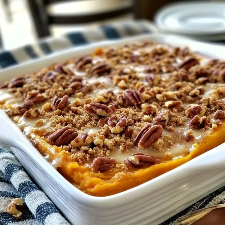 - 4 mittelgroße Süßkartoffeln, geschält und gewürfelt - 1/2 Tasse Ahornsirup - 1/4 Tasse ungesüßte Mandelmilch Die Hauptzutaten bilden die Basis für unseren Auflauf. Süßkartoffeln bringen eine natürliche Süße und eine schöne Farbe. Ahornsirup gibt zusätzliche Süße und einen tollen Geschmack. Mandelmilch macht die Mischung cremig und leicht. - 2 Esslöffel ungesalzene Butter, geschmolzen - 1 Teelöffel Vanilleextrakt - 1 Teelöffel Zimt - 1/2 Teelöffel Muskatnuss - 1/2 Teelöffel Salz Die zusätzlichen Zutaten bringen mehr Tiefe in den Geschmack. Butter sorgt für eine reiche Textur, während Vanille und Gewürze für ein warmes Aroma sorgen. Zimt und Muskatnuss sind klassische Gewürze, die den Auflauf perfekt abrunden. - 1 Tasse Pekannüsse, grob gehackt - 1/2 Tasse brauner Zucker - 1/4 Tasse Mehl (Weißmehl oder glutenfreies Mehl) Die Bekrönung macht den Auflauf besonders. Die Pekannüsse geben einen knusprigen Biss. Brauner Zucker sorgt für eine süße Kruste und Mehl hilft, die Mischung zusammenzuhalten. Dieses Topping wird beim Backen schön goldbraun. {{ingredient_image_2}} Heize deinen Ofen auf 175°C vor. Das hilft beim gleichmäßigen Garen. Während der Ofen warm wird, bereite die Süßkartoffeln vor. Koche die gewürfelten Süßkartoffeln in einem großen Topf mit gesalzenem Wasser. Lass sie etwa 15 Minuten kochen, bis sie zart sind. Teste mit einer Gabel. Nach dem Kochen lasse die Süßkartoffeln abtropfen und etwas abkühlen. Nimm einen Kartoffelstampfer und zerdrücke die Süßkartoffeln in einer großen Schüssel. Die Masse sollte glatt sein. Jetzt füge den Ahornsirup, die Mandelmilch, die geschmolzene Butter, den Vanilleextrakt, Zimt, Muskatnuss und Salz hinzu. Rühre alles gut mit einem großen Löffel. Achte darauf, dass alles gut vermischt ist. Gieße die Süßkartoffelmischung in eine gefettete Auflaufform. Verwende eine 23x33 cm große Form. Verteile die Mischung gleichmäßig. In einer separaten Schüssel vermenge die gehackten Pekannüsse, den braunen Zucker, das Mehl und das geschmolzene Kokosöl. Mische alles, bis die Mischung krümelig ist. Streue diese Pekannussmischung gleichmäßig über die Süßkartoffelmasse. Backe den Auflauf 25-30 Minuten lang. Die Kruste sollte goldbraun sein. Lass den Auflauf ein paar Minuten abkühlen, bevor du ihn servierst. - Süßkartoffeln richtig kochen: Koche die gewürfelten Süßkartoffeln in gesalzenem Wasser. Achte darauf, dass sie nach etwa 15 Minuten weich sind. Sie sollten zart sein und leicht mit einer Gabel zerdrückt werden können. Überprüfe die Garzeit, um sicherzustellen, dass sie nicht matschig werden. - Das richtige Stampfen: Verwende einen Kartoffelstampfer für die beste Textur. Stampfe die Süßkartoffeln gründlich, bis sie ganz glatt sind. Vermeide einen Mixer, da er die Süßkartoffeln zu einer Paste machen kann. Eine grobe Textur sorgt für mehr Biss und Geschmack. - Verwendung von frischen Gewürzen: Nutze frische Gewürze, um den Geschmack zu steigern. Anstelle von getrockneten Gewürzen kannst du frischen Zimt oder frisch geriebene Muskatnuss verwenden. Diese geben deinem Auflauf mehr Tiefe und Aroma. - Variation des Ahornsirups: Experimentiere mit verschiedenen Sorten von Ahornsirup. Dunkler Sirup hat einen reicheren, intensiveren Geschmack. Du kannst auch einen Hauch von Honig oder Agavendicksaft hinzufügen, um eine interessante Note zu erzielen. - Präsentation des Auflaufs: Serviere den Auflauf direkt in der Auflaufform. Das sieht rustikal und einladend aus. Für ein schönes Finish, streue einige gehackte Pekannüsse obenauf und träufle etwas extra Ahornsirup darüber. - Kombination mit Beilagen: Dieser Auflauf passt gut zu vielen Hauptgerichten. Probiere ihn mit gebratenem Hähnchen oder einer herzhaften Gemüsepfanne. Eine frische Salatbeilage rundet das Gericht perfekt ab. Pro Tipps Süßkartoffeln richtig kochen: Achte darauf, die Süßkartoffeln nur bis zur Zartheit zu kochen, um ein Überkochen zu vermeiden. Sie sollten weich, aber nicht matschig sein. Aromen verstärken: Füge eine Prise Ingwer oder Nelken hinzu, um die Aromen des Auflaufs zu intensivieren und ihm eine zusätzliche Geschmacksdimension zu verleihen. Glutenfreie Option: Verwende glutenfreies Mehl für die Kruste, um das Rezept für Gäste mit Glutenunverträglichkeit geeignet zu machen. Aufbewahrungstipps: Bewahre den Auflauf in einem luftdichten Behälter im Kühlschrank auf, um die Frische zu erhalten. Er kann auch gut eingefroren werden. {{image_4}} Wenn du glutenfrei kochen möchtest, ist die Wahl des Mehls wichtig. Du kannst einfach glutenfreies Mehl nutzen. Es gibt viele Marken, die gut funktionieren. Alternativ bieten sich auch Mandelmehl oder Kokosmehl an. Diese Mehle bringen einen tollen Geschmack und eine gute Textur. Für eine vegane Variante kannst du die Butter mit Kokosöl ersetzen. Statt Milch nimmst du pflanzliche Alternativen wie Mandelmilch oder Hafermilch. Diese Optionen sind leicht zu finden und schmecken gut. Um den Geschmack zu verstärken, füge etwas Zimt oder Muskatnuss hinzu. Diese Gewürze machen den Auflauf noch aromatischer. Wenn du nicht nur Pekannüsse magst, probiere Walnüsse oder Mandeln. Diese Nüsse bringen einen anderen Geschmack und Textur. Du kannst die Bekrönung leicht anpassen, indem du die Nüsse grob hackst und mit dem braunen Zucker mischst. So erhältst du eine köstliche und knusprige Kruste. - Kühlschranklagerung: Bewahre den Auflauf in einem luftdichten Behälter auf. So bleibt er frisch. Er hält sich bis zu fünf Tage im Kühlschrank. - Tiefkühloptionen: Du kannst den Auflauf auch einfrieren. Teile ihn in Portionen und benutze gefrierfeste Behälter. So bleibt der Geschmack bis zu drei Monate erhalten. - Mikrowelle vs. Ofen: Die Mikrowelle ist schnell, aber der Ofen gibt dir die beste Textur. Bei der Mikrowelle stellst du die Leistung niedrig ein und erwärmst in kurzen Intervallen. Der Ofen sollte auf 175°C vorgeheizt werden. Backe für etwa 15 Minuten, bis er heiß ist. - Tipps für die beste Textur: Decke den Auflauf mit Alufolie ab, wenn du ihn im Ofen aufwärmst. So trocknet er nicht aus. Entferne die Folie für die letzten fünf Minuten, um die Kruste wieder knusprig zu machen. - Wann entsorgen?: Wenn der Auflauf komisch riecht oder sich die Farbe verändert, ist es Zeit zum Entsorgen. Auch Schimmel ist ein klares Zeichen. - Tipps zur Vermeidung von Verschwendung: Plane, wie viel du kochen möchtest. Portionsweise einfrieren hilft, Reste zu vermeiden. So kannst du immer eine Portion genießen, wenn du Lust darauf hast. Die Vorbereitungszeit für diesen Auflauf beträgt etwa 15 Minuten. Die Kochzeit im Ofen liegt zwischen 25 und 30 Minuten. Insgesamt kannst du mit einer Stunde rechnen, um deinen köstlichen Ahorn-Pekan-Süßkartoffelauflauf fertigzustellen. Ja, du kannst diesen Auflauf im Voraus zubereiten. Bereite ihn bis zur letzten Backstufe vor. Decke ihn ab und stelle ihn in den Kühlschrank. Am Tag des Servierens kannst du ihn dann einfach backen. Das spart Zeit und macht das Kochen einfacher. Der Auflauf enthält Süßkartoffeln, Nüsse und Milch. Achte auf Allergien gegen Nüsse oder Milchprodukte. Du kannst die Mandelmilch durch eine andere Pflanze ersetzen oder glutenfreies Mehl nutzen. So passt der Auflauf besser zu speziellen Diäten. Dieser Blogpost gab Ihnen die Zutaten für einen leckeren Süßkartoffelauflauf und die besten Zubereitungstipps. Sie lernten, wie man die perfekte Textur erreicht und den Geschmack intensiviert. Es gibt auch viele Variationen, wie glutenfreie und vegane Optionen. Achten Sie auf die Lagerung und Haltbarkeit, um Abfall zu vermeiden. Kochen kann einfach und kreativ sein. Nutzen Sie diese Tipps, um Ihr Gericht zu verbessern. So gelingt Ihnen ein köstlicher Auflauf, den jeder genießen kann.