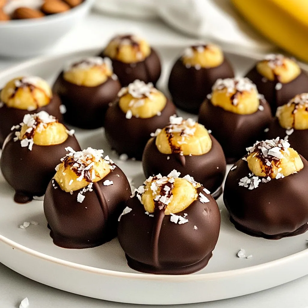 - 2 reife Bananen - 1 Tasse Zartbitterschokolade (oder Milchschokolade) - 1 Esslöffel Kokosöl Diese Zutaten sind die Basis für dein Rezept. Reife Bananen bringen Süße und eine cremige Textur. Zartbitterschokolade gibt einen tollen Geschmack. Kokosöl sorgt dafür, dass die Schokolade schön schmilzt. - 1/4 Tasse gehackte Nüsse (z. B. Mandeln oder Walnüsse) - 1/4 Tasse geraspelter Kokosnuss - Meersalz Diese Zutaten sind nicht nötig, aber sie machen die Bananen noch leckerer. Die Nüsse fügen Crunch hinzu. Geraspelter Kokos gibt einen tropischen Geschmack. Ein wenig Meersalz hebt den Schokoladengeschmack an. - Backblech oder Teller - Backpapier - Mikrowellengeeignete Schüssel - Gabel Du brauchst diese Utensilien, um die Bananenbissen zuzubereiten. Das Backpapier verhindert, dass die Bananen kleben. Eine mikrowellengeeignete Schüssel ist wichtig, um die Schokolade zu schmelzen. Eine Gabel hilft dir, die Bananen einfach zu tauchen. {{ingredient_image_2}} Zuerst nehmen wir die reifen Bananen. Ich bevorzuge Bananen, die leicht braun sind. Diese sind süßer. Schälen Sie die Bananen vorsichtig. Schneiden Sie sie in runde Stücke, etwa 1,5 cm dick. So ergeben sich perfekte Bissen. Legen Sie die Stücke auf ein mit Backpapier ausgelegtes Blech. Das Backpapier hilft, dass sie nicht kleben bleiben. Jetzt kommt der spaßige Teil: die Schokolade! Nehmen Sie eine mikrowellengeeignete Schüssel. Geben Sie 1 Tasse Zartbitterschokolade und 1 Esslöffel Kokosöl hinein. Das Kokosöl sorgt für ein sanftes Schmelzen. Stellen Sie die Schüssel in die Mikrowelle. Erhitzen Sie die Mischung in 20-Sekunden-Intervallen. Rühren Sie zwischen den Intervallen gut um. Warten Sie, bis die Schokolade ganz geschmolzen und glatt ist. Tauchen Sie nun jedes Bananenstück in die geschmolzene Schokolade. Stellen Sie sicher, dass es gut überzogen ist. Verwenden Sie eine Gabel, um die Bananenbissen herauszunehmen. Lassen Sie die überschüssige Schokolade abtropfen. Legen Sie die Bananenbissen auf das Backpapier. Wenn Sie möchten, streuen Sie gehackte Nüsse oder geraspelte Kokosnuss darüber. Nun kommt der wichtigste Schritt: Stellen Sie das Blech in den Gefrierschrank. Kühlen Sie die Bananenbissen für etwa 30 Minuten. Wenn die Schokolade fest ist, sind sie bereit zum Genießen! Wählen Sie eine Schokolade, die Ihnen schmeckt. Zartbitterschokolade gibt einen tollen, tiefen Geschmack. Milchschokolade ist süßer und beliebt bei Kindern. Kombinieren Sie beides für einen einzigartigen Genuss. Achten Sie darauf, eine hochwertige Schokolade zu nehmen. Diese schmilzt besser und schmeckt intensiver. Ein häufiger Fehler ist das Überhitzen der Schokolade. Mikrowellen können ungleichmäßig erhitzen. Schmelzen Sie die Schokolade in kurzen Intervallen und rühren Sie gut um. Tauchen Sie die Bananen schnell in die Schokolade. Wenn die Schokolade zu dick wird, fügen Sie mehr Kokosöl hinzu. Das sorgt für eine glatte und cremige Konsistenz. Servieren Sie die schokoladenüberzogenen Bananenbissen auf einem hübschen Teller. Fügen Sie frische Früchte oder eine Schokoladensauce hinzu. Für mehr Crunch streuen Sie Nüsse oder Kokosnuss darüber. Stellen Sie die Bissen in den Gefrierschrank, um einen erfrischenden Snack zu genießen. Diese Bissen sind perfekt für Partys oder als süßer Snack zwischendurch. Pro Tipps Schokolade temperieren: Temperieren Sie die Schokolade, um einen schönen Glanz und eine knackige Textur zu erhalten. Dies verhindert auch, dass die Schokolade beim Auftauen schmilzt. Variationen ausprobieren: Experimentieren Sie mit verschiedenen Schokoladensorten oder fügen Sie Gewürze wie Zimt oder Chili hinzu, um den Geschmack zu variieren. Frische Zutaten verwenden: Wählen Sie besonders reife Bananen für die beste Süße und den besten Geschmack. Je reifer die Banane, desto süßer wird der Snack! Aufbewahrung: Bewahren Sie die schokoladenüberzogenen Bananenbissen in einem luftdichten Behälter im Gefrierschrank auf, um die Frische zu erhalten und sie länger haltbar zu machen. {{image_4}} Wenn Zartbitterschokolade nicht dein Ding ist, probiere Milchschokolade. Sie ist süßer und schmeckt köstlich. Vollmilchschokolade ist eine weitere gute Option. Sie gibt den Bananen einen cremigen Geschmack. Du kannst sogar weiße Schokolade verwenden, wenn du etwas Einzigartiges suchst. Die Toppings machen die Bananenbissen besonders. Du kannst gehackte Nüsse wie Mandeln oder Walnüsse hinzufügen. Diese geben einen tollen Crunch. Geraspelte Kokosnuss ist eine weitere leckere Wahl. Für einen kleinen Kick, streue ein wenig Meersalz oben drauf. Das bringt die Süße der Schokolade zur Geltung. Wenn du eine leichtere Variante suchst, ersetze die Schokolade mit Joghurt. Griechischer Joghurt funktioniert gut und ist gesund. Du kannst auch die Bananen mit einem Hauch von Honig beträufeln. Das macht sie süß, ohne zu viel Zucker. Diese Optionen sind perfekt für einen Snack, der gut schmeckt und gut für dich ist. Um die Schokoladenbissen frisch zu halten, lege sie in einen luftdichten Behälter. Verwende einen Behälter, der nicht zu groß ist, damit die Bananen nicht zerdrückt werden. Schichte die Bananenbissen vorsichtig, um Beschädigungen zu vermeiden. Du kannst auch Backpapier zwischen die Schichten legen. So bleiben sie knusprig. Im Kühlschrank halten die Bananenbissen etwa eine Woche. Achte darauf, die Bissen gut abzudecken. Im Gefrierfach bleiben sie bis zu drei Monate frisch. Wenn du sie gefroren aufbewahrst, lasse sie vor dem Essen kurz bei Raumtemperatur stehen. So schmecken sie am besten. Wenn du Reste hast, probiere, sie in Milchshakes zu mixen. Du kannst die gefrorenen Bananenbissen auch als Topping für Joghurt verwenden. Sie geben jedem Gericht einen süßen, schokoladigen Kick. Sei kreativ und finde neue Wege, diese Leckereien zu genießen! Du kannst die Bananenbissen einfach im Voraus machen. Bereite die Bananenscheiben und die Schokolade wie im Rezept beschrieben vor. Tauche die Bananen in die Schokolade und lege sie auf Backpapier. Du kannst sie dann gleich einfrieren. Das macht sie perfekt für später. Wenn du Gäste hast, sind sie schnell bereit. Sie bleiben gut bis zu zwei Wochen im Gefrierschrank. Schokoladenüberzogene Bananen haben gesunde Aspekte. Bananen sind reich an Vitaminen und Ballaststoffen. Die Schokolade kann auch Vorteile bringen, besonders dunkle Schokolade. Sie enthält Antioxidantien und kann die Stimmung heben. Achte auf die Menge. Zu viel Schokolade kann viel Zucker bringen. Eine moderate Portion macht sie zu einem guten Snack. Fertige Schokoladenüberzogene Bananen findest du in vielen Supermärkten. Sie sind oft in der Tiefkühlabteilung. Einige Geschäfte bieten sie auch frisch an. Online gibt es viele Optionen. Du kannst sie direkt nach Hause bestellen. Achte jedoch auf die Zutatenliste. Selbstgemachte Bananen sind oft frischer und besser im Geschmack. Schokoladenüberzogene Bananenbissen sind einfach zuzubereiten und lecker. In diesem Artikel habe ich die Hauptzutaten, die Schritt-für-Schritt-Anleitung und nützliche Tipps geteilt. Mit Varianten und Lagerungshinweisen bleibst du flexibel und kreativ. Experimentiere mit den Zutaten und finde deinen eigenen Lieblingsgeschmack. Diese süße Leckerei ist nicht nur köstlich, sondern auch eine tolle Snack-Option. Nutze die gegebenen Tipps, um das Beste aus deinen Bananenbissen herauszuholen und viel Spaß beim Zubereiten!