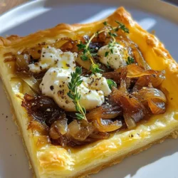 - 1 Blatt Blätterteig, aufgetaut - 3 große Zwiebeln, dünn geschnitten - 2 Esslöffel Olivenöl - 1 Esslöffel Balsamico-Essig - 1 Teelöffel Zucker - 1 Teelöffel frische Thymianblätter - 115 g Ziegenkäse, zerbröselt - 240 ml Schlagsahne - 2 große Eier - Salz und Pfeffer nach Geschmack - frische Thymianzweige zum Garnieren Jede Zutat hat einen speziellen Zweck. Der Blätterteig gibt der Tarte Struktur. Die Zwiebeln bringen Süße und Tiefe. Olivenöl hilft beim Karamellisieren. Balsamico verleiht einen tollen Geschmack. Zucker verstärkt die Süße der Zwiebeln. Thymian bringt frische Aromen. Ziegenkäse gibt einen cremigen und kräftigen Geschmack. Schlagsahne und Eier machen die Füllung reichhaltig. Wenn Sie keine frischen Zwiebeln haben, können Sie auch Zwiebelpulver verwenden. Anstelle von Olivenöl können Sie auch Butter nutzen. Statt Balsamico-Essig funktioniert auch Apfelessig gut. Wenn frischer Thymian nicht verfügbar ist, nehmen Sie getrockneten Thymian. Für den Ziegenkäse können Sie Feta oder Ricotta verwenden. {{ingredient_image_2}} Heize deinen Ofen auf 200°C vor. Lege ein Backblech mit Backpapier aus. Dies hilft der Tarte, nicht anzukleben. Erhitze in einer großen Pfanne 2 Esslöffel Olivenöl bei mittlerer Hitze. Füge die 3 großen, dünn geschnittenen Zwiebeln hinzu. Koche sie, bis sie weich und goldbraun sind. Dies dauert etwa 20-25 Minuten. Füge dann 1 Esslöffel Balsamico-Essig, 1 Teelöffel Zucker und 1 Teelöffel frische Thymianblätter hinzu. Lass alles 2 Minuten weiterkochen. Vergiss nicht, mit Salz und Pfeffer zu würzen. Nimm die Pfanne vom Herd und lass die Zwiebeln abkühlen. Bestäube eine saubere Arbeitsfläche leicht mit Mehl. Rolle 1 Blatt Blätterteig aus, bis es auf dein Backblech passt. Übertrage den Teig vorsichtig auf das Backblech. Steche mit einer Gabel überall in den Teig, um das Aufblähen zu verhindern. In einer Schüssel verquirle 240 ml Schlagsahne mit 2 großen Eiern. Würze die Mischung mit Salz und Pfeffer. Verteile die karamellisierten Zwiebeln gleichmäßig auf dem Blätterteig. Streue 115 g zerbröselten Ziegenkäse darüber. Gieße die Eier-Sahne-Mischung gleichmäßig darüber. Backe die Tarte im Ofen für 25-30 Minuten. Sie sollte goldbraun sein und die Füllung fest werden. Nimm die Tarte aus dem Ofen und lass sie einige Minuten abkühlen. Dann kannst du sie in Stücke schneiden und servieren. Um Zwiebeln perfekt zu karamellisieren, sind Zeit und Geduld wichtig. Ich empfehle, die Zwiebeln bei mittlerer Hitze langsam zu garen. So entwickeln sie ein reiches Aroma. Beginne mit geschnittenen Zwiebeln und einem Esslöffel Olivenöl in einer großen Pfanne. Rühre die Zwiebeln oft, damit sie gleichmäßig garen. Nach etwa 20 bis 25 Minuten sind sie goldbraun und süß. Der Balsamico-Essig und der Zucker sorgen für zusätzlichen Geschmack. Lass die Mischung zwei Minuten köcheln. Schmecke sie mit Salz und Pfeffer ab. Der Blätterteig ist das Herzstück dieser Tarte. Achte darauf, dass der Teig gut aufgetaut ist, bevor du ihn ausrollst. Bestäube eine Arbeitsfläche leicht mit Mehl. Rolle den Teig vorsichtig aus, bis er groß genug für dein Backblech ist. Übertrage den Teig auf das Blech und steche mit einer Gabel Löcher hinein. Dies verhindert, dass der Teig während des Backens aufgeht. Für die beste Präsentation serviere die Tarte warm oder bei Zimmertemperatur. Garniere sie mit frischen Thymianzweigen. Schneide die Tarte in kleine Quadrate. So ist sie perfekt für Fingerfood. Diese Tarte passt wunderbar zu einem gemischten grünen Salat. Der frische Geschmack des Salats ergänzt die süßen Zwiebeln und den cremigen Ziegenkäse. Pro Tipps Die Zwiebeln richtig karamellisieren: Achten Sie darauf, die Zwiebeln bei mittlerer Hitze langsam zu garen, um ihren natürlichen Zucker freizusetzen und eine goldene, süße Karamellisierung zu erreichen. Balsamico-Essig für zusätzlichen Geschmack: Der Balsamico-Essig sorgt nicht nur für eine schöne Farbgebung, sondern fügt auch eine angenehme Säure hinzu, die die Süße der Zwiebeln ausgleicht. Frischer Thymian für mehr Aroma: Verwenden Sie frische Thymianblätter anstelle von getrocknetem Thymian, um das Aroma zu intensivieren und der Tarte eine frische Note zu verleihen. Vorbereitung des Blätterteigs: Stellen Sie sicher, dass der Blätterteig gut gekühlt ist, bevor Sie ihn ausrollen, um die besten Ergebnisse beim Backen zu erzielen. Dies hilft, die Schichten schön zu trennen. {{image_4}} Die Tarte ist sehr anpassbar. Du kannst verschiedene Gemüsesorten verwenden. Zum Beispiel, füge Spinat oder Pilze hinzu. Diese bringen neue Aromen und Farben. Zucchini oder Paprika sind auch tolle Optionen. Diese Varianten machen die Tarte reichhaltiger und gesünder. Probiere es aus und finde deinen Favoriten. Der Ziegenkäse ist cremig und lecker, aber du kannst ihn auch ersetzen. Feta oder Ricotta sind gute Alternativen. Feta bringt einen salzigen Geschmack, während Ricotta milder ist. Du kannst auch einen veganen Käse verwenden. Achte darauf, dass der Käse gut schmilzt und die richtige Textur hat. Experimentiere, bis du die perfekte Mischung findest. Wenn du Fleisch magst, füge etwas Speck oder Schinken hinzu. Diese Zutaten verleihen der Tarte zusätzlichen Geschmack. Du kannst auch Hähnchen oder Rinderhack verwenden. Koche das Fleisch zuerst, bevor du es in die Tarte gibst. Dadurch bleibt es zart und saftig. Achte darauf, die Menge gut zu dosieren, damit die Tarte nicht zu schwer wird. Um die Tarte frisch zu halten, lassen Sie sie zuerst abkühlen. Wickeln Sie die Tarte in Frischhaltefolie. Lagern Sie sie im Kühlschrank für bis zu drei Tage. Für eine längere Haltbarkeit können Sie die Tarte einfrieren. Schneiden Sie sie in Stücke und legen Sie sie in luftdichte Behälter. So bleibt der Geschmack erhalten. Sie können die Tarte bis zu drei Monate einfrieren. Lassen Sie die Tarte vor dem Aufwärmen im Kühlschrank auftauen. Um die Tarte wieder warm zu machen, heizen Sie den Ofen auf 180°C vor. Legen Sie die Tarte auf ein Backblech. Backen Sie sie für 15 bis 20 Minuten. So wird die Tarte schön knusprig. Alternativ können Sie die Stücke in der Mikrowelle aufwärmen. Achten Sie darauf, dass sie gleichmäßig warm werden. Servieren Sie die Tarte warm oder bei Zimmertemperatur. Dies macht sie perfekt für Partys oder ein gemütliches Abendessen. Die Haltbarkeit der Tarte hängt von der Lagerung ab. Im Kühlschrank bleibt sie bis zu drei Tage frisch. Im Gefrierschrank kann sie bis zu drei Monate halten. Achten Sie darauf, die Tarte gut zu verpacken, um Gefrierbrand zu vermeiden. Wenn die Tarte beim Aufwärmen seltsam riecht oder aussieht, entsorgen Sie sie lieber. Sicherheit geht vor. Die Tarte braucht insgesamt etwa 50 Minuten. Sie benötigen 15 Minuten für die Vorbereitung und 25-30 Minuten zum Backen. Während die Zwiebeln karamellisieren, können Sie den Blätterteig ausrollen. So sparen Sie Zeit und machen alles effizient. Ja, Sie können die Tarte im Voraus machen. Bereiten Sie sie einfach bis zum Backen vor. Dann können Sie sie im Kühlschrank lagern. Backen Sie sie kurz vor dem Servieren. So bleibt die Tarte frisch und lecker. Ein gemischter grüner Salat passt gut dazu. Sie können auch frisches Brot oder eine einfache Suppe servieren. Diese Beilagen ergänzen die Aromen der Tarte und bieten eine schöne Balance. Ja, Sie können andere Zutaten verwenden. Anstelle von Zucker können Sie Honig oder Ahornsirup nutzen. Diese Alternativen geben den Zwiebeln eine andere Süße und Tiefe. Experimentieren Sie, um Ihre perfekte Mischung zu finden! Die karamellisierte Zwiebel-Ziegenkäse-Tarte ist eine köstliche u. einfache Speise. Wir haben die Zutaten und Schritte genau besprochen. Tipps helfen, sie perfekt zuzubereiten. Varianten bieten dir Freiraum, kreativ zu sein. Tipps zur Lagerung sorgen für den besten Geschmack, auch später. Denke daran, dass frische Zutaten den Unterschied machen. Probiere diese Tarte aus! Sie wird sicher ein Hit bei deinen Gästen.