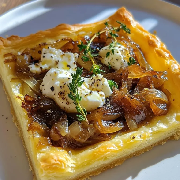 - 1 Blatt Blätterteig, aufgetaut - 3 große Zwiebeln, dünn geschnitten - 2 Esslöffel Olivenöl - 1 Esslöffel Balsamico-Essig - 1 Teelöffel Zucker - 1 Teelöffel frische Thymianblätter - 115 g Ziegenkäse, zerbröselt - 240 ml Schlagsahne - 2 große Eier - Salz und Pfeffer nach Geschmack - frische Thymianzweige zum Garnieren Jede Zutat hat einen speziellen Zweck. Der Blätterteig gibt der Tarte Struktur. Die Zwiebeln bringen Süße und Tiefe. Olivenöl hilft beim Karamellisieren. Balsamico verleiht einen tollen Geschmack. Zucker verstärkt die Süße der Zwiebeln. Thymian bringt frische Aromen. Ziegenkäse gibt einen cremigen und kräftigen Geschmack. Schlagsahne und Eier machen die Füllung reichhaltig. Wenn Sie keine frischen Zwiebeln haben, können Sie auch Zwiebelpulver verwenden. Anstelle von Olivenöl können Sie auch Butter nutzen. Statt Balsamico-Essig funktioniert auch Apfelessig gut. Wenn frischer Thymian nicht verfügbar ist, nehmen Sie getrockneten Thymian. Für den Ziegenkäse können Sie Feta oder Ricotta verwenden. {{ingredient_image_2}} Heize deinen Ofen auf 200°C vor. Lege ein Backblech mit Backpapier aus. Dies hilft der Tarte, nicht anzukleben. Erhitze in einer großen Pfanne 2 Esslöffel Olivenöl bei mittlerer Hitze. Füge die 3 großen, dünn geschnittenen Zwiebeln hinzu. Koche sie, bis sie weich und goldbraun sind. Dies dauert etwa 20-25 Minuten. Füge dann 1 Esslöffel Balsamico-Essig, 1 Teelöffel Zucker und 1 Teelöffel frische Thymianblätter hinzu. Lass alles 2 Minuten weiterkochen. Vergiss nicht, mit Salz und Pfeffer zu würzen. Nimm die Pfanne vom Herd und lass die Zwiebeln abkühlen. Bestäube eine saubere Arbeitsfläche leicht mit Mehl. Rolle 1 Blatt Blätterteig aus, bis es auf dein Backblech passt. Übertrage den Teig vorsichtig auf das Backblech. Steche mit einer Gabel überall in den Teig, um das Aufblähen zu verhindern. In einer Schüssel verquirle 240 ml Schlagsahne mit 2 großen Eiern. Würze die Mischung mit Salz und Pfeffer. Verteile die karamellisierten Zwiebeln gleichmäßig auf dem Blätterteig. Streue 115 g zerbröselten Ziegenkäse darüber. Gieße die Eier-Sahne-Mischung gleichmäßig darüber. Backe die Tarte im Ofen für 25-30 Minuten. Sie sollte goldbraun sein und die Füllung fest werden. Nimm die Tarte aus dem Ofen und lass sie einige Minuten abkühlen. Dann kannst du sie in Stücke schneiden und servieren. Um Zwiebeln perfekt zu karamellisieren, sind Zeit und Geduld wichtig. Ich empfehle, die Zwiebeln bei mittlerer Hitze langsam zu garen. So entwickeln sie ein reiches Aroma. Beginne mit geschnittenen Zwiebeln und einem Esslöffel Olivenöl in einer großen Pfanne. Rühre die Zwiebeln oft, damit sie gleichmäßig garen. Nach etwa 20 bis 25 Minuten sind sie goldbraun und süß. Der Balsamico-Essig und der Zucker sorgen für zusätzlichen Geschmack. Lass die Mischung zwei Minuten köcheln. Schmecke sie mit Salz und Pfeffer ab. Der Blätterteig ist das Herzstück dieser Tarte. Achte darauf, dass der Teig gut aufgetaut ist, bevor du ihn ausrollst. Bestäube eine Arbeitsfläche leicht mit Mehl. Rolle den Teig vorsichtig aus, bis er groß genug für dein Backblech ist. Übertrage den Teig auf das Blech und steche mit einer Gabel Löcher hinein. Dies verhindert, dass der Teig während des Backens aufgeht. Für die beste Präsentation serviere die Tarte warm oder bei Zimmertemperatur. Garniere sie mit frischen Thymianzweigen. Schneide die Tarte in kleine Quadrate. So ist sie perfekt für Fingerfood. Diese Tarte passt wunderbar zu einem gemischten grünen Salat. Der frische Geschmack des Salats ergänzt die süßen Zwiebeln und den cremigen Ziegenkäse. Pro Tipps Die Zwiebeln richtig karamellisieren: Achten Sie darauf, die Zwiebeln bei mittlerer Hitze langsam zu garen, um ihren natürlichen Zucker freizusetzen und eine goldene, süße Karamellisierung zu erreichen. Balsamico-Essig für zusätzlichen Geschmack: Der Balsamico-Essig sorgt nicht nur für eine schöne Farbgebung, sondern fügt auch eine angenehme Säure hinzu, die die Süße der Zwiebeln ausgleicht. Frischer Thymian für mehr Aroma: Verwenden Sie frische Thymianblätter anstelle von getrocknetem Thymian, um das Aroma zu intensivieren und der Tarte eine frische Note zu verleihen. Vorbereitung des Blätterteigs: Stellen Sie sicher, dass der Blätterteig gut gekühlt ist, bevor Sie ihn ausrollen, um die besten Ergebnisse beim Backen zu erzielen. Dies hilft, die Schichten schön zu trennen. {{image_4}} Die Tarte ist sehr anpassbar. Du kannst verschiedene Gemüsesorten verwenden. Zum Beispiel, füge Spinat oder Pilze hinzu. Diese bringen neue Aromen und Farben. Zucchini oder Paprika sind auch tolle Optionen. Diese Varianten machen die Tarte reichhaltiger und gesünder. Probiere es aus und finde deinen Favoriten. Der Ziegenkäse ist cremig und lecker, aber du kannst ihn auch ersetzen. Feta oder Ricotta sind gute Alternativen. Feta bringt einen salzigen Geschmack, während Ricotta milder ist. Du kannst auch einen veganen Käse verwenden. Achte darauf, dass der Käse gut schmilzt und die richtige Textur hat. Experimentiere, bis du die perfekte Mischung findest. Wenn du Fleisch magst, füge etwas Speck oder Schinken hinzu. Diese Zutaten verleihen der Tarte zusätzlichen Geschmack. Du kannst auch Hähnchen oder Rinderhack verwenden. Koche das Fleisch zuerst, bevor du es in die Tarte gibst. Dadurch bleibt es zart und saftig. Achte darauf, die Menge gut zu dosieren, damit die Tarte nicht zu schwer wird. Um die Tarte frisch zu halten, lassen Sie sie zuerst abkühlen. Wickeln Sie die Tarte in Frischhaltefolie. Lagern Sie sie im Kühlschrank für bis zu drei Tage. Für eine längere Haltbarkeit können Sie die Tarte einfrieren. Schneiden Sie sie in Stücke und legen Sie sie in luftdichte Behälter. So bleibt der Geschmack erhalten. Sie können die Tarte bis zu drei Monate einfrieren. Lassen Sie die Tarte vor dem Aufwärmen im Kühlschrank auftauen. Um die Tarte wieder warm zu machen, heizen Sie den Ofen auf 180°C vor. Legen Sie die Tarte auf ein Backblech. Backen Sie sie für 15 bis 20 Minuten. So wird die Tarte schön knusprig. Alternativ können Sie die Stücke in der Mikrowelle aufwärmen. Achten Sie darauf, dass sie gleichmäßig warm werden. Servieren Sie die Tarte warm oder bei Zimmertemperatur. Dies macht sie perfekt für Partys oder ein gemütliches Abendessen. Die Haltbarkeit der Tarte hängt von der Lagerung ab. Im Kühlschrank bleibt sie bis zu drei Tage frisch. Im Gefrierschrank kann sie bis zu drei Monate halten. Achten Sie darauf, die Tarte gut zu verpacken, um Gefrierbrand zu vermeiden. Wenn die Tarte beim Aufwärmen seltsam riecht oder aussieht, entsorgen Sie sie lieber. Sicherheit geht vor. Die Tarte braucht insgesamt etwa 50 Minuten. Sie benötigen 15 Minuten für die Vorbereitung und 25-30 Minuten zum Backen. Während die Zwiebeln karamellisieren, können Sie den Blätterteig ausrollen. So sparen Sie Zeit und machen alles effizient. Ja, Sie können die Tarte im Voraus machen. Bereiten Sie sie einfach bis zum Backen vor. Dann können Sie sie im Kühlschrank lagern. Backen Sie sie kurz vor dem Servieren. So bleibt die Tarte frisch und lecker. Ein gemischter grüner Salat passt gut dazu. Sie können auch frisches Brot oder eine einfache Suppe servieren. Diese Beilagen ergänzen die Aromen der Tarte und bieten eine schöne Balance. Ja, Sie können andere Zutaten verwenden. Anstelle von Zucker können Sie Honig oder Ahornsirup nutzen. Diese Alternativen geben den Zwiebeln eine andere Süße und Tiefe. Experimentieren Sie, um Ihre perfekte Mischung zu finden! Die karamellisierte Zwiebel-Ziegenkäse-Tarte ist eine köstliche u. einfache Speise. Wir haben die Zutaten und Schritte genau besprochen. Tipps helfen, sie perfekt zuzubereiten. Varianten bieten dir Freiraum, kreativ zu sein. Tipps zur Lagerung sorgen für den besten Geschmack, auch später. Denke daran, dass frische Zutaten den Unterschied machen. Probiere diese Tarte aus! Sie wird sicher ein Hit bei deinen Gästen.