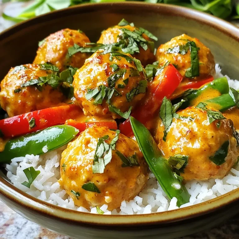 - 450 g gemahlenes Huhn oder Pute - 120 g Semmelbrösel - 60 g frischer Koriander, fein gehackt Die Hauptzutaten für die Fleischbällchen sind einfach und gesund. Du kannst gemahlenes Huhn oder Pute nutzen. Beides hat einen milden Geschmack und lässt sich gut würzen. Semmelbrösel geben den Bällchen die richtige Konsistenz. Frischer Koriander bringt einen tollen Geschmack, der an Thailand erinnert. - 1 Dose (400 ml) Kokosmilch - 1 Esslöffel grüne Currypaste - 1 Esslöffel Fischsauce - 1 Esslöffel Limettensaft - 1 Teelöffel brauner Zucker - 1 rote Paprika, in Scheiben geschnitten - 150 g Zuckerschoten Die Currysauce ist das Herzstück dieses Gerichts. Kokosmilch macht die Sauce cremig und reichhaltig. Grüne Currypaste sorgt für die richtige Schärfe und den typischen Geschmack. Fischsauce fügt Tiefe hinzu, während Limettensaft Frische bringt. Gemüse wie Paprika und Zuckerschoten macht die Sauce bunt und gesund. - 1 Esslöffel Fischsauce - 1 Esslöffel Limettensaft - 1 Teelöffel geriebener Ingwer - 0,5 Teelöffel Knoblauchpulver - Salz und Pfeffer nach Geschmack Gewürze machen das Gericht besonders. Fischsauce gibt Umami, das ist der volle Geschmack. Limettensaft bringt Säure und Frische. Ingwer und Knoblauchpulver sorgen für eine warme Note. Mit Salz und Pfeffer rundest du die Aromen ab. {{ingredient_image_2}} - Zutaten kombinieren: Beginne mit einer großen Schüssel. Mische das gemahlene Huhn oder die Pute mit Semmelbröseln, gehacktem Koriander, grüner Currypaste, Fischsauce, Limettensaft, geriebenem Ingwer, Knoblauchpulver, Salz und Pfeffer. Sei vorsichtig, dass du alles gut mischst, aber nicht zu lange. - Fleischbällchen formen: Nimm etwas von der Mischung und forme kleine Bällchen, etwa 2,5 cm groß. Lege die Bällchen auf einen Teller oder ein Tablett. Mache weiter, bis alle Bällchen geformt sind. - Öl erhitzen: Erhitze in einer großen Pfanne etwas Öl bei mittlerer Hitze. Das Öl sollte heiß, aber nicht rauchend sein. - Bällchen rundherum anbraten: Füge die Fleischbällchen in Chargen hinzu. Brate sie etwa 5-7 Minuten lang, bis sie goldbraun sind. Wende sie regelmäßig, damit sie gleichmäßig garen. Nimm die Bällchen danach aus der Pfanne und lege sie beiseite. - Kokosmilch und Gewürze mischen: Gib in die gleiche Pfanne die Kokosmilch, grüne Currypaste, Fischsauce, Limettensaft und braunen Zucker. Rühre alles gut um und lasse es sanft köcheln. - Gemüse hinzufügen und garen: Füge die geschnittene Paprika und Zuckerschoten in die Sauce. Koche das Gemüse etwa 3-5 Minuten lang, bis es zart, aber noch knackig ist. - Fleischbällchen in der Sauce köcheln lassen: Lege die gebratenen Fleischbällchen vorsichtig in die Pfanne zurück. Löffle die Sauce über die Bällchen. Lasse sie für weitere 5-7 Minuten köcheln. - Anrichten und garnieren: Nimm die Pfanne vom Herd. Garniere die Fleischbällchen mit frischem Basilikum. Serviere sie auf einem Bett aus Jasmine-Reis. - Gleichmäßige Größe: Achte darauf, dass die Bällchen gleich groß sind. So garen sie gleichmäßig. Ein Durchmesser von etwa 2,5 cm ist ideal. - Hitze und Garzeit anpassen: Stelle die Hitze auf mittleres Niveau ein. Brate die Bällchen 5-7 Minuten, bis sie goldbraun sind. So bleiben sie saftig. - Zusätzliche Kräuter oder Gewürze: Du kannst frischen Basilikum, Minze oder Zitronengras hinzufügen. Diese Kräuter geben dem Gericht eine frische Note. - Alternative Fleischsorten: Probiere Rinder- oder Schweinefleisch. Auch gemischtes Hackfleisch funktioniert gut für mehr Geschmack. - Beilagen und Dips: Serviere die Fleischbällchen mit einem scharfen Dip oder einer Erdnusssauce. Diese passen perfekt. - Reis- oder Nudeloptionen: Jasmine-Reis ist eine tolle Beilage. Alternativ passen auch Reisnudeln gut zu diesem Gericht. Pro Tipps Frische Kräuter hinzufügen: Verwende frischen Koriander oder Basilikum, um den Geschmack der Fleischbällchen und der Sauce zu intensivieren. Frische Kräuter verleihen dem Gericht eine lebendige Note. Fleischbällchen gleichmäßig braten: Achte darauf, die Fleischbällchen in Chargen zu braten, sodass sie genügend Platz in der Pfanne haben. Dadurch werden sie gleichmäßig goldbraun und knusprig. Für mehr Schärfe sorgen: Wenn du es schärfer magst, füge mehr grüne Currypaste oder frische Chili-Schoten zur Sauce hinzu. Das sorgt für eine aufregende Geschmacksdimension. Gemüse variieren: Experimentiere mit verschiedenen Gemüsesorten wie Brokkoli oder Karotten. Diese können ebenfalls in die Sauce gegeben werden und bringen Farbe sowie zusätzliche Nährstoffe. {{image_4}} Wenn du eine vegetarische Option suchst, kannst du Soja- oder Gemüsehack verwenden. Diese Alternativen sind nahrhaft und nehmen die Aromen der Curry-Sauce gut auf. Um die richtige Konsistenz zu erreichen, achte darauf, die Mischung mit Semmelbröseln zu binden. So bleiben die Bällchen fest und lecker. Falls du glutenfrei essen möchtest, ersetze die Semmelbrösel durch glutenfreie Semmelbrösel. Diese sind leicht erhältlich und funktionieren gut in diesem Rezept. Achte darauf, die anderen Zutaten auch auf Glutenfreiheit zu überprüfen, insbesondere die Fischsauce. Wenn du die Schärfe anpassen möchtest, spiele mit der Menge der grünen Currypaste. Für weniger Schärfe, nimm einfach weniger Paste. Für mehr Würze kannst du zusätzlich frische Chilis oder Chili-Flocken hinzufügen. So kannst du die perfekte Balance für deinen Geschmack finden. Nach dem Kochen sind die Fleischbällchen sehr lecker. Du musst sie sicher aufbewahren. Lege die Fleischbällchen in einen luftdichten Behälter. Du kannst sie bis zu drei Tage im Kühlschrank lassen. Für eine längere Lagerung kannst du die Bällchen einfrieren. Lege sie in einen gefrierfesten Beutel. So bleiben sie bis zu drei Monate frisch. Um die Fleischbällchen aufzuwärmen, gibt es einfache Methoden. Du kannst sie in der Mikrowelle erhitzen. Stelle die Mikrowelle auf mittlere Leistung und erwärme sie für etwa zwei bis drei Minuten. Eine andere Methode ist das Erwärmen in einer Pfanne. Erhitze etwas Öl in der Pfanne und lege die Fleischbällchen hinein. Brate sie für fünf bis sieben Minuten, bis sie wieder warm sind. Die Haltbarkeit der Fleischbällchen hängt von der Lagerung ab. Im Kühlschrank bleiben sie bis zu drei Tage frisch. Wenn du sie einfrierst, sind sie bis zu drei Monate haltbar. Achte darauf, sie gut zu verpacken, damit sie keinen Frostgeschmack aufnehmen. Wenn du sie aufwärmst, achte auf den Geruch und die Farbe. Wenn etwas nicht gut aussieht, wirf es lieber weg. Ja, du kannst die Fleischbällchen im Voraus machen. Das spart Zeit. Hier sind einige Tipps: - Vorbereitung: Du kannst die Mischung für die Fleischbällchen am Abend zuvor zubereiten. - Kühlen: Stelle die geformten Bällchen in den Kühlschrank. So bleiben sie frisch. - Einfrieren: Du kannst die Bällchen auch einfrieren. Lege sie auf ein Tablett, bis sie fest sind, und packe sie dann in einen Behälter. Ja, dieses Rezept ist kinderfreundlich. Viele Kinder lieben die sanften Aromen. Hier sind einige Anpassungen: - Weniger Schärfe: Verwende weniger grüne Currypaste. So wird das Gericht milder. - Gemüse anpassen: Füge Gemüse hinzu, das deine Kinder mögen, z.B. Karotten oder Erbsen. - Fleischwahl: Du kannst auch Hackfleisch verwenden, das Kinder oft mögen. Zu Thai Kokos-Curry-Fleischbällchen passen viele Beilagen. Hier sind einige Empfehlungen: - Reis: Jasminreis ist eine tolle Wahl. Er nimmt die Sauce gut auf. - Nudeln: Reisnudeln sind leicht und lecker dazu. - Getränke: Ein kaltes Getränk wie Limonade oder Kokoswasser passt gut. Dieses Rezept für Thai Kokos-Curry-Fleischbällchen bietet viele schmackhafte Optionen. Wir haben die Hauptzutaten, die Zubereitung und köstliche Variationen erkundet. Du kannst die perfekten Fleischbällchen einfach zubereiten und anpassen. Denke daran, dass Lagerung und Aufwärmen wichtig sind, um den vollen Geschmack zu genießen. Probiere deine eigenen Kombinationen und teile sie mit Freunden. Viel Spaß beim Kochen!
