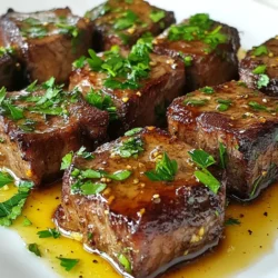 - 450 g Sirloin-Steak, in 2,5 cm große Würfel geschnitten - 3 Esslöffel Honig - 4 Esslöffel Butter, geteilt - 4 Knoblauchzehen, fein gehackt - 1 Esslöffel Sojasauce (reduzierter Salzgehalt) - 1 Teelöffel schwarzer Pfeffer - Salz nach Geschmack - Frische Petersilie, gehackt (zum Garnieren) Für dieses Rezept sind die Hauptzutaten einfach zu finden. Sirloin-Steak ist zart und ideal für kleine Bissen. Honig bringt eine süße Note, die perfekt zum Knoblauch passt. Butter sorgt für einen reichen Geschmack und eine schöne Textur. Ein wenig schwarzer Pfeffer gibt dem Gericht einen tollen Kick. Salz hebt die Aromen der anderen Zutaten hervor. Die Sojasauce fügt eine salzige Tiefe hinzu, die sich gut mit dem Honig mischt. Achten Sie darauf, die Gewürze gleichmäßig zu verteilen, damit jeder Bissen gut gewürzt ist. Frische Petersilie ist nicht nur hübsch, sondern bringt auch einen frischen Geschmack. Sie können auch andere Kräuter wie Schnittlauch oder Koriander verwenden. Servieren Sie die Steakbissen mit einem einfachen Salat oder Reis. Das gibt eine schöne Balance zu den reichen Aromen. Genießen Sie es! {{ingredient_image_2}} Zuerst müssen wir die Steakwürfel vorbereiten. Nehmen Sie 450 g Sirloin-Steak und schneiden Sie es in 2,5 cm große Würfel. Tupfen Sie die Würfel mit einem Papiertuch trocken. Würzen Sie sie dann großzügig mit Salz und schwarzem Pfeffer. Diese Schritte sind wichtig, um den Geschmack zu intensivieren. In einer großen Schüssel kombinieren Sie 3 Esslöffel Honig, 4 Esslöffel Butter, 4 fein gehackte Knoblauchzehen und 1 Esslöffel Sojasauce. Diese Mischung wird die Steakbissen marinieren. Geben Sie die gewürzten Steakbissen in die Schüssel und wenden Sie sie gut. Lassen Sie die Bissen dann etwa 15 Minuten ruhen. So können die Aromen gut einziehen. Erhitzen Sie 2 Esslöffel Butter in einer großen Pfanne bei mittlerer bis hoher Hitze. Warten Sie, bis die Butter geschmolzen und schäumend ist. Fügen Sie dann die marinierten Steakbissen in einer einzigen Schicht hinzu. Achten Sie darauf, die Pfanne nicht zu überfüllen. Braten Sie die Steakbissen 2-3 Minuten auf jeder Seite an. Sie sollten eine goldbraune Kruste entwickeln. Sobald die Bissen schön gebräunt sind, reduzieren Sie die Hitze auf mittlere Stufe. Gießen Sie die restliche Marinade in die Pfanne und kochen Sie für weitere 1-2 Minuten. Dies hilft, die Sauce leicht einzudicken. Nehmen Sie die Pfanne vom Herd und rühren Sie die verbleibenden 2 Esslöffel Butter ein. Warten Sie, bis die Butter geschmolzen und gut vermischt ist. Dies verleiht der Sauce eine herrliche Cremigkeit. Servieren Sie die Steakbissen sofort. Garnieren Sie sie mit frisch gehackter Petersilie. Dies sorgt für einen schönen Farbkontrast und Frische. Genießen Sie diese leckeren Honig-Knoblauch-Butter-Steakbissen! Um das perfekte Steak zu braten, beginne mit gut abgetrocknetem Fleisch. Das Tupfen mit einem Papiertuch entfernt Feuchtigkeit. Die Steakwürfel sollten gleichmäßig mit Salz und Pfeffer gewürzt werden. Erhitze die Pfanne gut, bevor du das Steak hinzufügst. Eine heiße Pfanne sorgt für eine schöne Kruste. Brate die Bissen nicht zu lange, damit sie saftig bleiben. Die Marinierzeit ist wichtig für den Geschmack. 15 Minuten sind ideal für diese Steakbissen. Du kannst die Marinade auch länger einziehen lassen. Wenn du mehr Zeit hast, lasse das Steak bis zu einer Stunde marinieren. Achte darauf, es im Kühlschrank zu lassen. Dadurch bleibt das Fleisch frisch und kühl. Butter gibt den Steakbissen einen reichen Geschmack. Verwende sie am Ende des Bratens. So bleibt die Butter cremig und verleiht der Sauce eine besondere Tiefe. Du kannst auch Olivenöl oder Ghee verwenden. Diese Fette sind hitzebeständig und geben dem Steak eine schöne Textur. Pro Tipps Richtige Temperatur: Stellen Sie sicher, dass das Steak Zimmertemperatur hat, bevor Sie es anbraten. Dadurch wird eine gleichmäßige Garung und eine schönere Kruste erreicht. Marinierzeit: Wenn Sie mehr Zeit haben, lassen Sie die Steakbissen länger in der Marinade ziehen. Dies intensiviert den Geschmack und macht das Fleisch zarter. Butter hinzufügen: Fügen Sie die Butter am Ende des Kochens hinzu, um der Sauce eine cremige Konsistenz zu verleihen. So bleibt der Geschmack frisch und der Buttergeschmack intensiv. Beilagenwahl: Servieren Sie die Steakbissen mit einem frischen Salat oder geröstetem Gemüse für ein ausgewogenes Gericht, das die Aromen wunderbar ergänzt. {{image_4}} Wenn Sie eine vegetarische Option suchen, probieren Sie gebratene Pilze. Champignons oder Portobello sind toll. Schneiden Sie sie in gleich große Stücke. Marinieren Sie sie wie das Steak. Die Honig-Knoblauch-Butter passt hervorragend dazu. Sie können auch Zucchini oder Auberginen verwenden. Diese Gemüse sind sehr schmackhaft und nehmen die Aromen gut auf. Die Honig-Knoblauch-Butter-Steakbissen passen gut zu vielen Beilagen. Servieren Sie sie mit Reis oder Kartoffelpüree. Diese Beilagen nehmen die Soße gut auf. Auch ein frischer Salat ist eine gute Wahl. Er bringt etwas Knackigkeit ins Spiel. Für einen extra Genuss können Sie die Steakbissen auch in Tacos füllen. Fügen Sie etwas Avocado oder Salsa hinzu. Um die Aromen zu ändern, können Sie die Sojasauce anpassen. Probieren Sie Teriyaki- oder Hoisin-Sauce für einen anderen Geschmack. Auch frischer Ingwer kann einen tollen Kick geben. Wenn Sie es schärfer mögen, fügen Sie etwas Chili oder Paprika hinzu. Experimentieren Sie mit Kräutern wie Thymian oder Rosmarin. Diese geben dem Gericht eine ganz neue Note. Um Reste von Honig-Knoblauch-Butter-Steakbissen aufzubewahren, lege sie in einen luftdichten Behälter. Lass die Steakbissen zuerst auf Raumtemperatur abkühlen. Dann decke den Behälter gut ab. So bleiben die Aromen frisch und das Fleisch zart. Du kannst die Reste bis zu drei Tage im Kühlschrank aufbewahren. Um die Steakbissen wieder aufzuwärmen, nimm sie aus dem Kühlschrank. Erhitze eine Pfanne bei mittlerer Hitze. Füge etwas Butter oder Öl hinzu, bevor du die Steakbissen hineingibst. Brate sie 2-3 Minuten lang, bis sie warm sind. So bleiben sie saftig und lecker. Du kannst auch die Mikrowelle nutzen, aber achte darauf, sie nicht zu überhitzen. Die Haltbarkeit der Steakbissen beträgt bis zu drei Tage im Kühlschrank. Du kannst sie auch einfrieren. In einem gefrierfesten Behälter halten sie bis zu drei Monate. Achte darauf, die Bissen gut zu verpacken, um Gefrierbrand zu vermeiden. Wenn du sie auftauen möchtest, lass sie über Nacht im Kühlschrank. Das Steak sollte mindestens 15 Minuten mariniert werden. So ziehen die Aromen gut ein. Wenn Sie mehr Zeit haben, können Sie es sogar bis zu 1 Stunde marinieren. Eine längere Marinierzeit macht das Fleisch zarter und geschmackvoller. Ja, Sie können auch andere Fleischsorten verwenden. Hähnchenbrust oder Schweinefleisch funktionieren gut. Achten Sie darauf, die Marinierzeit entsprechend anzupassen. Zartes Fleisch braucht weniger Zeit, während festeres Fleisch länger marinieren sollte. Zu Steakbissen passen viele Beilagen. Hier sind einige gute Optionen: - Gegrilltes Gemüse - Kartoffelpüree - Reis oder Quinoa - Frischer Salat - Knoblauchbrot Diese Beilagen ergänzen den reichen Geschmack der Steakbissen ideal. In diesem Artikel haben wir die Zutaten, die Zubereitung und hilfreiche Tipps für Honig-Knoblauch-Butter-Steakbissen erkundet. Du hast gelernt, wie du das perfekte Steak bratest und variieren kannst, um neue Aromen zu entdecken. Denk daran, Reste gut aufzubewahren und deinen Gästen köstliche Beilagen anzubieten. Diese leckeren Steakbissen sind einfach zuzubereiten und machen jede Mahlzeit besonders. Trau dich, neue Wege zu gehen und dein Steak-Erlebnis zu verbessern!