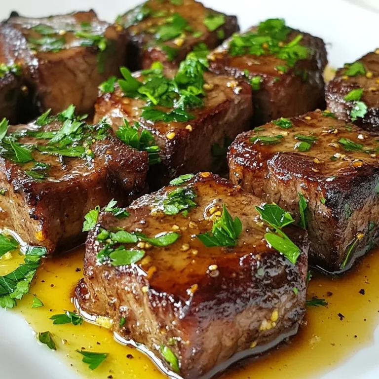 - 450 g Sirloin-Steak, in 2,5 cm große Würfel geschnitten - 3 Esslöffel Honig - 4 Esslöffel Butter, geteilt - 4 Knoblauchzehen, fein gehackt - 1 Esslöffel Sojasauce (reduzierter Salzgehalt) - 1 Teelöffel schwarzer Pfeffer - Salz nach Geschmack - Frische Petersilie, gehackt (zum Garnieren) Für dieses Rezept sind die Hauptzutaten einfach zu finden. Sirloin-Steak ist zart und ideal für kleine Bissen. Honig bringt eine süße Note, die perfekt zum Knoblauch passt. Butter sorgt für einen reichen Geschmack und eine schöne Textur. Ein wenig schwarzer Pfeffer gibt dem Gericht einen tollen Kick. Salz hebt die Aromen der anderen Zutaten hervor. Die Sojasauce fügt eine salzige Tiefe hinzu, die sich gut mit dem Honig mischt. Achten Sie darauf, die Gewürze gleichmäßig zu verteilen, damit jeder Bissen gut gewürzt ist. Frische Petersilie ist nicht nur hübsch, sondern bringt auch einen frischen Geschmack. Sie können auch andere Kräuter wie Schnittlauch oder Koriander verwenden. Servieren Sie die Steakbissen mit einem einfachen Salat oder Reis. Das gibt eine schöne Balance zu den reichen Aromen. Genießen Sie es! {{ingredient_image_2}} Zuerst müssen wir die Steakwürfel vorbereiten. Nehmen Sie 450 g Sirloin-Steak und schneiden Sie es in 2,5 cm große Würfel. Tupfen Sie die Würfel mit einem Papiertuch trocken. Würzen Sie sie dann großzügig mit Salz und schwarzem Pfeffer. Diese Schritte sind wichtig, um den Geschmack zu intensivieren. In einer großen Schüssel kombinieren Sie 3 Esslöffel Honig, 4 Esslöffel Butter, 4 fein gehackte Knoblauchzehen und 1 Esslöffel Sojasauce. Diese Mischung wird die Steakbissen marinieren. Geben Sie die gewürzten Steakbissen in die Schüssel und wenden Sie sie gut. Lassen Sie die Bissen dann etwa 15 Minuten ruhen. So können die Aromen gut einziehen. Erhitzen Sie 2 Esslöffel Butter in einer großen Pfanne bei mittlerer bis hoher Hitze. Warten Sie, bis die Butter geschmolzen und schäumend ist. Fügen Sie dann die marinierten Steakbissen in einer einzigen Schicht hinzu. Achten Sie darauf, die Pfanne nicht zu überfüllen. Braten Sie die Steakbissen 2-3 Minuten auf jeder Seite an. Sie sollten eine goldbraune Kruste entwickeln. Sobald die Bissen schön gebräunt sind, reduzieren Sie die Hitze auf mittlere Stufe. Gießen Sie die restliche Marinade in die Pfanne und kochen Sie für weitere 1-2 Minuten. Dies hilft, die Sauce leicht einzudicken. Nehmen Sie die Pfanne vom Herd und rühren Sie die verbleibenden 2 Esslöffel Butter ein. Warten Sie, bis die Butter geschmolzen und gut vermischt ist. Dies verleiht der Sauce eine herrliche Cremigkeit. Servieren Sie die Steakbissen sofort. Garnieren Sie sie mit frisch gehackter Petersilie. Dies sorgt für einen schönen Farbkontrast und Frische. Genießen Sie diese leckeren Honig-Knoblauch-Butter-Steakbissen! Um das perfekte Steak zu braten, beginne mit gut abgetrocknetem Fleisch. Das Tupfen mit einem Papiertuch entfernt Feuchtigkeit. Die Steakwürfel sollten gleichmäßig mit Salz und Pfeffer gewürzt werden. Erhitze die Pfanne gut, bevor du das Steak hinzufügst. Eine heiße Pfanne sorgt für eine schöne Kruste. Brate die Bissen nicht zu lange, damit sie saftig bleiben. Die Marinierzeit ist wichtig für den Geschmack. 15 Minuten sind ideal für diese Steakbissen. Du kannst die Marinade auch länger einziehen lassen. Wenn du mehr Zeit hast, lasse das Steak bis zu einer Stunde marinieren. Achte darauf, es im Kühlschrank zu lassen. Dadurch bleibt das Fleisch frisch und kühl. Butter gibt den Steakbissen einen reichen Geschmack. Verwende sie am Ende des Bratens. So bleibt die Butter cremig und verleiht der Sauce eine besondere Tiefe. Du kannst auch Olivenöl oder Ghee verwenden. Diese Fette sind hitzebeständig und geben dem Steak eine schöne Textur. Pro Tipps Richtige Temperatur: Stellen Sie sicher, dass das Steak Zimmertemperatur hat, bevor Sie es anbraten. Dadurch wird eine gleichmäßige Garung und eine schönere Kruste erreicht. Marinierzeit: Wenn Sie mehr Zeit haben, lassen Sie die Steakbissen länger in der Marinade ziehen. Dies intensiviert den Geschmack und macht das Fleisch zarter. Butter hinzufügen: Fügen Sie die Butter am Ende des Kochens hinzu, um der Sauce eine cremige Konsistenz zu verleihen. So bleibt der Geschmack frisch und der Buttergeschmack intensiv. Beilagenwahl: Servieren Sie die Steakbissen mit einem frischen Salat oder geröstetem Gemüse für ein ausgewogenes Gericht, das die Aromen wunderbar ergänzt. {{image_4}} Wenn Sie eine vegetarische Option suchen, probieren Sie gebratene Pilze. Champignons oder Portobello sind toll. Schneiden Sie sie in gleich große Stücke. Marinieren Sie sie wie das Steak. Die Honig-Knoblauch-Butter passt hervorragend dazu. Sie können auch Zucchini oder Auberginen verwenden. Diese Gemüse sind sehr schmackhaft und nehmen die Aromen gut auf. Die Honig-Knoblauch-Butter-Steakbissen passen gut zu vielen Beilagen. Servieren Sie sie mit Reis oder Kartoffelpüree. Diese Beilagen nehmen die Soße gut auf. Auch ein frischer Salat ist eine gute Wahl. Er bringt etwas Knackigkeit ins Spiel. Für einen extra Genuss können Sie die Steakbissen auch in Tacos füllen. Fügen Sie etwas Avocado oder Salsa hinzu. Um die Aromen zu ändern, können Sie die Sojasauce anpassen. Probieren Sie Teriyaki- oder Hoisin-Sauce für einen anderen Geschmack. Auch frischer Ingwer kann einen tollen Kick geben. Wenn Sie es schärfer mögen, fügen Sie etwas Chili oder Paprika hinzu. Experimentieren Sie mit Kräutern wie Thymian oder Rosmarin. Diese geben dem Gericht eine ganz neue Note. Um Reste von Honig-Knoblauch-Butter-Steakbissen aufzubewahren, lege sie in einen luftdichten Behälter. Lass die Steakbissen zuerst auf Raumtemperatur abkühlen. Dann decke den Behälter gut ab. So bleiben die Aromen frisch und das Fleisch zart. Du kannst die Reste bis zu drei Tage im Kühlschrank aufbewahren. Um die Steakbissen wieder aufzuwärmen, nimm sie aus dem Kühlschrank. Erhitze eine Pfanne bei mittlerer Hitze. Füge etwas Butter oder Öl hinzu, bevor du die Steakbissen hineingibst. Brate sie 2-3 Minuten lang, bis sie warm sind. So bleiben sie saftig und lecker. Du kannst auch die Mikrowelle nutzen, aber achte darauf, sie nicht zu überhitzen. Die Haltbarkeit der Steakbissen beträgt bis zu drei Tage im Kühlschrank. Du kannst sie auch einfrieren. In einem gefrierfesten Behälter halten sie bis zu drei Monate. Achte darauf, die Bissen gut zu verpacken, um Gefrierbrand zu vermeiden. Wenn du sie auftauen möchtest, lass sie über Nacht im Kühlschrank. Das Steak sollte mindestens 15 Minuten mariniert werden. So ziehen die Aromen gut ein. Wenn Sie mehr Zeit haben, können Sie es sogar bis zu 1 Stunde marinieren. Eine längere Marinierzeit macht das Fleisch zarter und geschmackvoller. Ja, Sie können auch andere Fleischsorten verwenden. Hähnchenbrust oder Schweinefleisch funktionieren gut. Achten Sie darauf, die Marinierzeit entsprechend anzupassen. Zartes Fleisch braucht weniger Zeit, während festeres Fleisch länger marinieren sollte. Zu Steakbissen passen viele Beilagen. Hier sind einige gute Optionen: - Gegrilltes Gemüse - Kartoffelpüree - Reis oder Quinoa - Frischer Salat - Knoblauchbrot Diese Beilagen ergänzen den reichen Geschmack der Steakbissen ideal. In diesem Artikel haben wir die Zutaten, die Zubereitung und hilfreiche Tipps für Honig-Knoblauch-Butter-Steakbissen erkundet. Du hast gelernt, wie du das perfekte Steak bratest und variieren kannst, um neue Aromen zu entdecken. Denk daran, Reste gut aufzubewahren und deinen Gästen köstliche Beilagen anzubieten. Diese leckeren Steakbissen sind einfach zuzubereiten und machen jede Mahlzeit besonders. Trau dich, neue Wege zu gehen und dein Steak-Erlebnis zu verbessern!