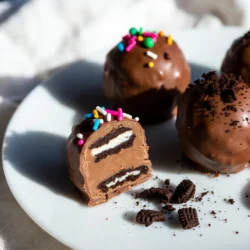 - 1 Packung (400 g) Oreo-Kekse - 225 g Frischkäse, weich - 340 g dunkle Schokoladenstückchen - 1 Esslöffel Kokosöl (optional für eine glattere Konsistenz) Die Hauptzutaten für diese Trüffel sind einfach und leicht zu finden. Die Oreo-Kekse bilden die Basis. Sie geben den Trüffeln ihren typischen Geschmack und die knusprige Textur. Ich empfehle, die Kekse in einer Küchenmaschine zu zerkleinern. So wird es schnell und einfach. Wenn Sie keine Maschine haben, benutzen Sie einen Nudelholz. Legen Sie die Kekse in einen Beutel und rollen Sie darüber. Der Frischkäse sorgt für die cremige Füllung. Er macht die Trüffel zart und lecker. Achten Sie darauf, dass der Frischkäse weich ist. So lässt er sich besser mit den Keksen vermischen. Die dunklen Schokoladenstückchen sind für die Überzugschicht wichtig. Sie geben den Trüffeln ihren schokoladigen Geschmack. Wenn Sie eine glattere Schokolade wollen, können Sie etwas Kokosöl hinzufügen. Das Kokosöl macht die Schokolade glänzender und leichter zu verarbeiten. - Streusel - Zerbröselte Oreos Die Dekoration macht die Trüffel noch schöner. Sie können bunte Streusel verwenden, um einen festlichen Look zu erzielen. Alternativ können Sie zerbröselte Oreos auf die Trüffel streuen. Das gibt einen zusätzlichen Crunch und sieht toll aus. Achten Sie darauf, die Dekoration sofort anzubringen, wenn die Schokolade noch feucht ist. So haftet alles gut. {{ingredient_image_2}} Um die Oreo-Kekse zu zerkleinern, lege sie in eine Küchenmaschine. Mahle sie, bis sie fein sind. Wenn du keine Küchenmaschine hast, kannst du auch einen Nudelholz verwenden. Lege die Kekse in einen wiederverschließbaren Beutel. Rolle dann mit dem Nudelholz darüber, bis sie gut zerbrochen sind. Beide Methoden sind einfach und effektiv. Jetzt vermischst du die zerkleinerten Oreos mit dem Frischkäse. Nimm eine große Schüssel und gebe die Kekse und den Frischkäse hinein. Nutze einen Spatel oder deine Hände, um die Mischung gut zu vermengen. Achte darauf, dass die Konsistenz teigartig wird. Wenn sie zu trocken ist, füge etwas mehr Frischkäse hinzu. Es sollte alles gut zusammenhalten. Nimm etwa einen Esslöffel von der Mischung und forme sie zu einer Kugel. Die ideale Größe ist etwa so groß wie eine Walnuss. Lege die Bällchen auf ein Backblech, das mit Backpapier ausgelegt ist. Achte darauf, genug Platz zwischen den Bällchen zu lassen. Stelle das Blech für 30 Minuten in den Kühlschrank, damit die Bällchen fest werden. Während die Bällchen kühlen, kannst du die Schokolade schmelzen. Gib die dunklen Schokoladenstückchen in eine mikrowellengeeignete Schüssel. Schmelze sie in 30-Sekunden-Intervallen. Rühre zwischen den Intervallen um, bis die Schokolade glatt ist. Wenn du eine glänzende Schokolade möchtest, füge einen Esslöffel Kokosöl hinzu. Das macht die Schokolade schöner und glatter, wenn du die Trüffel überziehst. Die Kühlung ist sehr wichtig für deine Trüffel. Sie hilft, die Mischung fest zu machen. Wenn du die Trüffel nicht kühlst, können sie beim Überziehen zerfallen. Die Kühlung sorgt auch dafür, dass die Schokolade besser haftet. Die Konsistenz der Trüffel wird durch die Kühlung beeinflusst. Nach 30 Minuten im Kühlschrank sind sie fest und gut formbar. So halten sie die Form, wenn du sie in die Schokolade tauchst. Eine gute Kühlung macht den Unterschied zwischen perfekten und matschigen Trüffeln. Es gibt einige häufige Fehler, die du vermeiden solltest. Ein Fehler ist, die Oreo-Kekse nicht genug zu zerkleinern. Wenn die Stücke zu groß sind, wird die Mischung nicht gut. Mahle die Kekse entweder in einer Küchenmaschine oder mit einem Nudelholz, bis sie ganz fein sind. Ein weiterer Fehler ist, die Trüffel nicht lange genug zu kühlen. Wenn du sie zu früh in die Schokolade tauchst, zerfallen sie. Achte darauf, dass sie mindestens 30 Minuten im Kühlschrank sind. Für die perfekte Schokoladenüberzogene Trüffel: - Achte darauf, die Schokolade nicht zu heiß zu schmelzen. - Rühre gut, um Klumpen zu vermeiden. - Tauche die Trüffel schnell, damit die Schokolade nicht zu fest wird. Mit diesen Tipps und Tricks werden deine Schokoladenüberzogenen Oreo-Trüffel ein Hit! Pro Tipps Oreo-Kekse richtig zerkleinern: Für eine gleichmäßige Konsistenz sollten die Oreo-Kekse vollständig pulverisiert werden, bevor sie mit dem Frischkäse vermischt werden. Frischkäse temperieren: Lassen Sie den Frischkäse vor der Verwendung auf Raumtemperatur kommen, um eine bessere Vermischung mit den Keksen zu gewährleisten. Schokolade gleichmäßig schmelzen: Achten Sie darauf, die Schokolade in kurzen Intervallen zu schmelzen und dabei häufig umzurühren, um ein Anbrennen zu vermeiden. Trüffel kühl lagern: Bewahren Sie die fertigen Trüffel in einem luftdichten Behälter im Kühlschrank auf, um ihre Frische zu bewahren. {{image_4}} Schokoladenüberzogene Oreo-Trüffel sind sehr anpassbar. Sie können einfach Aromen hinzufügen. Zum Beispiel schmeckt ein Hauch von Vanille gut dazu. Minze gibt den Trüffeln einen frischen Kick. Für die Aromen mischen Sie einfach ein paar Tropfen in die Oreo-Frischkäse-Mischung. Eine weitere spannende Idee ist, verschiedene Schokoladensorten zu verwenden. Dunkle Schokolade hat einen tiefen Geschmack. Milka oder weiße Schokolade bringen eine süße Note. Experimentieren Sie mit verschiedenen Sorten, um Ihren Favoriten zu finden. Die Präsentation macht viel aus! Sie können die Trüffel auf einem schönen Teller anrichten. Wenn Sie Geschenke machen, nutzen Sie hübsche Boxen. Ein paar Tropfen geschmolzene weiße Schokolade geben den Trüffeln einen eleganten Look. Für saisonale Feiertage können Sie die Dekoration anpassen. Zu Weihnachten passen rote und grüne Streusel. Für Ostern sind bunte Streusel ideal. Lassen Sie Ihrer Kreativität freien Lauf! Um die Schokoladenüberzogenen Oreo-Trüffel frisch zu halten, ist der Kühlschrank der beste Ort. Dort bleiben sie mehrere Tage gut. Die ideale Temperatur liegt bei 4 Grad Celsius. Stellen Sie sicher, dass die Trüffel in einem luftdichten Behälter sind. So vermeiden Sie, dass sie Feuchtigkeit aufnehmen oder andere Gerüche annehmen. Im Kühlschrank halten sich die Trüffel bis zu einer Woche. Wenn Sie sie länger aufbewahren möchten, empfehle ich das Einfrieren. Um die Trüffel einzufrieren, folgen Sie diesen Schritten: 1. Vorbereitung: Lassen Sie die Trüffel zuerst vollständig abkühlen. 2. Verpacken: Legen Sie die Trüffel in einen luftdichten Behälter oder verwenden Sie Gefrierbeutel. Achten Sie darauf, die Trüffel nicht zu stapeln, damit sie nicht kleben bleiben. 3. Einfrieren: Stellen Sie den Behälter in den Gefrierschrank. Die Trüffel können bis zu drei Monate eingefroren werden. Wenn Sie die Trüffel auftauen, legen Sie sie einfach für ein paar Stunden in den Kühlschrank. So bleiben sie frisch und lecker. Vermeiden Sie es, sie bei Raumtemperatur aufzutauen, da dies zu einer matschigen Textur führen könnte. Die Trüffel halten sich im Kühlschrank etwa eine Woche. Lagern Sie sie in einem luftdichten Behälter. So bleiben sie frisch und lecker. Wenn Sie die Trüffel länger aufbewahren möchten, können Sie sie auch einfrieren. Im Gefrierfach bleiben sie bis zu drei Monate gut. Achten Sie darauf, sie in einem geeigneten Behälter zu lagern. Ja, Sie können andere Kekssorten verwenden. Probieren Sie Schokoladenkekse oder Vanillekekse. Diese Alternativen bringen neue Geschmäcker in Ihre Trüffel. Auch glutenfreie Kekse sind möglich, wenn Sie die glutenfreie Variante wählen. Die Grundtechnik bleibt gleich, und das Ergebnis wird lecker sein. Um die Trüffel vegan zu machen, ersetzen Sie den Frischkäse durch veganen Frischkäse. Auch die Schokolade sollte vegan sein. Achten Sie darauf, dass keine tierischen Produkte in den Keksen sind. Diese Anpassungen machen die Trüffel für alle genießbar. Sie bleiben genauso köstlich und cremig. Diese Anleitung hat dir gezeigt, wie du leckere Oreo-Trüffel machst. Wir sind bei den Zutaten gestartet und haben die Schritte zum Zubereiten, Dekorieren und Lagern durchgenommen. Du kannst mit Variationen und Dekorationen kreativ werden. Denke daran, die Kühlung wichtig zu nehmen, um die perfekte Konsistenz zu erreichen. Mit diesen Tipps wirst du großartige Trüffel erstellen. Probiere verschiedene Geschmäcker aus und teile deine Kreationen!