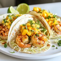- Garnelen: Du brauchst 450 g große Garnelen, geschält und entdarmt. Diese sind die Stars des Gerichts. - Kokosmilch: 240 ml Kokosmilch bringen eine cremige Textur und einen tollen Geschmack. - Limetten und Gewürze: Verwende die Schale und den Saft von 2 Limetten. Füge 1 Teelöffel gemahlenen Kreuzkümmel, Knoblauchpulver und Chilipulver hinzu. Diese Gewürze geben den Garnelen das richtige Aroma. - Tortillas und Kohl: Du benötigst 8 kleine Maistortillas. 1 Tasse fein geschnittene Kohlblätter sorgt für einen knackigen Biss. - Mangosalsa und Koriander: 125 g Mangosalsa, entweder gekauft oder selbstgemacht, bringt fruchtige Süße. Frischer Koriander ist das perfekte Finish für deine Tacos. Diese Zutaten sorgen für ein ausgewogenes und köstliches Gericht. Die Kombination aus Garnelen, Kokosmilch und Limette bringt einen Hauch von tropischem Flair auf deinen Tisch. {{ingredient_image_2}} Zubereitung der Marinade Um die Marinade zu machen, nimm eine mittelgroße Schüssel. Gib die Kokosmilch, die Limettenschale und den Limettensaft hinein. Füge den gemahlenen Kreuzkümmel, das Knoblauchpulver und das Chilipulver hinzu. Rühre alles gut um. Schmecke die Marinade mit Salz und Pfeffer ab. Sie sollte frisch und leicht würzig sein. Einlegen der Garnelen Jetzt kommen die Garnelen ins Spiel. Lege die geschälten und entdarmten Garnelen in die Marinade. Achte darauf, dass jede Garnele gut bedeckt ist. Lass sie für mindestens 15 bis 20 Minuten ziehen. So ziehen die Aromen tief in das Fleisch ein und geben den Garnelen einen tollen Geschmack. Pfanne vorbereiten Heize eine Pfanne auf mittlerer bis hoher Hitze vor. Wenn die Pfanne heiß ist, ist sie bereit für die Garnelen. Das ist wichtig, damit sie schön bräunen und nicht zu viel Flüssigkeit verlieren. Kochzeit und -technik Gib die marinierten Garnelen in die heiße Pfanne. Brate sie für etwa 5 bis 7 Minuten an. Du erkennst, dass sie fertig sind, wenn sie rosa und undurchsichtig werden. Rühre die Garnelen während des Kochens gelegentlich um, damit sie gleichmäßig garen. Alternative Erwärmungsmethoden Du kannst die Tortillas auf verschiedene Arten erwärmen. Eine Methode ist, sie in einer separaten Pfanne leicht zu rösten. Eine andere Möglichkeit ist, sie direkt über einer Flamme zu halten. Das gibt ihnen einen tollen Geschmack. Textur und Flexibilität Die Tortillas sollten weich und biegsam sein. So kannst du sie leicht füllen, ohne dass sie reißen. Achte darauf, sie nicht zu lange zu erhitzen, sonst werden sie knusprig und trocken. Um die Marinade zu verfeinern, mische die Kokosmilch mit Limettensaft und -schale. Füge gemahlenen Kreuzkümmel, Knoblauchpulver und Chilipulver hinzu. Diese Gewürze geben den Garnelen einen tollen Geschmack. Du kannst auch frische Kräuter wie Koriander oder Petersilie einrühren. Diese sorgen für noch mehr Frische in den Tacos. Die optimale Garzeit für Garnelen liegt bei 5 bis 7 Minuten. Achte darauf, die Garnelen nicht zu lange zu kochen. Sie sollten rosa und undurchsichtig sein. Überkochende Garnelen werden gummiartig und verlieren ihren Geschmack. Wenn du sie rechtzeitig herausnimmst, sind sie zart und saftig. Für die Präsentation der Tacos lege sie auf einen großen Teller. Füge Limettenscheiben und eine Schale mit Mangosalsa hinzu. So kann jeder nach Belieben würzen. Du kannst auch frischen Koriander darüber streuen. Das sieht nicht nur gut aus, sondern schmeckt auch lecker. Achte darauf, die Tacos so anzurichten, dass sie einladend aussehen. Pro Tipps Frische Garnelen: Wählen Sie frische oder gefrorene Garnelen auf jeden Fall, um den besten Geschmack zu gewährleisten. Wenn Sie gefrorene Garnelen verwenden, lassen Sie sie über Nacht im Kühlschrank auftauen. Marinierzeit: Je länger die Garnelen in der Marinade ziehen, desto intensiver wird der Geschmack. Lassen Sie sie mindestens 30 Minuten marinieren, wenn Sie die Zeit haben. Tortillas richtig erwärmen: Erwärmen Sie die Tortillas in einer heißen, trockenen Pfanne oder direkt über einer Flamme, um ihre Flexibilität zu erhöhen. So brechen sie nicht, wenn Sie die Tacos füllen. Garnierung: Verwenden Sie zusätzliches frisches Gemüse oder Avocado für mehr Textur und Geschmack. Sie können auch etwas Chili oder Jalapeños für eine schärfere Note hinzufügen. {{image_4}} Wenn du eine vegane Option möchtest, ersetze die Garnelen durch pflanzliche Produkte. Zum Beispiel kannst du Jackfruit oder Tofu verwenden. Diese Zutaten nehmen die Aromen gut auf. Du kannst auch Kichererbsen für mehr Protein nutzen. Mariniere sie wie die Garnelen in der Kokos-Limetten-Mischung. So erhältst du einen leckeren, veganen Taco. Zusätzlich zu Kohl und Mangosalsa kannst du viele Toppings ausprobieren. Ein frischer Avocado-Salat passt gut dazu. Auch eine scharfe Sauce bringt mehr Geschmack. Probiere auch eingelegte Zwiebeln für einen zusätzlichen Kick. Wenn du es gerne knackig magst, füge einige Radieschen hinzu. Diese Extras machen die Tacos noch bunter und schmackhafter. Je nach Region kannst du die Tacos nach deinem Geschmack anpassen. In Mexiko sind frische Pico de Gallo oder Jalapeños beliebt. In der Karibik könntest du Ananas oder Papaya verwenden. Diese Früchte geben dem Gericht eine süße Note. In jedem Fall kannst du die Gewürze anpassen. Experimentiere mit verschiedenen Kräutern und Gewürzen für deinen eigenen Twist. Wenn du noch Garnelen oder Tortillas übrig hast, lagere sie richtig. - Garnelen: Lege die gekochten Garnelen in einen luftdichten Behälter. Du kannst sie bis zu drei Tage im Kühlschrank aufbewahren. - Tortillas: Wickele die Tortillas in Frischhaltefolie oder lege sie in einen Behälter. So bleiben sie frisch und weich. Wenn du die Reste länger aufbewahren möchtest, friere die Garnelen ein. Achte darauf, sie in einem gefrierfesten Beutel zu verpacken. So bleiben sie bis zu drei Monate frisch. Tortillas kannst du auch einfrieren. Lege sie zwischen Schichten von Backpapier in einen luftdichten Beutel. Die Haltbarkeit von Garnelen und Tortillas hängt von der Lagerung ab. - Gekochte Garnelen: Sie bleiben im Kühlschrank bis zu drei Tage frisch. Achte darauf, dass sie gut verpackt sind, um Gerüche zu vermeiden. - Tortillas: Sie können im Kühlschrank bis zu einer Woche haltbar sein. Für beste Qualität, lagere sie an einem kühlen, trockenen Ort. Wenn du diese Tipps befolgst, hast du immer leckere Reste für einen schnellen Snack oder eine leichte Mahlzeit. So kannst du die köstlichen Aromen deiner Coconut Lime Shrimp Tacos immer wieder genießen! Um die Garnelen würziger zu machen, füge mehr Gewürze hinzu. Eine gute Wahl ist Paprika. Sie gibt einen feinen Rauchgeschmack. Du kannst auch frischen Ingwer verwenden, um mehr Tiefe zu erreichen. Wenn du es schärfer magst, probiere frische Chilischoten oder Cayennepfeffer. Eine Prise Zucker kann die Aromen in der Marinade ausbalancieren. Die Garnelen sollten mindestens 15-20 Minuten marinieren. So ziehen die Aromen gut ein. Wenn du mehr Zeit hast, kannst du die Garnelen bis zu 1 Stunde marinieren. Zu langes Marinieren kann die Textur der Garnelen verändern. Prüfe sie immer, bevor du sie kochst. Ja, du kannst die Tortillas im Ofen erhitzen. Lege sie auf ein Backblech und heize den Ofen auf 180 Grad Celsius vor. Backe sie für 5-7 Minuten. Das macht sie warm und leicht knusprig. Alternativ kannst du sie in einer Pfanne oder über einer Flamme erhitzen. So bleiben sie weich und biegsam. In diesem Blogbeitrag haben wir die wichtigsten Zutaten für leckere Garnelen-Tacos erforscht. Du hast gelernt, wie man Garnelen marinieren und anbraten kann. Zudem haben wir nützliche Tipps zur perfekten Lagerung der Reste geteilt. Denke daran, kreativ zu sein! Probiere verschiedene Toppings oder sogar vegane Alternativen aus. So machst du jede Taco-Session einzigartig und schmackhaft. Experimentiere und genieße einfach jeden Bissen!