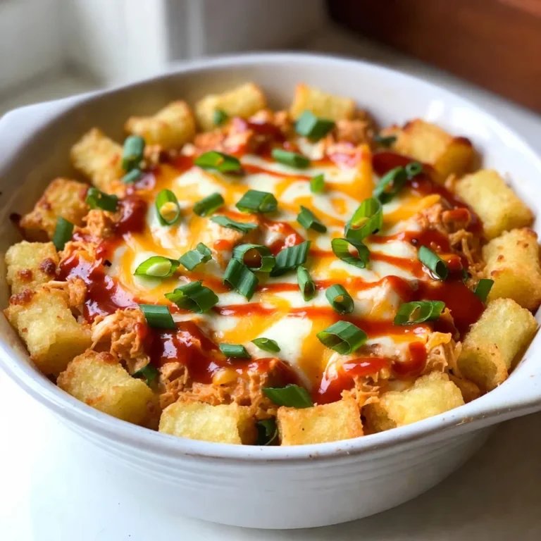 - 2 Tassen zerkleinertes Hühnchen - 1 Tasse Buffalo-Sauce - 1 Tasse Ranch-Dressing - 1 Tasse geriebener Cheddar-Käse - 1 Tasse geriebener Mozzarella-Käse - 2 Tassen Tater Tots - 1/2 Tasse gewürfelte Sellerie - 1/2 Tasse gewürfelte Frühlingszwiebeln - Salz und Pfeffer nach Geschmack Ich liebe, wie einfach dieses Rezept ist! Zuerst brauchen wir Hühnchen. Zerkleinertes, gekochtes Hühnchen passt perfekt. Es gibt keinen besseren Grund, Reste zu verwenden. Die Buffalo-Sauce bringt den Kick, den wir wollen. Ich empfehle eine milde bis mittlere Sauce, um den Geschmack zu steuern. Das Ranch-Dressing sorgt für einen tollen Kontrast. Für den Käse verwenden wir Cheddar und Mozzarella. Beide schmelzen wunderbar und geben viel Geschmack. Tater Tots sind das Herzstück. Sie sorgen für die knusprige Textur, die jeder liebt. Die Sellerie und Frühlingszwiebeln bringen Frische. Sie fügen einen tollen Crunch hinzu und sind wichtig für das Gesamtbild. Vergessen Sie nicht, Salz und Pfeffer nach Geschmack hinzuzufügen. So schmeckt das Gericht noch besser. Das Zusammenstellen dieser Zutaten macht großen Spaß! Machen Sie sich bereit, zu mixen und zu backen. {{ingredient_image_2}} - Heize deinen Ofen auf 200°C vor. - Bereite alle Zutaten vor und kombiniere sie in einer großen Schüssel. Füge das zerkleinerte Hühnchen, die Buffalo-Sauce, das Ranch-Dressing, die gewürfelte Sellerie, Salz und Pfeffer hinzu. Rühre alles gut um, bis die Mischung gleichmäßig verteilt ist. - Fette eine 23x33 cm große Auflaufform leicht ein. Verteile die Hälfte der Tater Tots gleichmäßig am Boden der Form. - Gieße die Buffalo-Hühnchen-Mischung über die Tater Tots. Achte darauf, dass die Mischung gleichmäßig verteilt ist. - Bestreue die Mischung mit der Hälfte des geriebenen Cheddars und der Hälfte des Mozzarellas. - Lege die restlichen Tater Tots gleichmäßig über den Käse. Decke alles mit dem restlichen Cheddar und Mozzarella ab. - Backe das Gericht im vorgeheizten Ofen für 25 bis 30 Minuten. Achte darauf, dass die Tater Tots goldbraun und knusprig sind und der Käse geschmolzen ist. - Nimm den Auflauf aus dem Ofen und lasse ihn etwa 5 Minuten abkühlen. Serviere ihn warm, garniert mit gewürfelten Frühlingszwiebeln und einem Spritzer Buffalo-Sauce, wenn du magst. Um die beste Konsistenz zu erreichen, ist die richtige Kombination der Zutaten wichtig. Verwende gut gekochtes Hühnchen und achte darauf, dass die Buffalo-Sauce und das Ranch-Dressing gut gemischt sind. Diese Mischung macht den Auflauf saftig und lecker. Die Backzeit und Temperatur sind ebenfalls entscheidend. Backe den Auflauf bei 200°C für 25 bis 30 Minuten. Achte darauf, dass die Tater Tots goldbraun und knusprig sind. Nachdem du den Auflauf aus dem Ofen nimmst, garniere ihn mit gewürfelten Frühlingszwiebeln. Ein Spritzer Buffalo-Sauce oben drauf sieht toll aus und schmeckt gut. Serviere den Auflauf heiß, direkt aus der Form. Ein frischer grüner Salat oder eine Schüssel mit extra Ranch-Dressing passt perfekt dazu. Falls du Reste hast, gibt es viele Möglichkeiten zur Wiederverwendung. Du kannst den Auflauf in einer Mikrowelle aufwärmen. Füge etwas frisches Gemüse hinzu, um ihn wieder aufzufrischen. Alternativ kannst du die Reste in ein Sandwich stecken oder als Füllung für Wraps verwenden. Pro Tipps Hühnchen marinieren: Lassen Sie das Hühnchen in der Buffalo-Sauce für mindestens 30 Minuten marinieren, um den Geschmack zu intensivieren. Knusprige Tater Tots: Für extra knusprige Tater Tots, backen Sie diese vor dem Hinzufügen in den Auflauf 10 Minuten lang vor. Variationen bei den Käsesorten: Experimentieren Sie mit verschiedenen Käsesorten wie Gouda oder Pepper Jack für einen extra Kick an Geschmack. Frische Kräuter hinzufügen: Fügen Sie frische Kräuter wie Petersilie oder Koriander vor dem Servieren hinzu, um das Gericht frisch und aromatisch zu halten. {{image_4}} Für eine vegetarische Variante kannst du das Hühnchen durch Blumenkohl ersetzen. Blumenkohl hat eine tolle Textur und nimmt die Aromen gut auf. Du kannst auch Bohnen oder Linsen verwenden, um einen eiweißreichen Auflauf zu machen. Wenn es um Gewürze und Saucen geht, probiere verschiedene Buffalo-Saucen aus. Manche mögen es scharf, andere bevorzugen milde Geschmäcker. Du kannst auch BBQ-Sauce anstelle von Buffalo-Sauce verwenden. Das gibt dem Gericht eine süßere Note. Du kannst andere Käsesorten verwenden, um den Geschmack zu verändern. Gouda oder Pepper Jack geben deinem Auflauf eine neue Note. Mische verschiedene Käsesorten für mehr Tiefe. Eine Kombination aus Cheddar, Mozzarella und einem scharfen Käse macht das Gericht besonders lecker. Serviere den Auflauf mit einem frischen grünen Salat. Das bringt Farbe und Vitamine auf den Tisch. Auch etwas knuspriges Brot passt gut dazu. Für Dips kannst du Ranch-Dressing oder eine scharfe Salsa anbieten. Diese Dips ergänzen die Aromen des Auflaufs wunderbar. Eine cremige Avocado-Dip ist auch eine tolle Wahl. Wenn Sie Reste haben, lassen Sie den Auflauf zuerst abkühlen. Decken Sie die Form mit Frischhaltefolie oder Aluminiumfolie ab. Sie können den Auflauf bis zu drei Tage im Kühlschrank aufbewahren. Achten Sie darauf, dass die Reste gut abgedeckt sind, damit sie frisch bleiben. Die Zutaten halten unterschiedlich lange. Gekochtes Hühnchen bleibt etwa drei bis vier Tage frisch. Die Käsesorten und die Buffalo-Sauce sind ebenfalls bis zu einer Woche haltbar. Um den Auflauf einzufrieren, lassen Sie ihn zuerst vollständig abkühlen. Teilen Sie ihn in Portionen auf, damit Sie nur nehmen, was Sie brauchen. Verwenden Sie gefriergeeignete Behälter oder Frischhaltefolie. So bleibt der Auflauf bis zu drei Monate haltbar. Wenn Sie den Auflauf auftauen, stellen Sie ihn über Nacht in den Kühlschrank. Dies hilft, die Textur zu bewahren. Zum Aufwärmen können Sie ihn in den Ofen stellen oder in der Mikrowelle erhitzen. Die besten Methoden zum Aufwärmen sind der Ofen oder die Mikrowelle. Im Ofen bleibt der Auflauf knusprig. Heizen Sie den Ofen auf 175°C vor. Decken Sie den Auflauf mit Aluminiumfolie ab, um ihn gleichmäßig zu erwärmen. Vermeiden Sie trockene Zutaten, indem Sie ein wenig Brühe oder Wasser zum Auflauf geben, bevor Sie ihn aufwärmen. So bleibt er saftig und lecker. Die Zubereitung dauert insgesamt 45 Minuten. Dazu gehören 15 Minuten für die Vorbereitung. Das Backen im Ofen dauert 25 bis 30 Minuten. Es ist ein einfaches Rezept, das schnell geht. Ja, frisches Hühnchen ist eine gute Wahl. Kochen Sie das Hühnchen zuerst. Sie können es in einer Pfanne braten oder im Ofen backen. Lassen Sie es abkühlen und zerkleinern Sie es dann. Frisches Hühnchen gibt dem Auflauf einen tollen Geschmack. Wenn Sie keine Tater Tots haben, können Sie Kartoffelpüree verwenden. Sie können auch gewürfelte Kartoffeln oder Pommes Frites nehmen. Diese Alternativen sind lecker und machen das Gericht trotzdem knusprig. Dieser Auflauf ist einfach zuzubereiten und voller Geschmack. Wir haben Hühnchen, Käse und Tater Tots verwendet, um ein leckeres Gericht zu kreieren. Die Schritte sind leicht nachvollziehbar. Das Rezept ist flexibel und lässt sich an deinen Geschmack anpassen. Denke daran, Reste gut zu lagern oder einzufrieren. So bleibt der Auflauf frisch und lecker. Probiere es aus und verwandle dein nächstes Essen in ein Highlight!