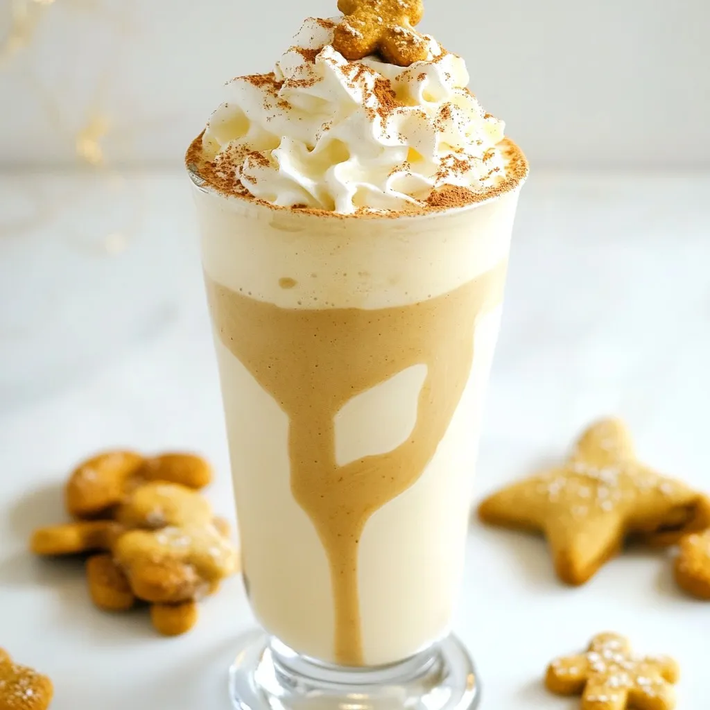 Für einen leckeren Gingerbread Latte Milkshake brauchst du: - 2 Tassen Vanilleeis - 1 Tasse Milch - 1 Esslöffel Lebkuchensirup - 1 Teelöffel gemahlenen Zimt - 1/2 Teelöffel gemahlenen Ingwer - 1/4 Teelöffel Muskatnuss - Schlagsahne zum Garnieren - Lebkuchen für die Dekoration - Ein Hauch von Zimt zum Bestäuben Diese Zutaten machen den Milchshake cremig und voll im Geschmack. Vanilleeis bringt Süße und eine tolle Konsistenz. Lebkuchensirup gibt den besonderen Wintergeschmack. Gewürze wie Zimt und Ingwer sorgen für eine angenehme Schärfe. Wenn du auf Zucker verzichten möchtest, gibt es gute Alternativen. Du kannst Honig oder Agavendicksaft verwenden. Auch Kokosblütenzucker ist eine tolle Wahl. Für Gewürze probiere Muskatnuss oder Piment. Diese bringen neue Aromen in deinen Milchshake. Ich empfehle, Vollmilch zu verwenden. Sie macht den Milchshake reichhaltiger. Für eine leichtere Version nimm fettarme Milch. Wenn du vegan lebst, nutze pflanzliche Milch. Mandeldrink oder Hafermilch sind ausgezeichnete Optionen. Für das Eis kannst du auch veganes Eis wählen. Das sorgt für den gleichen cremigen Effekt. {{ingredient_image_2}} Um einen tollen Gingerbread Latte Milchshake zu machen, beginne mit den Zutaten. Du brauchst: - 2 Tassen Vanilleeis - 1 Tasse Milch - 1 Esslöffel Lebkuchensirup - 1 Teelöffel gemahlener Zimt - 1/2 Teelöffel gemahlener Ingwer - 1/4 Teelöffel Muskatnuss - Schlagsahne zur Garnierung - Lebkuchen für die Dekoration - Ein Hauch von Zimt zum Bestäuben Stelle sicher, dass die Zutaten bereitstehen. Das macht das Mixen einfacher und schneller. Jetzt kommt der Spaß! Gib das Vanilleeis, die Milch, den Lebkuchensirup und die Gewürze in den Mixer. Mixe alles auf hoher Stufe. Das Ziel ist eine glatte und cremige Konsistenz. Wenn der Milchshake zu dick ist, füge mehr Milch hinzu. Mixe weiter, bis alles gut vermischt ist. Das Aroma der Gewürze wird dein Zuhause erfüllen! Jetzt probiere den Milchshake. Magst du es süßer? Füge mehr Lebkuchensirup hinzu. Willst du mehr Würze? Ein wenig mehr Zimt oder Ingwer kann helfen. Jeder hat andere Vorlieben. Mache den Milchshake nach deinem Geschmack. Wenn du zufrieden bist, gieße ihn in große Gläser. Garniere die Milchshakes mit viel Schlagsahne. Zerbrösele Lebkuchen darüber und bestäube sie mit Zimt. Dieser Schritt bringt den letzten Schliff! Um Zeit zu sparen, kannst du einige Zutaten bereits vorbereiten. Nutze Fertigprodukte wie Lebkuchensirup. Das spart dir die Zeit des Selbermachens. Du kannst auch das Vanilleeis vorher portionieren. So hast du alles bereit, wenn du deinen Milchshake zubereitest. Für die beste Konsistenz ist der Mixer wichtig. Beginne mit niedriger Geschwindigkeit, damit die Zutaten gut vermengt werden. Erhöhe dann die Geschwindigkeit auf hoch. Mixe, bis alles glatt ist. Ist der Milchshake zu dick? Füge einfach mehr Milch hinzu. Mixe dann erneut. So bekommst du eine cremige Textur. Die Garnitur macht den Milchshake besonders. Verwende viel Schlagsahne für einen schönen Effekt. Brösele Lebkuchen darauf. Das sieht toll aus und gibt einen schönen Geschmack. Bestäube das Ganze mit Zimt für das letzte Finish. Nutze festliche Strohhalme, um das Getränk noch ansprechender zu machen. Stelle einen ganzen Lebkuchen an den Rand des Glases für einen fröhlichen Touch. Pro Tipps Wahl des Sirups: Verwende hochwertigen Lebkuchensirup für den besten Geschmack. Selbstgemachter Sirup kann zusätzlich personalisiert werden. Milchshake-Konsistenz: Achte darauf, die Milch nach Bedarf hinzuzufügen, um die gewünschte Konsistenz zu erreichen. Ein cremiger Milchshake macht das Trinken angenehmer. Dekoration: Experimentiere mit verschiedenen Lebkuchensorten für die Dekoration. Das bringt nicht nur Abwechslung, sondern auch verschiedene Geschmäcker in dein Getränk. Festliche Präsentation: Verwende bunte Strohhalme und einen ganzen Lebkuchen an den Gläsern, um jedem Milchshake eine festliche Note zu verleihen. {{image_4}} Du kannst diesen Milchshake leicht vegan machen. Ersetze einfach die Milch durch pflanzliche Milch wie Mandel- oder Hafermilch. Nutze veganes Eis, das auf Kokos- oder Mandelbasis ist. Der Lebkuchensirup ist oft vegan, aber schau zur Sicherheit auf die Zutatenliste. So kannst du den vollen Geschmack genießen, ohne tierische Produkte zu verwenden. Für einen besonderen Twist füge etwas Vanilleextrakt hinzu. Ein Teelöffel wird den Geschmack stark verbessern. Du kannst auch ein wenig Kakaopulver einstreuen, um eine schokoladige Note zu erhalten. Probier auch, einen Schuss Espresso für mehr Koffein hinzuzufügen. Das bringt mehr Tiefe in den Geschmack. Mach deinen Milchshake aufregender mit einem Schuss Rum oder Kahlúa für die Erwachsenen. Diese alkoholischen Optionen passen gut zu den Gewürzen im Milchshake. Für eine alkoholfreie Version kannst du aromatisierte Sirups verwenden. Zum Beispiel, einen Haselnuss- oder Karamellsirup. Diese Variationen geben dir noch mehr Möglichkeiten, deinen perfekten Milchshake zu kreieren. Wenn du Milchshake übrig hast, lagere ihn in einem luftdichten Behälter. So bleibt er frisch. Stelle den Behälter in den Kühlschrank. Ich empfehle, den Milchshake innerhalb von zwei Tagen zu trinken. Der Geschmack bleibt so am besten. Wenn du länger auf den Genuss warten möchtest, friere den Milchshake ein. Gieße ihn in Eiswürfelformen oder einen gefrierfesten Behälter. So kannst du ihn später einfach wieder mixen. Lass ihn vor dem Servieren etwas antauen. Dadurch wird der Milchshake cremiger. Die Zutaten haben unterschiedliche Haltbarkeiten. Vanilleeis bleibt im Gefrierschrank etwa zwei bis drei Monate frisch. Milch solltest du innerhalb von fünf bis sieben Tagen verbrauchen. Gewürze wie Zimt und Ingwer halten sich lange, aber achte auf das Haltbarkeitsdatum. Frische ist wichtig für den besten Geschmack. Du kannst den Geschmack leicht anpassen. Füge mehr Lebkuchensirup hinzu, um es süßer zu machen. Möchtest du mehr Würze? Dann gib einfach mehr Zimt oder Ingwer dazu. Probiere es aus, bis es dir gefällt. Jeder hat einen anderen Geschmack, also sei kreativ! Ja, du kannst deinen eigenen Lebkuchensirup machen! Mische einfach Zucker, Wasser, Zimt, Ingwer, Muskatnuss und einen Hauch von Vanille. Koche die Mischung, bis der Zucker sich auflöst. Lass es dann abkühlen. Du hast jetzt frischen, selbstgemachten Sirup für deinen Milchshake! Die besten Zutaten findest du in einem gut sortierten Supermarkt. Achte auf frische Gewürze und qualitativ hochwertige Vanilleeis. Besondere Zutaten wie Lebkuchensirup gibt es oft in saisonalen Abteilungen oder Online-Shops. Wenn du lokale Märkte in deiner Nähe hast, schau dort vorbei! Der Gingerbread Latte Milkshake ist eine köstliche Mischung aus speziellen Zutaten. Du hast gelernt, wie man ihn zubereitet und anpassen kann. Tipps und Tricks helfen dir, Zeit zu sparen und den perfekten Mix zu erreichen. Du kannst Variationen ausprobieren, sogar vegane Optionen. Achte beim Lagern darauf, dass der Shake frisch bleibt. Nimm dir diese Infos zu Herzen. Experimentiere mit Aromen und finde deine Lieblingsversion dieses leckeren Milchshakes!