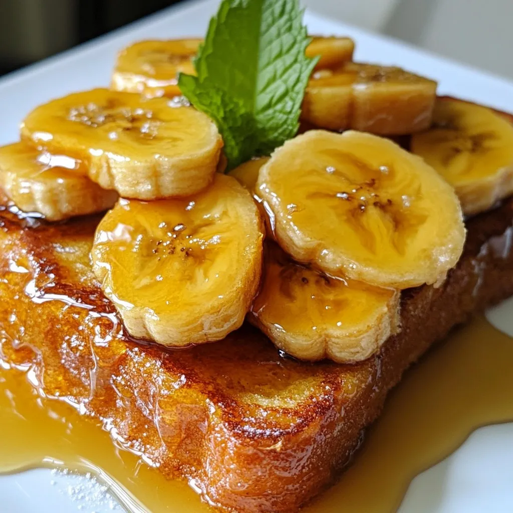 - 4 Scheiben dick geschnittenes Brot (z. B. Brioche oder Challah) - 2 reife Bananen, in Scheiben geschnitten - 2 Esslöffel ungesalzene Butter - 2 Esslöffel brauner Zucker - 3 große Eier - 1/2 Tasse Vollmilch - 1 Teelöffel Vanilleextrakt - 1/2 Teelöffel gemahlener Zimt - Eine Prise Salz - Ahornsirup zum Servieren - Frische Minzblätter zur Garnitur (optional) Die Hauptzutaten sind einfach zu finden. Dickes Brot wie Brioche oder Challah gibt dem Toast eine weiche Textur. Reife Bananen sind wichtig für die Süße. Butter und brauner Zucker sorgen für die Karamellisierung. Diese Zutaten machen das Gericht besonders lecker. - Eine große Pfanne - Eine flache Schüssel - Ein Schneebesen oder eine Gabel - Ein Pfannenwender - Ein scharfes Messer Diese Utensilien helfen dir, den Karamellisierte Bananen-Toast einfach zuzubereiten. Die Pfanne ist wichtig, um die Bananen zu karamellisieren. Mit der flachen Schüssel mixst du die Eier und die Milch. Ein scharfes Messer schneidet die Bananen leicht. Wenn du keine Brioche oder Challah hast, kannst du auch anderes Brot verwenden. Weißbrot oder Vollkornbrot sind gute Optionen. Für eine laktosefreie Version nimm laktosefreie Milch. Du kannst auch Agavendicksaft anstelle von braunem Zucker nutzen. Diese Alternativen machen das Rezept flexibel. {{ingredient_image_2}} Zuerst schneide die Bananen in Scheiben. Du brauchst zwei reife Bananen für diesen Schritt. Wähle Bananen, die leicht weich sind. Diese sind süßer und eignen sich besser zum Karamellisieren. Erhitze eine Pfanne bei mittlerer Hitze. Lass zwei Esslöffel ungesalzene Butter darin schmelzen. Sobald die Butter geschmolzen ist, füge zwei Esslöffel braunen Zucker hinzu. Rühre die Mischung, bis der Zucker komplett aufgelöst ist. Jetzt gib die geschnittenen Bananen in die Pfanne. Brate sie für etwa drei bis vier Minuten. Du wirst sehen, wie sie goldbraun werden. Nimm die Pfanne dann vom Herd und stelle sie beiseite. Für die Eimischung benötigst du drei große Eier. Schlage sie in eine flache Schüssel. Füge 1/2 Tasse Vollmilch hinzu. Der Milch macht das Toast schön weich. Gib nun einen Teelöffel Vanilleextrakt und 1/2 Teelöffel gemahlenen Zimt dazu. Eine Prise Salz hilft, die Aromen zu heben. Verquirle alles gut, bis die Mischung gleichmäßig ist. Heize eine beschichtete Pfanne oder Grillplatte bei mittlerer Hitze vor. Tauche jede Scheibe Brot in die Eimischung. Lass sie kurz einweichen, aber nicht zu lange. Lege die eingeweichten Brotscheiben in die Pfanne. Brate sie etwa zwei bis drei Minuten pro Seite. Sie sollten goldbraun und durchgegart sein. Serviere das französische Toast heiß. Garniere es mit den karamellisierten Bananen. Beträufle es mit Ahornsirup. Frische Minzblätter sind eine tolle Dekoration. Um die Bananen perfekt zu karamellisieren, beginne mit einer heißen Pfanne. Schmelze die Butter, bevor du den braunen Zucker hinzufügst. Rühre den Zucker, bis er sich auflöst. Achte darauf, die Bananen nicht zu früh hinzuzufügen. Sie sollten erst in die Pfanne, wenn der Zucker blubbert. Lass die Bananen 3-4 Minuten braten. Wende sie vorsichtig, damit sie gleichmäßig karamellisieren. Das Ziel ist, dass sie weich und leicht goldbraun sind. Für das perfekte französische Toast ist eine gute Hitze wichtig. Heize die Pfanne bei mittlerer Hitze vor. Tauche das Brot nur kurz in die Eimischung. So bleibt es fest und wird nicht matschig. Brate jede Seite 2-3 Minuten. Goldbraun ist der Schlüssel. Wenn du die Toastscheiben zubereitest, achte darauf, sie nicht zu überfüllen. So haben sie genug Platz, um schön zu bräunen. Serviere den karamellisierten Bananen-Toast heiß. Ein Spritzer Ahornsirup macht ihn noch besser. Frische Minzblätter bringen Farbe und Frische. Du kannst auch Nüsse oder Schlagsahne hinzufügen. Diese Zutaten machen das Gericht noch köstlicher. Experimentiere mit verschiedenen Garnierungen, um deinen eigenen Stil zu finden. Pro Tipps Brotwahl: Verwende dicke Scheiben von Brioche oder Challah, um die perfekte Textur und den Geschmack zu erzielen. Karamellisieren: Achte darauf, die Bananen bei mittlerer Hitze zu karamellisieren, damit sie nicht anbrennen und die Süße sich entfalten kann. Eintauchzeit: Tauche das Brot nur kurz in die Eiermischung, um ein Durchweichen zu vermeiden und eine schöne Kruste zu erhalten. Servieren: Serviere das Gericht sofort nach dem Braten, damit das französische Toast warm und knusprig bleibt. {{image_4}} Du kannst diesen köstlichen französischen Toast vegan machen. Verwende pflanzliche Milch wie Mandel- oder Hafermilch. Statt Eiern nimmst du eine Mischung aus Leinsamen und Wasser. Mische einen Esslöffel Leinsamen mit drei Esslöffeln Wasser. Lass es für fünf Minuten stehen, bis es dick wird. Für die Karamellisierung kannst du Kokosöl anstelle von Butter nutzen. Das gibt einen tollen Geschmack. Für glutenfreie Varianten nimmst du glutenfreies Brot. Achte darauf, dass es dick genug ist, damit es gut hält. Du kannst auch Mandelmehl oder Kokosmehl verwenden, um die Eimischung zu binden. Das hilft, die richtige Konsistenz zu erreichen. Das Ergebnis wird trotzdem lecker und fluffig. Sei kreativ mit deinen Toppings! Probiere frische Beeren, Nüsse oder Joghurt. Du kannst auch einen Hauch Erdnussbutter oder Schokoladensoße hinzufügen. Diese Optionen verleihen deinem Toast noch mehr Geschmack. Für die Füllung sind auch Frischkäse oder Mascarpone eine tolle Wahl. So wird dein Karamellisierter Bananen-Toast noch besonderer. Wenn du Reste von deinem karamellisierten Bananen-Toast hast, bewahre sie in einem luftdichten Behälter auf. So bleibt der Toast frisch. Du kannst ihn bis zu drei Tage im Kühlschrank lagern. Wenn du ihn länger aufbewahren möchtest, friere ihn ein. Wickel jede Scheibe in Frischhaltefolie und lege sie in einen Gefrierbeutel. So bleibt die Qualität bis zu drei Monate erhalten. Um den Toast wieder aufzuwärmen, nutze einen Toaster oder eine Pfanne. Im Toaster wird er knusprig. In der Pfanne erhitze ihn bei niedriger Hitze. Lege einen Deckel auf die Pfanne, um die Wärme zu halten. So bleibt er saftig und lecker. Achte darauf, dass du ihn nicht zu lange erhitzt, damit er nicht trocken wird. Die Haltbarkeit der Zutaten variiert. Reife Bananen sind etwa zwei bis sieben Tage haltbar, je nach Reifegrad. Eier bleiben im Kühlschrank etwa drei bis fünf Wochen frisch. Vollmilch sollte innerhalb einer Woche nach dem Öffnen verbraucht werden. Brauner Zucker bleibt in einem luftdichten Behälter nahezu unbegrenzt haltbar. Achte auf die Haltbarkeitsdaten, um die besten Ergebnisse zu erzielen. Du kannst das Rezept leicht anpassen. Zum Beispiel, wenn du keine Zimt magst, lasse ihn weg. Du kannst auch etwas Kokosmilch anstelle der Vollmilch verwenden. Wenn du eine süßere Note willst, füge mehr braunen Zucker hinzu. Für einen fruchtigen Twist, probiere frische Beeren oder Äpfel. Wenn du Brioche oder Challah nicht hast, gibt es Alternativen. Normales Weißbrot funktioniert gut, aber auch Vollkornbrot. Glutenfreies Brot ist eine gute Wahl für glutenfreie Optionen. Sogar Croissants können eine leckere Variante sein, wenn du etwas Besonderes möchtest. Die gesamte Zubereitungszeit beträgt etwa 25 Minuten. Die Vorbereitungszeit ist schnell und dauert nur 10 Minuten. Das Kochen des Toasts braucht etwa 15 Minuten. So hast du in kurzer Zeit ein leckeres Frühstück. Zusammengefasst haben wir die Hauptzutaten, Werkzeuge und Alternativen für karamellisierten Bananen-Toast besprochen. Ich habe dir auch eine klare Schritt-für-Schritt-Anleitung gegeben, um die Zubereitung einfach zu machen. Tipps für die perfekte Karamellisierung und Abwandlungen für verschiedene Diäten wurden geteilt. Vergiss nicht, wie du Reste lagern und das Rezept anpassen kannst. Probiere es aus und kreiere deinen eigenen Toast-Genuss!