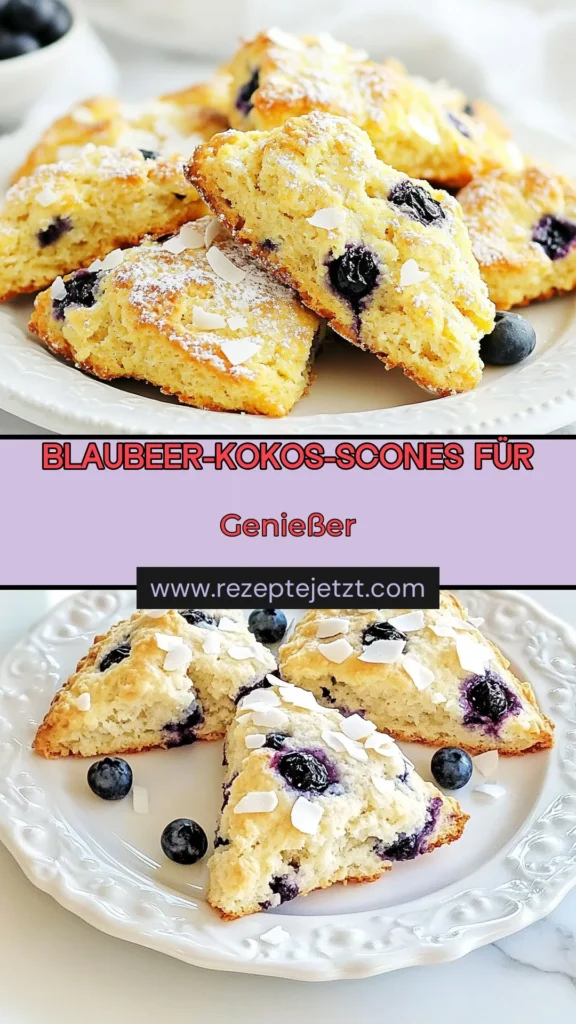 Entdecke dieses köstliche Scones Rezept für Blaubeer-Kokos-Scones! Diese einfachen Scones backen sich schnell und verbinden den herben Geschmack von frischen Blaubeeren in Gebäck mit dem exotischen Aroma der Kokosraspel. Verwende Kokosraspel für die perfekte Textur und genieße diese leckeren Scones als Teil deines Frühstücks oder Snacks. Jetzt ausprobieren und lieben lernen! #BlaubeerKokosScones #SconesRezept #KokosraspelVerwenden #EinfacheSconesBacken